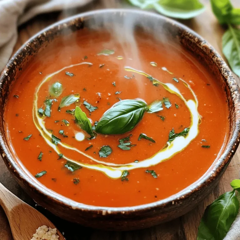 To make creamy tomato basil soup, you need a few key items. Here’s what to gather: - 2 tablespoons olive oil - 1 medium onion, chopped - 3 cloves garlic, minced - 2 cans (14 oz each) crushed tomatoes - 1 cup vegetable broth - 1 teaspoon sugar - Salt and pepper to taste - 1 cup heavy cream or coconut cream (for a vegan option) - 1/4 cup fresh basil leaves, chopped These ingredients blend together to create a rich and tasty soup. Each item plays a role in building flavor. If you want to kick up the taste, consider adding these optional ingredients: - 1 teaspoon dried Italian herbs - A pinch of red pepper flakes for heat Adding these can enhance the soup's flavor and make it even more delightful. You may need to adjust ingredients based on dietary needs. Here are some ideas: - Use coconut cream instead of heavy cream for a vegan option. - Swap vegetable broth with chicken broth if you prefer. - For a low-sodium diet, choose low-sodium broth and skip added salt. These substitutions will still give you a delicious soup while meeting your needs. For the full recipe, check out the [Full Recipe]. To start, gather all your ingredients. You will need: - 2 tablespoons olive oil - 1 medium onion, chopped - 3 cloves garlic, minced - 2 cans (14 oz each) crushed tomatoes - 1 cup vegetable broth - 1 teaspoon sugar - Salt and pepper to taste - 1 cup heavy cream or coconut cream - 1/4 cup fresh basil leaves, chopped - 1 teaspoon dried Italian herbs (optional) Next, chop the onion and mince the garlic. Make sure you have your measuring cups ready. This will help keep the process smooth and easy. Now, let's get cooking. Heat the olive oil in a large pot over medium heat. Add the chopped onion and sauté it for about 5 minutes. You want it to look translucent but not brown. Once the onion is ready, stir in the minced garlic. Cook it for 1-2 minutes until it smells great. Then, pour in the crushed tomatoes and vegetable broth. Add the sugar, salt, and pepper to taste. Bring the mixture to a gentle simmer. Let it cook for about 15 minutes. This helps all the flavors mix well. After that, use an immersion blender to puree the soup. If you don’t have one, you can carefully transfer it to a regular blender in batches. Once the soup is smooth, stir in the heavy cream or coconut cream. Let it simmer for another 5 minutes. Finally, add the chopped basil and Italian herbs. Mix it all well and taste it to adjust the seasoning if needed. Now it’s time to serve! Pour the soup into bowls while it’s hot. You can garnish it with extra basil leaves or a drizzle of cream. This adds a nice touch and makes it look appealing. Enjoy your creamy tomato basil bliss! You can find the full recipe for more details. To get the best texture, blend the soup well. Use an immersion blender for smoothness. If you prefer some chunks, blend just half. This gives a nice balance. Adding the cream last also helps keep it rich and creamy. One common mistake is not cooking the onions enough. They should be soft and clear. Skipping the sugar can lead to a sour taste. Make sure to season properly. Taste as you cook to avoid blandness. Also, don’t forget to stir well before serving. To boost flavor, try adding a splash of balsamic vinegar. This adds depth and sweetness. You can also mix in a pinch of red pepper flakes for heat. Fresh herbs like thyme or oregano can give extra freshness. For a twist, serve with a swirl of pesto on top. For more details, refer to the Full Recipe. {{image_2}} To make this soup vegan, swap the heavy cream for coconut cream. Coconut cream adds richness and a hint of sweetness. You can also use almond or cashew cream for a different flavor. Another tip is to add a splash of lemon juice for brightness. If you like some heat, add red pepper flakes while cooking. Start with a pinch and adjust to your taste. You can also mix in diced jalapeños or a dash of hot sauce. This gives the soup a nice kick without overpowering the tomato flavor. Garnish your soup for an extra touch. Try adding crispy croutons or a sprinkle of vegan cheese. You can top it with more fresh basil or a swirl of cream. Another fun idea is to add cooked pasta or rice for a heartier meal. Check out the Full Recipe for more ideas! To keep your creamy tomato basil soup fresh, store it in an airtight container. Let the soup cool down first. Then, place it in the fridge. It will stay good for about three to four days. To keep the flavors locked in, try to use it within that time. If you see any strange colors or smells, it’s best to toss it. If you want to save the soup for later, freezing works great. Use freezer-safe containers or bags. Leave some room at the top, as the soup will expand when frozen. You can freeze it for up to three months. When you're ready to use it, thaw it overnight in the fridge. This way, it stays safe and tasty. To reheat, pour the soup into a pot over medium heat. Stir it well as it warms up. If the soup seems thick, add a splash of broth or water to loosen it. You can also microwave it in a bowl. Just cover it to avoid splatter. Heat for about two to three minutes, stirring halfway through. Enjoy your warm bowl of creamy tomato basil bliss! For the full recipe, check out the earlier section. To make the soup lighter, you can use less cream. Try using half the amount or switch to a lighter milk. You can also add more broth. This will keep the soup tasty but lower in calories. Another tip is to add extra vegetables. Carrots or bell peppers can add flavor and nutrition. Yes, you can use fresh tomatoes! If you prefer fresh, choose ripe ones. About 5-6 medium tomatoes equal two cans. First, blanch the tomatoes in boiling water for easy peeling. Then, chop them before adding to your pot. Fresh tomatoes will give the soup a bright taste. Creamy tomato basil soup goes well with many dishes. Grilled cheese sandwiches are a classic choice. They complement the soup's richness. You can also serve it with a fresh salad or crusty bread. Both options add texture and balance to your meal. Yes, you can use dried basil. Use about one teaspoon of dried basil for every quarter cup of fresh. Dried herbs are more concentrated, so adjust to taste. Add them early in the cooking process to let the flavors bloom. Fresh basil adds a bright touch at the end, so consider using both. In this post, we covered how to make a creamy tomato basil soup. We explored the essential ingredients, optional flavors, and dietary substitutions. You learned step-by-step cooking instructions and final serving tips. We shared tricks to get the perfect texture and avoid common mistakes. Plus, I highlighted variations for vegan options and added spices. Lastly, we discussed storage and reheating practices. Embrace these tips to create a delicious soup. You’ll impress anyone who tries it. Now, go ahead and enjoy your cooking!