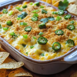 - 8 oz cream cheese - 1 cup sour cream - 1 cup cheddar cheese, shredded - 1/2 cup mozzarella cheese, shredded - 4-6 fresh jalapenos, diced - 1/4 cup green onions, sliced - 1 teaspoon garlic powder - 1 teaspoon onion powder - Salt and pepper, to taste - 1/2 cup breadcrumbs (panko or regular) - 2 tablespoons olive oil Fresh vs. canned jalapenos: I always choose fresh jalapenos for this dip. They add more flavor and heat. Canned jalapenos can be softer and less tasty. Types of cheese for best flavor: For a rich taste, I use sharp cheddar and creamy mozzarella. They melt well together. Feel free to experiment with pepper jack for a spicy kick. Choosing the right type of breadcrumbs: I prefer panko breadcrumbs. They create a crispier top. Regular breadcrumbs work too, but panko gives a better crunch. - Mixing bowls - Baking dish - Oven - Measuring cups and spoons Getting the right ingredients and tools is key to making this baked jalapeno popper dip. Each item helps create a creamy and flavorful treat. You can find the full recipe above to guide you through the steps! First, preheat your oven to 375°F (190°C). This step is key for even cooking. Next, lightly grease a baking dish with some oil or butter. This helps the dip not stick. In a large mixing bowl, combine the softened cream cheese, sour cream, cheddar cheese, mozzarella cheese, and crumbled cream cheese. Mix these ingredients well until smooth. This blend gives the dip its creamy texture. Now, add the diced jalapenos, sliced green onions, garlic powder, onion powder, salt, and pepper. Stir everything together so each flavor mixes well. Transfer the creamy mixture to your greased baking dish. Spread it out evenly with a spatula. In a small bowl, mix the breadcrumbs and olive oil until the breadcrumbs are coated. Sprinkle this mixture on top of the dip. It adds a nice crunch. Bake the dip for 20 to 25 minutes. Look for it to be bubbly and the top to turn golden brown. After baking, let it cool for a few minutes before you dive in. For the full recipe, check the above section. To make your dip just right, start with the jalapenos. Choose mild ones if you want less heat. If you like it spicy, go for hotter jalapenos. You can also add red pepper flakes or hot sauce for an extra kick. Adjusting heat can change the entire flavor of the dip, so pick what you love. Want your dip to be super creamy? You can swap in cream cheese for Greek yogurt. It adds richness without extra fat. Another trick is to mix in a bit of ranch dressing. This gives it a nice flavor boost. You can also add sour cream for a tangy taste that balances the heat. For serving, pair the dip with tortilla chips. They provide a nice crunch. Sliced baguette works well, too. It soaks up the creamy goodness. To make your dish look stunning, garnish with green onions or fresh cilantro. This adds color and freshness to your plate. These little touches make your dip not just tasty but pretty! For the complete recipe, check out the Full Recipe. {{image_2}} You can switch up the cheese for more flavor. I often use pepper jack cheese. It adds a nice kick to the dip. If you want a different taste, try a mix of cheeses. Using vegan cheese is another great option. It keeps the dip creamy without dairy. If you need gluten-free options, use gluten-free breadcrumbs. This small change keeps the dish tasty for everyone. For a dairy-free version, skip the cheese. Instead, use blended cashews or a creamy dairy-free yogurt. This keeps the dip rich and satisfying. Adding fun ingredients makes this dip even better. You can mix in crispy bacon bits or cooked sausage for a savory twist. Herbs like cilantro or spices like smoked paprika can also add depth. Try different combinations to find your favorite! After you enjoy your dip, store any leftovers in the fridge. Let it cool down first. Place the dip in an airtight container. This keeps it fresh and tasty. If you want to save space, use smaller containers. Label them with the date so you know when you made it. You can reheat the dip in two ways: the oven or the microwave. For the oven, preheat it to 350°F (175°C). Place the dip in a baking dish. Cover it with foil and heat for about 15-20 minutes. For the microwave, use a microwave-safe bowl. Heat it for 1-2 minutes. Stir halfway to ensure even warming. Make sure it is hot all the way through. Yes, you can freeze this dip! Just make sure it cools before freezing. Use an airtight container or a heavy-duty freezer bag. When you're ready to eat it, thaw it in the fridge overnight. For reheating, follow the same oven or microwave steps as above. This way, you can enjoy your creamy and flavorful treat any time! You can find the full recipe for this tasty dip earlier in the article. You can boost the heat with more jalapenos. Use 6-8 diced jalapenos instead of 4-6. You can also add hot sauce or cayenne pepper. Mix in 1 teaspoon of hot sauce or a pinch of cayenne for a kick. For extra spice, try adding sliced pickled jalapenos. They add heat and a nice tang. Yes, you can prepare the dip a day in advance. Mix all the ingredients as stated in the Full Recipe. Cover the dish and store it in the fridge. When you're ready to bake, just take it out, let it sit for about 15 minutes, and then bake. This way, the flavors meld nicely. This dip pairs well with tortilla chips or sliced baguette. You can also serve it with veggie sticks like carrots and celery. For a fun twist, try crackers or pretzels. They add a nice crunch and balance out the creamy dip. This blog post covered how to make a tasty Baked Jalapeno Popper Dip. We explored ingredients, equipment, and step-by-step instructions. I shared tips to adjust heat, make it creamier, and suggested fun variations and serving ideas. In the end, this dip is fun to make and enjoy. It’s great for parties or game days. Now you have all you need to impress with your dip!