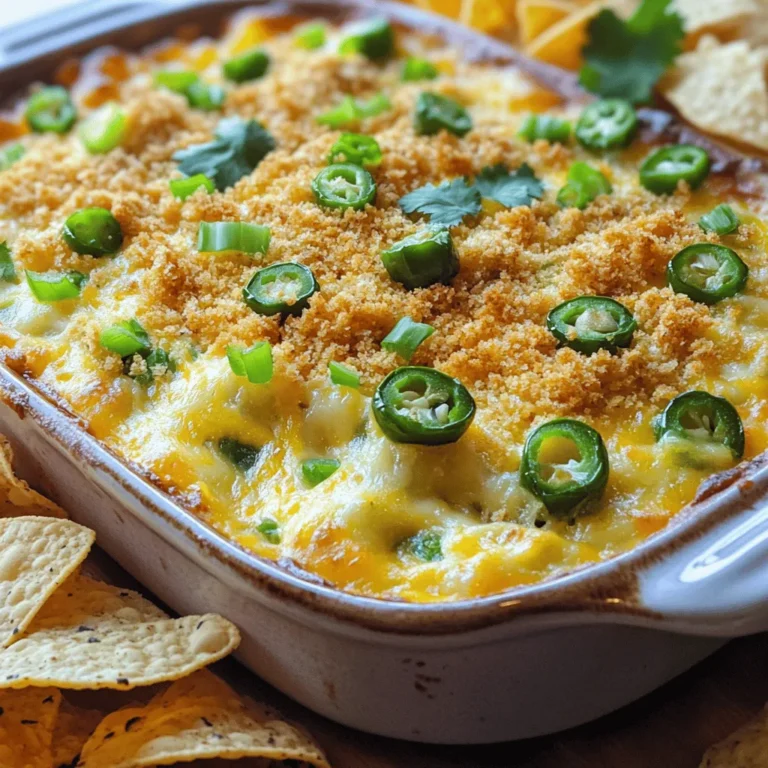 - 8 oz cream cheese - 1 cup sour cream - 1 cup cheddar cheese, shredded - 1/2 cup mozzarella cheese, shredded - 4-6 fresh jalapenos, diced - 1/4 cup green onions, sliced - 1 teaspoon garlic powder - 1 teaspoon onion powder - Salt and pepper, to taste - 1/2 cup breadcrumbs (panko or regular) - 2 tablespoons olive oil Fresh vs. canned jalapenos: I always choose fresh jalapenos for this dip. They add more flavor and heat. Canned jalapenos can be softer and less tasty. Types of cheese for best flavor: For a rich taste, I use sharp cheddar and creamy mozzarella. They melt well together. Feel free to experiment with pepper jack for a spicy kick. Choosing the right type of breadcrumbs: I prefer panko breadcrumbs. They create a crispier top. Regular breadcrumbs work too, but panko gives a better crunch. - Mixing bowls - Baking dish - Oven - Measuring cups and spoons Getting the right ingredients and tools is key to making this baked jalapeno popper dip. Each item helps create a creamy and flavorful treat. You can find the full recipe above to guide you through the steps! First, preheat your oven to 375°F (190°C). This step is key for even cooking. Next, lightly grease a baking dish with some oil or butter. This helps the dip not stick. In a large mixing bowl, combine the softened cream cheese, sour cream, cheddar cheese, mozzarella cheese, and crumbled cream cheese. Mix these ingredients well until smooth. This blend gives the dip its creamy texture. Now, add the diced jalapenos, sliced green onions, garlic powder, onion powder, salt, and pepper. Stir everything together so each flavor mixes well. Transfer the creamy mixture to your greased baking dish. Spread it out evenly with a spatula. In a small bowl, mix the breadcrumbs and olive oil until the breadcrumbs are coated. Sprinkle this mixture on top of the dip. It adds a nice crunch. Bake the dip for 20 to 25 minutes. Look for it to be bubbly and the top to turn golden brown. After baking, let it cool for a few minutes before you dive in. For the full recipe, check the above section. To make your dip just right, start with the jalapenos. Choose mild ones if you want less heat. If you like it spicy, go for hotter jalapenos. You can also add red pepper flakes or hot sauce for an extra kick. Adjusting heat can change the entire flavor of the dip, so pick what you love. Want your dip to be super creamy? You can swap in cream cheese for Greek yogurt. It adds richness without extra fat. Another trick is to mix in a bit of ranch dressing. This gives it a nice flavor boost. You can also add sour cream for a tangy taste that balances the heat. For serving, pair the dip with tortilla chips. They provide a nice crunch. Sliced baguette works well, too. It soaks up the creamy goodness. To make your dish look stunning, garnish with green onions or fresh cilantro. This adds color and freshness to your plate. These little touches make your dip not just tasty but pretty! For the complete recipe, check out the Full Recipe. {{image_2}} You can switch up the cheese for more flavor. I often use pepper jack cheese. It adds a nice kick to the dip. If you want a different taste, try a mix of cheeses. Using vegan cheese is another great option. It keeps the dip creamy without dairy. If you need gluten-free options, use gluten-free breadcrumbs. This small change keeps the dish tasty for everyone. For a dairy-free version, skip the cheese. Instead, use blended cashews or a creamy dairy-free yogurt. This keeps the dip rich and satisfying. Adding fun ingredients makes this dip even better. You can mix in crispy bacon bits or cooked sausage for a savory twist. Herbs like cilantro or spices like smoked paprika can also add depth. Try different combinations to find your favorite! After you enjoy your dip, store any leftovers in the fridge. Let it cool down first. Place the dip in an airtight container. This keeps it fresh and tasty. If you want to save space, use smaller containers. Label them with the date so you know when you made it. You can reheat the dip in two ways: the oven or the microwave. For the oven, preheat it to 350°F (175°C). Place the dip in a baking dish. Cover it with foil and heat for about 15-20 minutes. For the microwave, use a microwave-safe bowl. Heat it for 1-2 minutes. Stir halfway to ensure even warming. Make sure it is hot all the way through. Yes, you can freeze this dip! Just make sure it cools before freezing. Use an airtight container or a heavy-duty freezer bag. When you're ready to eat it, thaw it in the fridge overnight. For reheating, follow the same oven or microwave steps as above. This way, you can enjoy your creamy and flavorful treat any time! You can find the full recipe for this tasty dip earlier in the article. You can boost the heat with more jalapenos. Use 6-8 diced jalapenos instead of 4-6. You can also add hot sauce or cayenne pepper. Mix in 1 teaspoon of hot sauce or a pinch of cayenne for a kick. For extra spice, try adding sliced pickled jalapenos. They add heat and a nice tang. Yes, you can prepare the dip a day in advance. Mix all the ingredients as stated in the Full Recipe. Cover the dish and store it in the fridge. When you're ready to bake, just take it out, let it sit for about 15 minutes, and then bake. This way, the flavors meld nicely. This dip pairs well with tortilla chips or sliced baguette. You can also serve it with veggie sticks like carrots and celery. For a fun twist, try crackers or pretzels. They add a nice crunch and balance out the creamy dip. This blog post covered how to make a tasty Baked Jalapeno Popper Dip. We explored ingredients, equipment, and step-by-step instructions. I shared tips to adjust heat, make it creamier, and suggested fun variations and serving ideas. In the end, this dip is fun to make and enjoy. It’s great for parties or game days. Now you have all you need to impress with your dip!