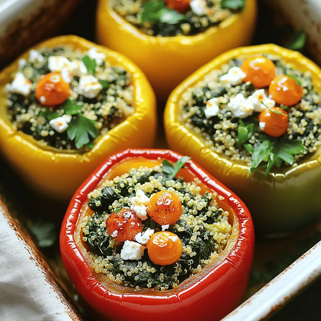 To make delicious spinach and feta stuffed peppers, gather these items: - 4 large bell peppers (any color) - 2 cups fresh spinach, chopped - 1 cup crumbled feta cheese - 1 cup cooked quinoa - 1/2 cup cherry tomatoes, quartered - 1/4 cup red onion, finely chopped - 2 cloves garlic, minced - 1 teaspoon dried oregano - 1/2 teaspoon black pepper - 2 tablespoons olive oil - 1 tablespoon lemon juice - Fresh parsley for garnish (optional) You can swap ingredients if you need to. Here are some ideas: - Use brown rice or couscous instead of quinoa. - Try goat cheese in place of feta for a different flavor. - Spinach can be replaced with kale or Swiss chard. - Cherry tomatoes can be switched for diced bell peppers. - Any onion type works, but green onions add a nice crunch. Choosing fresh ingredients makes your dish better. Here’s how to pick the best: - Select bell peppers that feel firm and heavy. Look for shiny skin. - Choose spinach with bright green leaves. Avoid yellow or wilting leaves. - Pick tomatoes that are plump and have a rich color. They should feel slightly soft. - For onions, choose ones that are firm. Avoid soft spots or sprouting. - Fresh herbs should smell fragrant and vibrant. Look for bright colors without brown edges. To make spinach and feta stuffed peppers, gather your ingredients first. You need bell peppers, spinach, feta, quinoa, tomatoes, onion, garlic, oregano, black pepper, olive oil, and lemon juice. This dish is colorful and packed with flavor. 1. Start by preheating your oven to 375°F (190°C). 2. Slice the tops off the bell peppers. Remove the seeds and membranes. Brush the outside with olive oil. 3. Place the peppers upright in a baking dish. 4. Heat two tablespoons of olive oil in a skillet over medium heat. 5. Add minced garlic and chopped red onion. Sauté for about 3-4 minutes until they smell great and look clear. 6. Add the chopped spinach to the skillet. Cook until it wilts, about 2-3 minutes. 7. Stir in the cooked quinoa, quartered cherry tomatoes, oregano, black pepper, and lemon juice. Mix well and take it off the heat. 8. Gently fold in the crumbled feta cheese. Be careful not to break it apart too much! 1. Stuff each bell pepper with the spinach and feta mixture. Press down gently to fit it all in. 2. Cover the baking dish with aluminum foil. Bake for 25 minutes. 3. After 25 minutes, remove the foil. Bake for another 10 minutes. The peppers should be soft and a bit charred. 4. Once done, take them out and let them cool for a few minutes. You can garnish with fresh parsley if you want. For the complete recipe, check out the Full Recipe. Enjoy your delicious stuffed peppers! To make your spinach and feta stuffed peppers shine, focus on the seasoning. Use fresh herbs like parsley or dill for a bright taste. A dash of chili flakes adds warmth. Make sure to taste your filling before stuffing the peppers. Adjust salt and pepper to your liking. This step ensures every bite is full of flavor. One common mistake is overcooking the peppers. If you bake them too long, they become mushy. You want them tender yet firm. Another mistake is not packing the filling well. If too loose, the mixture can fall out. Press down gently as you fill. Finally, don’t skip the lemon juice. It adds a fresh zing that brightens the entire dish. You can easily customize this dish. Add black olives for a salty kick. Swap the quinoa for rice if you prefer. You can even toss in some cooked chicken for protein. For a cheesy touch, layer extra feta on top before baking. These small changes can elevate your stuffed peppers and make them even more delicious. For the full recipe, check out the details provided above. {{image_2}} You can easily make this dish vegetarian. Just use vegetable broth instead of chicken broth. You can also add more veggies. Try mushrooms or zucchini for a tasty twist. This recipe is already gluten-free with quinoa. If you prefer, you can use rice instead. Both options give a nice texture. Always check labels for any hidden gluten in your ingredients. You can mix up the flavors in this dish. Try adding sun-dried tomatoes for a rich taste. Or, add olives for a briny kick. Experimenting with herbs like basil or thyme can also change the dish. Each variation brings a new delight to your plate. For the full recipe, check out the detailed steps above. After you enjoy your spinach and feta stuffed peppers, store any leftovers in the fridge. Use an airtight container to keep them fresh. They last about 3 to 4 days. Make sure to let them cool before sealing. This helps prevent steam buildup, which can make the peppers soggy. When you're ready to enjoy your leftovers, preheat your oven to 350°F (175°C). Place the stuffed peppers in a baking dish. Cover them with foil to keep them moist. Heat for about 15-20 minutes. You can also microwave them for a quick option. Just heat for 2-3 minutes, checking every minute. If you want to save some for later, freezing is a great option. First, let the stuffed peppers cool completely. Wrap each one in plastic wrap and then foil. This helps prevent freezer burn. Store them in a freezer-safe bag or container. They can last up to 3 months. When ready to eat, thaw overnight in the fridge and reheat as mentioned above. Enjoy your delicious meal later! For the full recipe, check out the details! Spinach and feta stuffed peppers last about 3 to 5 days in the fridge. Store them in an airtight container to keep them fresh. You can enjoy them cold or reheat them before serving. Yes, you can prepare the stuffed peppers ahead of time. Stuff the peppers and place them in a baking dish. Cover them with plastic wrap and store them in the fridge for up to 24 hours. Simply bake them when you're ready to enjoy. Stuffed peppers pair well with many sides. Here are some great options: - A fresh green salad - Garlic bread or crusty baguette - Steamed vegetables like broccoli or carrots - Rice or quinoa for a hearty meal These sides bring balance to the dish and add extra flavor. For the full recipe, check the Spinach and Feta Stuffed Peppers section above. This blog post explored how to make delicious Spinach and Feta Stuffed Peppers. We discussed the best ingredients to use and gave tips for fresh produce. The step-by-step instructions guide you through preparation and cooking. Tips and tricks helped you avoid common mistakes. We also shared variations for different diets and how to store your dish. In summary, now you have all the tools to create a tasty meal. Enjoy your cooking!
