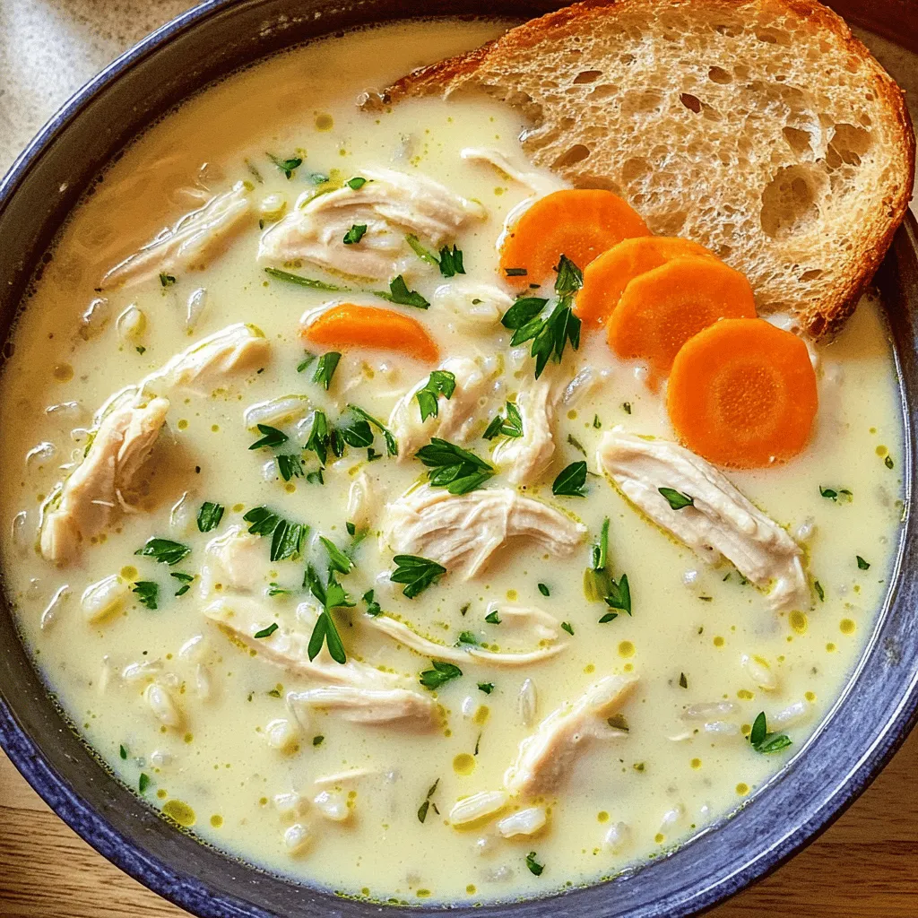 To make this soup, you need some key ingredients. Here’s what to gather: - 1 lb boneless, skinless chicken breasts, diced - 1 cup long-grain white rice, rinsed - 1 medium onion, chopped - 2 cloves garlic, minced - 3 carrots, sliced - 2 celery stalks, diced These ingredients form the base of your creamy chicken and rice soup. The chicken adds protein, while the veggies bring flavor and texture. Next, we need to enhance the flavor. Here’s what to include: - 6 cups chicken broth - 1 cup heavy cream - 1 teaspoon dried thyme - 1 teaspoon dried oregano - Salt and pepper to taste The chicken broth creates a rich base. The heavy cream adds that luscious, creamy texture. Thyme and oregano provide a lovely herbal note that rounds out the dish. Finally, we can add some garnishes to elevate the soup. Consider these: - Fresh parsley, chopped (for garnish) - Crusty bread for serving Fresh parsley adds a pop of color and freshness. Crusty bread is perfect for dipping and makes the meal feel complete. For the full recipe, check out the detailed instructions on how to prepare this comforting soup. First, heat the olive oil in a large pot over medium heat. Add the chopped onion and sauté it until it is soft and translucent, about 5 minutes. This step builds the base flavor for your soup. Next, stir in the minced garlic, sliced carrots, and diced celery. Cook these vegetables for another 3-4 minutes. You want them to soften but not lose their crunch. Now, it's time to add the chicken. Season the diced chicken with salt, pepper, thyme, and oregano. Place it in the pot and cook until the chicken turns golden and is no longer pink, about 6-8 minutes. This browning adds depth to the soup's flavor. Once the chicken is ready, mix it well with the softened vegetables. Pour in the chicken broth and bring the mixture to a boil. It should bubble nicely! Once boiling, stir in the rinsed rice. This step is crucial as the rice will absorb flavors from the broth. Reduce the heat to low, cover the pot, and let it simmer for about 20-25 minutes. This allows the rice to cook and the flavors to meld beautifully. After simmering, remove the pot from heat. Now, stir in the heavy cream. This will make your soup rich and creamy. Taste the soup and adjust the seasoning with more salt and pepper if needed. The cream adds a luxurious finish that makes each spoonful comforting and delicious. For the full recipe, check out the [Full Recipe]. Enjoy your cooking experience! To make the best creamy chicken and rice soup, you should sauté your vegetables well. Start with the onions; they add a sweet base. Cook them until they are soft and clear. This step builds flavor for your soup. When adding the rice, avoid overcooking it. Rice can turn mushy if left too long. Keep an eye on the timer and taste it for doneness. The rice should be tender yet firm, adding the right texture to your soup. To make your soup even better, consider adding spices. A pinch of paprika or a dash of cayenne can bring warmth. Fresh herbs like parsley can brighten the dish at the end. Using homemade broth is a great choice. It has a deeper flavor than store-bought broth. If you use store-bought, look for low-sodium options. This lets you control how salty your soup will be. One common error is adding too much liquid. You want a creamy texture, not a thin soup. Start with the amount of broth in the recipe. If you feel it needs more, add a little at a time. Another mistake is cooking the chicken too long. Overcooked chicken becomes dry. Cook it until it is just done, then remove it from the heat. This keeps your chicken juicy and tender. For the full recipe, check out [Full Recipe]. {{image_2}} You can change the protein in this soup. Try using turkey instead of chicken. This keeps the dish light but still hearty. You could also use tofu for a vegetarian option. Just cube the tofu and add it when you cook the vegetables. Both options taste great and give a new twist to the soup. Adding greens boosts nutrition and flavor. Spinach or kale works well in this soup. You can toss in fresh spinach just before serving. It wilts quickly and adds a nice color. If you prefer kale, chop it finely and add it when you cook the chicken. Both options make the soup feel fresh and healthy. Want to add a twist to your soup? A splash of lemon juice gives it a bright taste. Simply squeeze some lemon in just before serving. You can also add cheese for a richer flavor. Stir in grated parmesan or cheddar as you mix in the cream. These small changes can make your soup even more delightful. For the full recipe, check out the detailed steps. To keep your creamy chicken and rice soup fresh, let it cool first. Once cooled, place the soup in an airtight container. Store it in the fridge for up to three days. When ready to eat, check for any signs of spoilage, like off smells or changes in texture. Freezing this soup is a great way to save leftovers. First, let the soup cool completely. Then, transfer it to a freezer-safe container. Leave some space at the top for expansion. You can freeze the soup for up to three months. When you’re ready to enjoy it again, just thaw it in the fridge overnight before reheating. Reheat your soup gently to keep its creamy texture. You can use the stove or microwave. If using the stove, warm it on low heat, stirring often. For the microwave, heat in short bursts, stirring in between. If the soup seems too thick, add a bit of chicken broth or water to reach your desired consistency. You can easily prepare this soup ahead of time. First, make the soup as directed. Let it cool completely before storing. Pour it into an airtight container and place it in the fridge. It will stay fresh for about three days. If you want to keep it longer, freeze it. Just remember to leave some space in the container, as the soup will expand. To reheat, simply thaw it in the fridge overnight. Then, warm it on the stove over low heat. Stir frequently to keep it creamy. If it seems thick, add a bit of broth or water to thin it out. Yes, you can substitute heavy cream for lighter options. Coconut milk is a great choice. It adds a nice taste without all the fat. You can also use half-and-half if you want something creamier but lighter than heavy cream. For a lower-calorie option, try unsweetened almond milk. It won’t be as rich, but it will still taste good. Just remember that using these substitutes may change the soup's texture and flavor a bit. So, taste it and adjust the seasoning if needed. This soup pairs well with many sides. A fresh green salad adds a nice crunch. You can also serve it with crusty bread for dipping. Garlic bread is another tasty option. If you want something heartier, grilled cheese sandwiches are a classic choice. You can even add some fruit, like apple slices, for a sweet touch. These sides will complement the soup and make your meal feel complete. This blog post covered how to make creamy chicken and rice soup. We talked about the key ingredients, like chicken, rice, and vegetables. I shared steps to cook the soup, with tips for better flavor. You learned about variations and how to store leftovers too. In the end, this recipe is simple and versatile. You can adjust it based on what you like. Enjoy making this warm and tasty soup for you and your loved ones. It’s comfort food at its best!