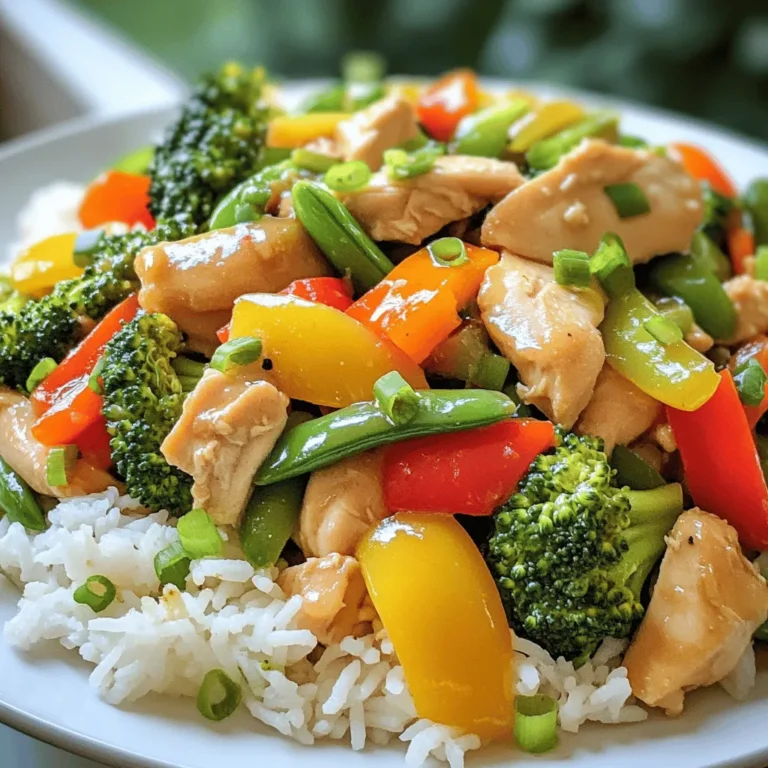 For a tasty chicken stir fry, you need these main ingredients: - 1 lb (450g) boneless, skinless chicken breasts, thinly sliced - 2 tablespoons soy sauce - 1 tablespoon oyster sauce - 1 tablespoon sesame oil - 2 cups mixed vegetables (bell peppers, broccoli, snap peas, and carrots) - 3 cloves garlic, minced - 1 inch ginger, grated - 2 green onions, chopped - 1 tablespoon cornstarch mixed with 2 tablespoons water (for thickening) - Salt and pepper to taste - Cooked jasmine rice (for serving) These ingredients work together to create a savory and colorful dish. The chicken brings protein, while the veggies add crunch and nutrients. Soy sauce and oyster sauce give it a rich flavor. You can change up the flavors and make this dish your own. Here are some optional ingredients: - Bell peppers (any color) - Snap peas - Carrots - Zucchini - Mushrooms - Cashews or peanuts Adding these items can change the taste and texture of your stir fry. You can pick what you like or what you have at home. To cook this easy chicken stir fry, you will need: - A large skillet or wok - A sharp knife - A cutting board - Measuring spoons - A wooden spoon or spatula These tools help you cook quickly and safely. A wok is great for stir frying because it heats evenly. If you do not have one, a skillet works just as well. To find the full recipe, check out the detailed instructions. First, you need to marinate the chicken. Take the thinly sliced chicken breasts and put them in a bowl. Add the soy sauce and oyster sauce. Sprinkle in some salt and pepper to taste. Mix it all together well. Let it sit for about 15 minutes. This step adds flavor and keeps the chicken tender. Now, it’s time to cook! Heat the sesame oil in a large skillet or wok over medium-high heat. Once hot, add the minced garlic and grated ginger. Stir-fry these for about 30 seconds until they smell great. Next, increase the heat to high. Add the marinated chicken to the pan. Cook it for 5 to 7 minutes. You want the chicken to be browned and fully cooked. After that, toss in the mixed vegetables. Stir-fry these for another 3 to 4 minutes. They should be tender but still crisp. To make the sauce thicker, pour in the cornstarch mixture. Stir everything together and cook for another 1 to 2 minutes. This step really brings the dish together. Finally, add the chopped green onions and remove the skillet from heat. Serve the stir-fry over cooked jasmine rice. You can add more green onions on top for a nice touch. For the full recipe, refer to the section above. Enjoy your easy chicken stir fry! To get a great stir fry, use high heat. This cooks your chicken fast and keeps it juicy. Make sure to cut your chicken into thin slices. This helps it cook evenly. Use a wok or a large skillet for more space. Stir your food often to prevent burning. This keeps everything moving and helps flavors mix. Want a healthier dish? You can swap out the chicken for tofu or shrimp. For a lighter sauce, use low-sodium soy sauce. You can add extra veggies like zucchini or mushrooms for more fiber. Instead of jasmine rice, try brown rice or quinoa. These options add nutrients and flavor to your meal. Serve your stir fry over a bed of rice for a filling meal. Add a side salad for crunch and freshness. You can also serve it with spring rolls for a fun twist. For extra flavor, top with sesame seeds or crushed peanuts. This adds texture and makes your dish look great. Check out the Full Recipe for more ideas! {{image_2}} You can easily swap chicken for other proteins. Try beef, shrimp, or tofu. These options still work well with the same sauces and veggies. If you use beef, choose flank or sirloin. Slice the meat thin for quick cooking. When using shrimp, cook until pink, about 3-4 minutes. Tofu can add a nice texture. Press it first to remove excess water, then cube and fry until golden. This way, you can customize your stir fry based on what you have. For a vegetarian or vegan stir fry, skip the chicken entirely. Use firm tofu or tempeh as your main protein. Both options soak up flavor well. You can also add more veggies like mushrooms, zucchini, or eggplant for depth. Other good choices include chickpeas or lentils. These will give your dish protein and fiber. Ensure you use plant-based sauces to keep it vegan. This way, everyone can enjoy a tasty meal. To make your stir fry even better, try new flavors. Add fresh herbs like basil, cilantro, or mint. These herbs can brighten up the dish. You can also play with sauces. Instead of just soy sauce, mix in hoisin or sriracha for a kick. A splash of lime juice can add brightness. If you want a creamy twist, mix in a bit of peanut butter. Adjust the flavors to your taste. The goal is to make each bite exciting. For the full recipe, check the section above. After you enjoy your Easy Chicken Stir Fry, save any leftovers. Store them in an airtight container. This keeps the chicken and veggies fresh. Make sure to cool them down first. Place the container in the fridge. Your stir fry stays good for about three to four days. If you want to eat it later, you can freeze it. When you’re ready to eat your leftovers, reheat them carefully. The best way is to use a skillet. Heat it on medium. Add a splash of water or broth to keep it moist. Stir often for about five to seven minutes. You can also use a microwave. Just cover the dish and heat for one to two minutes. Check if it’s hot enough before serving. Freezing your Easy Chicken Stir Fry is smart for meal prep. Portion your stir fry into freezer-safe bags. Squeeze out as much air as you can. Label the bags with the date. It can last up to three months in the freezer. When you want to eat it, thaw it in the fridge overnight. Then, reheat as mentioned above for the best taste. You can use a large skillet instead of a wok. A skillet heats evenly and works great for stir-frying. Just make sure the skillet has high sides to prevent spills. Heat your skillet over medium-high heat. Add oil and then your ingredients. The process remains the same. Yes, frozen vegetables can work well in this stir fry. They are quick and save time on prep. Just add them straight from the freezer into the skillet. Cook them a bit longer to ensure they heat through. They may release some water, so keep an eye on the sauce's thickness. Jasmine rice is a perfect match for stir fry. Its fluffy texture complements the dish well. You can also use brown rice for a healthier option. Both types absorb flavors nicely and make a great base for your chicken stir fry. To spice up your stir fry, add chili flakes or fresh sliced chili peppers. You can also use Sriracha sauce for a kick. Mix in the spice during the cooking process, so the flavors blend well. Start with a little and taste as you go. Adjust the heat to your liking. For a full recipe, check out the delicious steps above! Easy chicken stir fry mixes tasty chicken with colorful veggies. We covered key ingredients, from marinating to cooking. Also, there are tips for perfecting your technique and fun variations to try. Remember, you can swap proteins or go veggie. Store leftovers right to enjoy them later. Now, with these steps in mind, you can whip up a quick meal. Experiment with flavors and share with loved ones. Cooking should be fun and easy!
