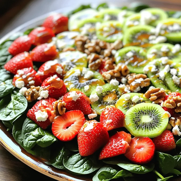 - 4 cups fresh spinach, washed and dried - 1 cup strawberries, hulled and sliced - 2 kiwi fruits, peeled and sliced - 1/2 cup feta cheese, crumbled - 1/4 cup walnuts, toasted and roughly chopped - 2 tablespoons honey - 2 tablespoons balsamic vinegar - 1 tablespoon olive oil - Salt and pepper to taste Fresh ingredients make this salad pop. Spinach serves as a crisp base. It packs nutrients and a mild flavor. Strawberries offer sweetness and vibrant color. Their bright red slices shine against the greens. Kiwi adds a tropical twist with its tangy taste. The green and yellow hues make the dish eye-catching. Feta cheese brings a salty creaminess. It melts in your mouth with every bite. Walnuts contribute a crunchy texture. Toasting them enhances their nutty flavor. Together, these ingredients create a delightful mix. For the dressing, honey adds sweetness. Balsamic vinegar provides a sharp contrast. Olive oil brings richness and helps blend the flavors. Salt and pepper round out the taste. This simple dressing makes the salad shine. You can find the complete recipe for this delicious salad in the Full Recipe section. Enjoy making this vibrant mix! - Place fresh spinach in a large salad bowl. - Arrange sliced strawberries and kiwi on top of spinach. To start, I love using fresh spinach as the base. It adds a nice crunch and is packed with nutrients. Next, I carefully layer the sliced strawberries and kiwi on top. The bright colors make the salad look inviting. The sweet strawberries and tangy kiwi create a wonderful mix. - Sprinkle crumbled feta cheese and toasted walnuts over salad. Next, I like to add some crumbled feta cheese. It gives a salty kick that contrasts well with the sweet fruits. Then, I sprinkle toasted walnuts on top. They add a nice crunch and earthy flavor. This combination of toppings makes every bite tasty and exciting. - Whisk together honey, balsamic vinegar, olive oil, salt, and pepper. - Drizzle dressing over salad and toss gently. Now, let’s make the dressing. In a small bowl, I whisk honey, balsamic vinegar, olive oil, salt, and pepper together. The honey gives a sweet touch, while the balsamic vinegar adds a tangy taste. Once mixed, I drizzle the dressing over the salad. Using salad tongs, I gently toss everything. This way, the dressing coats the salad without crushing the fruits. For the freshest taste, serve it right away, or chill it for a few minutes. Enjoy your Strawberry Kiwi Spinach Salad! For the complete details, refer to the Full Recipe. - Use fresh ingredients for maximum flavor. Fresh spinach, ripe strawberries, and juicy kiwi make a great base. - Chill the salad briefly before serving for enhanced taste. A quick 10-15 minutes in the fridge can do wonders. - Apply dressing just before serving to keep salad crisp. This helps the greens stay vibrant and crunchy. - Adjust seasoning to taste for personal preference. A little extra salt or pepper can elevate the flavors. - Serve in a large platter or individual bowls. This makes it easy for guests to help themselves. - Garnish with extra fruit slices for visual appeal. A few extra strawberries and kiwi can brighten the dish. These tips ensure your Strawberry Kiwi Spinach Salad is fresh, tasty, and visually stunning. For a detailed guide, check out the Full Recipe. {{image_2}} Nut substitutions can change the taste and texture of your salad. If you want a different crunch, substitute walnuts with pecans or almonds. Both nuts add a nice twist. If you need a nut-free option, simply omit the nuts. Your salad will still taste great! You can also play with the fruit in this salad. Add blueberries for a burst of color and flavor. Mandarin oranges can give a sweet touch. These fruits pair well with the existing strawberries and kiwi. You can also try different cheeses. Goat cheese offers a creamy texture that contrasts nicely with the fruits. Dressing alternatives can make your salad unique. Instead of balsamic dressing, a citrus vinaigrette can add brightness. The zing from citrus makes the salad refreshing. If you prefer a creamy style, try a yogurt-based dressing. It adds a smooth texture and works well with the fruits. For the full recipe, check out the [Full Recipe]. Store any leftover salad in an airtight container in the refrigerator. This keeps the salad fresh. Consume it within 1-2 days for the best quality. The flavors and crunch will still be there! To keep your salad crisp, keep the dressing separate until you are ready to serve. This step is key for a fresh bite. Also, use paper towels to absorb any excess moisture from the fruits. This helps keep everything crunchy and vibrant. Freezing is not recommended for this salad. The fresh ingredients change texture when frozen. You really want to enjoy this salad fresh. Trust me; it tastes best when all the flavors are bright and lively! You can make this salad vegan by replacing the feta cheese with vegan cheese. If you prefer, you can also skip the cheese altogether. This keeps the salad fresh and still very tasty. Yes, you can prep the ingredients ahead of time. Chop the fruits and wash the spinach. Just remember to wait to dress the salad until you are ready to serve it. This keeps everything crisp and bright. Yes, all the ingredients in this salad are naturally gluten-free. Just make sure any extra products, like dressings, are gluten-free too. This way, everyone can enjoy this healthy dish without worry. This salad combines fresh produce, cheese, and nuts for a delightful meal. You learned how to prepare, dress, and serve it right. Following our tips keeps your salad fresh and tasty. Remember, you can switch up the fruits, nuts, and dressing for variety. Store leftovers wisely to avoid sogginess. Enjoy experimenting with flavors while keeping it simple and healthy!