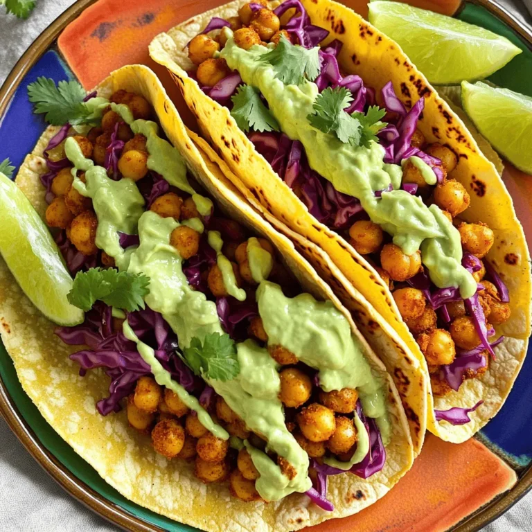 To make tasty tacos, gather these main ingredients: - 1 can (15 oz) chickpeas, drained and rinsed - 2 tablespoons olive oil - 1 teaspoon smoked paprika - 1 teaspoon ground cumin - 1/2 teaspoon cayenne pepper (adjust to taste) - Salt and pepper to taste - 8 small corn or flour tortillas - 1 cup shredded red cabbage - 1/2 cup fresh cilantro, chopped - 1 lime, cut into wedges These ingredients create a flavorful base for your spicy chickpea tacos. For the creamy avocado topping, use these simple ingredients: - 1 ripe avocado - 1/4 cup Greek yogurt (or a dairy-free alternative) - 1 tablespoon lime juice - 1 clove garlic, minced - Salt to taste This avocado cream adds a rich and smooth layer to the tacos. Add these garnishes for extra flavor and color: - Sliced radishes - Diced tomatoes - Crumbled feta cheese (or a dairy-free option) Garnishes make your tacos look great and enhance their taste. For the full recipe, check the instructions in the next section. Start by gathering your chickpeas, olive oil, and spices. In a medium bowl, combine the drained chickpeas with olive oil, smoked paprika, ground cumin, cayenne pepper, salt, and pepper. Toss everything well. You want the chickpeas to be fully coated in the spices. Heat a large skillet over medium heat. Add the spiced chickpeas to the skillet. Sauté for about 5 to 7 minutes. Stir them often to keep them from sticking. You want them to be heated through and slightly crispy. While your chickpeas cook, it's time for the avocado cream. Grab a ripe avocado and cut it in half. Scoop the flesh into a small bowl. Mash the avocado with a fork until smooth. Then, mix in Greek yogurt, lime juice, minced garlic, and a pinch of salt. Blend until it’s creamy and smooth. Taste your cream and adjust the salt if needed. This creamy topping will add a nice balance to your spicy tacos. Now, let’s put it all together. Grab your tortillas and warm them in a skillet over medium heat for about 30 seconds on each side. This will make them soft and easy to fold. Take a tortilla and add a scoop of the spiced chickpeas. Top it with a handful of shredded cabbage and a drizzle of avocado cream. Finish with fresh cilantro and a squeeze of lime juice. Each bite will be a burst of flavor. For the full recipe, check the details provided earlier. To make the best chickpeas, start with rinsing them well. This removes extra salt and helps with flavor. Use a mix of spices to coat the chickpeas. Combine the olive oil, smoked paprika, cumin, cayenne, salt, and pepper in a bowl. Toss the chickpeas until they are fully coated. Sauté them on medium heat until they get crispy. This adds a nice texture and makes them more fun to eat. Keep stirring to prevent them from burning. Enjoy the aroma that fills your kitchen as they cook! For the avocado cream, use a ripe avocado for the best flavor. Mash it in a bowl and mix it with Greek yogurt. This adds creaminess and a tangy flavor. Add lime juice and minced garlic for extra zest. Adjust the salt to your taste. Blend it until smooth. If you want a thinner consistency, add a bit of water or more lime juice. This cream is perfect for drizzling over your tacos! Serve your tacos on a colorful plate to make them pop. Add fresh cilantro and lime wedges on the side. The lime adds brightness to each bite. Pair your tacos with a side of fresh salsa or pickled vegetables. These add extra crunch and flavor. You can also serve them with a simple salad for a complete meal. Try to enjoy your tacos with friends for a fun gathering! For the full recipe, check out the Spicy Chickpea Tacos with Avocado Cream . {{image_2}} You can easily make this dish vegan. Simply swap out Greek yogurt for a plant-based yogurt. Use coconut or almond yogurt for a rich texture. You can also add extra lime juice to enhance the flavor. This will keep your avocado cream creamy and delicious. If you need a gluten-free option, choose corn tortillas instead of flour. Many brands offer gluten-free tortillas that taste great. Check the label to ensure the product meets your needs. You can also use lettuce leaves as a fresh wrap. Want to change the taste? Add different spices to the chickpeas. Try chili powder or garlic powder for more zest. You can also mix in some diced tomatoes or corn for extra texture. For a kick, add jalapeños or hot sauce to your avocado cream. These small changes make a big difference! Explore these options to create your own version of Spicy Chickpea Tacos with Avocado Cream. For the complete recipe, check out the [Full Recipe]. To store leftover chickpeas, let them cool first. Place them in an airtight container. They can last up to four days in the fridge. If you want to keep them longer, freeze them. Just use a freezer-safe bag. They will stay good for about three months. When ready to use, thaw them in the fridge overnight. Avocado cream can brown quickly. To keep it fresh, transfer it to a small bowl. Press plastic wrap directly onto the cream's surface. This helps reduce air exposure. You can store it in the fridge for about two days. If it turns brown, just stir it to mix in the fresh green layer. When reheating chickpeas, use a skillet over medium heat. Add a splash of water to keep them moist. Heat for about five minutes, stirring often. For tortillas, warm them on a skillet for about 30 seconds each side. Serve your tacos fresh with avocado cream on top. This way, the flavors stay bright and tasty. You can find the Full Recipe for more details on making these delicious tacos! Yes, you can use dried chickpeas. First, soak them overnight in water. Then, cook them until they are soft before adding spices. This method takes more time but gives you fresher flavors. Make sure to drain and rinse them well before use. To add heat, increase the cayenne pepper. You could also add sliced jalapeños or a dash of hot sauce. Start with a little and taste as you go. This way, you can control the spice level to match your taste. If you need a substitute, try sour cream or a dairy-free yogurt. You can also use silken tofu for a creamy texture. Each option will change the flavor slightly but will still work well in the recipe. In this post, we explored how to make tasty tacos using spiced chickpeas and creamy avocado. We discussed the main ingredients, step-by-step instructions, and tips for perfecting the dish. Variations include vegan options and gluten-free choices to suit different diets. Lastly, we covered how to store leftovers and answered common questions. Enjoy your taco-making, and remember, the best tacos start with fresh ingredients and your creativity!
