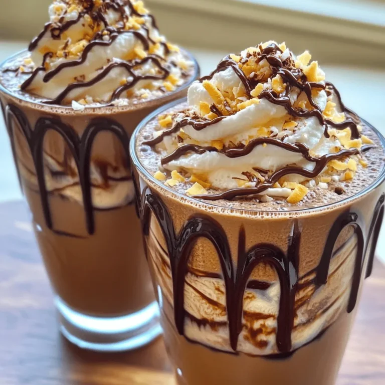 To make a delicious Chocolate Coconut Frappe, you need these key ingredients: - 1 cup brewed coffee, cooled - 1 cup coconut milk (or almond milk for a lighter option) - 2 tablespoons unsweetened cocoa powder - 2 tablespoons sweetened shredded coconut - 2 tablespoons chocolate syrup (and extra for drizzling) - 1 tablespoon honey or maple syrup (adjust for sweetness) - 1 cup ice cubes - Whipped cream (for topping) - Toasted coconut flakes (for garnish) - Chocolate shavings (for garnish) Each ingredient brings its own unique flavor. The coffee adds a rich taste, while coconut milk gives it a creamy texture. The cocoa powder makes it chocolatey and the shredded coconut adds a nice chew. Sweeteners like honey or maple syrup balance the flavors, and the ice makes it refreshingly cold. You can switch things up with optional ingredients: - A pinch of sea salt for depth - A splash of vanilla extract for warmth - A scoop of protein powder for a boost - Fresh fruit like banana for added sweetness These options can make your frappe even more exciting. Try adding a pinch of salt to enhance the chocolate flavor. Vanilla extract brings warmth, while fruit can add natural sweetness and nutrition. If you have allergies or preferences, here are some substitutions: - Use oat milk or soy milk instead of coconut milk if you're allergic to coconut. - Replace honey with agave syrup for a vegan option. - Omit chocolate syrup for a lower-sugar version. - Use carob powder instead of cocoa for a caffeine-free option. These substitutions will keep your frappe tasty while meeting your dietary needs. Always remember to taste as you go. This way, you can make sure your drink is just right. Enjoy making your Chocolate Coconut Frappe! For the full recipe, check out the detailed instructions above. To start, gather your ingredients. You will need: - 1 cup brewed coffee, cooled - 1 cup coconut milk (or almond milk) - 2 tablespoons unsweetened cocoa powder - 2 tablespoons sweetened shredded coconut - 2 tablespoons chocolate syrup - 1 tablespoon honey or maple syrup - 1 cup ice cubes In a blender, combine the cooled coffee and coconut milk. Add the cocoa powder and shredded coconut. Pour in the chocolate syrup and honey or maple syrup. Finally, toss in the ice cubes. This mix forms a rich base for your frappe. Blend on high speed. Watch as the ingredients mix into a smooth, frothy drink. This takes about 30 seconds. Before you stop, taste the mixture. If you want it sweeter, add more honey or syrup. Blend again briefly to mix. For a fun presentation, drizzle chocolate syrup inside your serving glasses. Pour the blended frappe into each glass. Top with whipped cream for a creamy finish. Sprinkle toasted coconut flakes and chocolate shavings on top. Serve this tasty treat right away. Enjoy sipping through a straw or using a spoon. This frappe is a delightful way to cool off! To get the best texture for your Chocolate Coconut Frappe, ice is key. Use fresh ice cubes to make sure it blends well. If you want it thicker, add more ice. If you prefer it smoother, blend longer. The right balance gives you that creamy feel. You can boost the flavor of your frappe easily. Add a pinch of salt to enhance the chocolate taste. For extra coconut flavor, mix in more shredded coconut. If you love sweetness, try adding more honey or maple syrup. You can also explore flavored syrups like vanilla or caramel for new twists. If you have leftover frappe, store it in the fridge. Use an airtight container to keep it fresh. It’s best to consume it within one day. When you are ready to enjoy it again, give it a quick stir or blend to restore its frothiness. For the full recipe, see above. {{image_2}} You can easily make a vegan version of the Chocolate Coconut Frappe. Just swap the honey with maple syrup. Use coconut milk, and you’re all set! This drink will still taste rich and creamy. The cocoa and coconut flavors shine through. You’ll enjoy a sweet treat without any animal products. Want to add a twist? Try a mocha variation! Just mix in a bit of your favorite chocolate espresso. It adds a bold coffee flavor. For mint lovers, toss in some mint extract. A few drops will give you that cool taste. Each sip feels refreshing and unique. If you want to have some fun, try an adult version! Add a splash of coffee liqueur. It brings depth and warmth. You can also mix in a bit of coconut rum. This adds a tropical vibe to your drink. Remember to enjoy responsibly. For the full recipe, you can refer to the [Full Recipe]. A Chocolate Coconut Frappe has about 300 calories per serving. The macros break down like this: - Fat: 15g - Carbohydrates: 40g - Protein: 3g These numbers can change based on your choices. If you use almond milk, you can lower the calories. Adding whipped cream or more chocolate syrup will raise the calories. The ingredients in this frappe offer some great benefits: - Coconut milk: It's rich in healthy fats and can boost your energy. - Cocoa powder: This adds antioxidants, which help fight free radicals. - Coffee: It may improve focus and give you a nice energy lift. - Honey or maple syrup: These natural sweeteners provide vitamins and minerals. Using these ingredients makes the frappe not just tasty but also a bit healthy! Store-bought frappes can have lots of added sugar and fake flavors. A homemade Chocolate Coconut Frappe is fresher and more natural. You can control the sweetness. You also avoid preservatives found in many ready-made options. Making your own is cheaper and often tastier. You can find the full recipe above to enjoy this refreshing treat! You can easily make a Chocolate Coconut Frappe without coffee. Just replace the brewed coffee with one cup of coconut milk. Use the same other ingredients from the Full Recipe. Blend them as usual. The drink will still be rich and tasty. You can add a bit of vanilla extract for extra flavor. This version is great for kids or anyone avoiding caffeine. Yes, you can use regular milk in place of coconut milk. However, it will change the taste. Coconut milk gives a unique, creamy flavor. If you want a lighter version, almond milk works well too. Just remember that each milk type adds its own flavor and texture. Experiment to see which one you like best! You can find all the ingredients for Chocolate Coconut Frappe at local grocery stores. Most stores carry coconut milk, cocoa powder, and shredded coconut. Chocolate syrup is also easy to find. If you prefer online shopping, websites like Amazon or specialty food sites offer these items too. Look for fresh ingredients to get the best taste! In this blog post, we explored how to make a Chocolate Coconut Frappe. We covered key ingredients, fun variations, and easy recipes. You learned how to blend the perfect texture and enhance flavors. Storage tips help keep your frappe fresh. Enjoy trying different recipes, from vegan options to fun alcoholic mixes. Making your own frappe allows you to control ingredients and enjoy a tasty treat. Now, gather your ingredients and start blending!