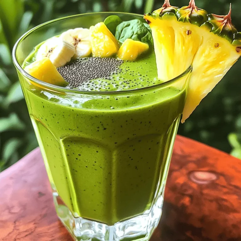 - 1 cup fresh spinach - 1 ripe banana - 1/2 ripe avocado - 1/2 cup pineapple chunks (fresh or frozen) - 1/2 cup coconut water (or almond milk) When I make my Tropical Green Smoothie, I start with fresh spinach. Spinach is rich in iron and vitamins. Next, I add a ripe banana. It gives the smoothie natural sweetness and creaminess. Then, I include half a ripe avocado. This adds healthy fats and makes the drink smooth. Pineapple chunks come next. They bring a bright tropical flavor. Finally, I pour in coconut water or almond milk. This helps blend everything well and adds hydration. - 1 tablespoon chia seeds - Juice of 1 lime - 1 teaspoon honey or agave syrup (optional) For extra nutrients, I like to add chia seeds. They are full of fiber and omega-3s. Lime juice gives a zesty kick that brightens the taste. If you want it sweeter, you can use honey or agave syrup. This is all about your taste! - Health advantages of spinach - Benefits of avocado - Importance of coconut water Spinach is a powerhouse of vitamins. It supports healthy skin and boosts energy. Avocado is great for heart health. It helps lower bad cholesterol. Coconut water is not just tasty; it hydrates and replenishes electrolytes. All these ingredients make this smoothie a healthy choice. You can find the Full Recipe in the section above for a delicious and nutritious drink. - Wash 1 cup of fresh spinach under cold water. - Peel 1 ripe banana and 1/2 ripe avocado. - Cut 1/2 cup of pineapple into chunks if fresh. - Measure 1/2 cup of coconut water or almond milk. - Gather 1 tablespoon of chia seeds and juice of 1 lime. - If you want sweetness, have 1 teaspoon of honey or agave syrup ready. - Start by adding the spinach to the blender. - Next, add the banana, avocado, and pineapple chunks. - Pour in the coconut water or almond milk. - Add chia seeds, lime juice, and optional sweetener. - Blend on high speed for 30-60 seconds. - If the smoothie is too thick, add more coconut water or almond milk. - Pour the smoothie into your favorite glass. - For a fun touch, garnish with a few chia seeds. - Add a slice of lime on the glass rim for extra flair. This refreshing drink is not just good for you; it looks great too! To get the right texture, adjust the liquid amounts. If your smoothie is too thick, add more coconut water or almond milk. Each splash makes a difference. If you want it thicker, add less liquid. Now, about ice: using ice can make your smoothie colder and thicker. But, it might dilute the flavors. If you prefer a creamier drink, skip the ice. Use frozen fruits instead for a chill without losing taste. To change the sweetness, taste your smoothie before serving. If it’s not sweet enough, add a little honey or agave syrup. Start with a teaspoon. Blend again and taste. You can add more if needed. You can also use natural sweeteners like ripe bananas or sweet pineapple chunks. They add flavor and sweetness without extra sugar. To save time, prep your ingredients ahead of time. Wash and chop spinach, banana, and avocado. Store them in the fridge for quick access. This makes your smoothie-making fast and easy. Freezing fruits is another great trick. Freeze banana slices or pineapple chunks in advance. They’ll blend well and keep your smoothie cold. Plus, frozen fruits can last longer, reducing waste. For the full recipe, be sure to check out the detailed steps! {{image_2}} You can make your Tropical Green Smoothie even better! Here are two fun ways to change the flavor. - Adding mango for extra sweetness: Mango makes the smoothie creamy and adds natural sugar. Just toss in half a ripe mango. It blends well with the other fruits. - Incorporating kiwi for a tangy twist: Kiwi gives a nice zing. Slice one kiwi and add it to the mix. The bright green color is also eye-catching! Want to boost your smoothie’s nutrition? Try these add-ins. - Protein powder options: Add a scoop of your favorite protein powder. It gives a nice kick and keeps you full longer. Whey, pea, or hemp powder are great choices. - Incorporating superfoods (e.g., spirulina): Spirulina is a green powder full of nutrients. Just a teaspoon can add vitamins and minerals. It also gives a fun color! You can easily tweak this recipe to fit your needs. - Vegan-friendly modifications: The Tropical Green Smoothie is already mostly vegan. Just skip the honey or use agave syrup. It’s sweet and plant-based! - Low-sugar alternatives: If you want less sugar, skip the banana. Use more spinach or avocado instead. They add creaminess without the extra sugar. Explore these variations to create your perfect Tropical Green Smoothie! Check the Full Recipe for the basic mix. To keep your Tropical Green Smoothie fresh, use a clean glass or BPA-free plastic container. Make sure it has a tight seal to prevent air from getting in. Air can change the taste and nutrients. If you have leftovers, fill the container to the top. This reduces the air inside. Store your smoothie in the fridge for best results. Freezing smoothies is a great way to save them for later. Pour your smoothie into ice cube trays or freezer-safe bags. Each cube can be a quick snack or addition to another drink. To thaw, place the cubes in the fridge overnight. You can also use a microwave on low for a few seconds. Blend again if the texture changes after thawing. In the fridge, your Tropical Green Smoothie can last about 1 to 2 days. Signs of spoilage include a sour smell or change in color. If it looks or smells off, it is best to toss it out. Fresh is always best for taste and health. Enjoy your smoothie soon after making it for maximum freshness and flavor. To make your Tropical Green Smoothie less thick, simply adjust the liquid. Here are some tips: - Add more coconut water or almond milk: Start with a splash and blend again. - Include ice cubes: Ice can help thin out the smoothie while keeping it cold. - Use more fruit juice: Adding a bit of juice can lighten the texture. Adjusting the amount of liquid can change the smoothie’s thickness to your liking. Absolutely! Customizing your smoothie is fun and easy. Here are some suggestions: - Swap spinach for kale: Use kale for a different flavor and texture. - Change the fruit: Use mango or papaya instead of banana for a tropical twist. - Try different liquids: Almond milk or oat milk can replace coconut water. Feel free to mix and match to fit your taste. Green smoothies offer many health benefits. Here are some key nutrients: - Spinach: Rich in vitamins A and C, good for skin and eyes. - Avocado: Provides healthy fats that support heart health. - Chia seeds: Packed with fiber and omega-3 fatty acids, great for digestion. These nutrients work together to boost your energy and overall health. Adding this smoothie to your daily routine is simple. Here are some tips: - Make it a breakfast staple: Enjoy it every morning for a nutrient boost. - Post-workout drink: Ideal for refueling after exercise. - Snack option: Sip it as a healthy snack between meals. Plan to have it a few times a week for the best health benefits. For the full recipe, check out the details above! You now have all you need to make a delicious Tropical Green Smoothie. We covered the essential ingredients, preparation steps, and storage tips. You learned how to tweak the texture and sweetness to fit your taste. Feel free to explore different flavors and dietary needs. This smoothie is easy to prep and packed with nutrients. It’s a great way to start your day or boost your energy. Enjoy your healthy drink and make it a regular part of your routine!