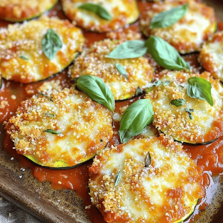- 4 medium zucchinis, sliced into 1/4-inch rounds - 1 cup breadcrumbs (preferably whole wheat) - 1 cup grated Parmesan cheese - 2 cups marinara sauce - 1 teaspoon Italian seasoning - 1 teaspoon garlic powder - Salt and pepper to taste - 2 tablespoons olive oil - Fresh basil leaves, for garnish When I make Baked Zucchini Parmesan, I love starting with fresh zucchinis. They bring a nice crunch and flavor. You can find them at most grocery stores or farmers' markets. Slice them evenly to get a good bake. For the breadcrumb coating, I prefer whole wheat. It adds a nutty taste and a better texture. Mixing it with grated Parmesan cheese gives the dish a rich flavor. I also add Italian seasoning and garlic powder for extra zest. These spices make the dish pop! I like to lightly coat the zucchini in olive oil. This helps the breadcrumbs stick better. Don't forget to season them with salt and pepper. This step adds depth to the flavor. Finally, for garnishing, fresh basil leaves are a must. They add color and a fresh taste. You can chop them up or leave them whole for a lovely touch. These ingredients combine to create a tasty dish. If you're ready to try it, check out the Full Recipe! - Preheat your oven to 375°F (190°C). - Lightly coat the zucchini slices with olive oil and season with salt and pepper. Start by getting your oven ready. Preheating is key for that crispy finish. Next, take your zucchini and slice it into nice, even rounds. A quarter-inch thickness works best. This size helps them cook evenly. Coat each slice with a bit of olive oil. This adds flavor and helps the coating stick. Sprinkle some salt and pepper on them for taste. - In a mixing bowl, combine breadcrumbs, half of the Parmesan cheese, Italian seasoning, garlic powder, salt, and pepper. - Dip each zucchini slice into the breadcrumb mixture and place them on a baking sheet. Now it's time to mix the dry ingredients. Grab a bowl and add breadcrumbs, half of the Parmesan cheese, Italian seasoning, garlic powder, salt, and pepper. Stir well to combine everything. This mix is what gives your zucchini that tasty crunch. Take each slice of zucchini and dip it into the breadcrumb mixture. Make sure to press it lightly. This helps the coating stick. Place the coated slices on a baking sheet lined with parchment paper. - Bake for about 20-25 minutes until golden brown and crispy. - Spoon marinara sauce over the zucchini and sprinkle with remaining Parmesan. - Return to oven for an additional 5-7 minutes until cheese is melted and bubbly. Pop the baking sheet into your preheated oven. Bake those zucchini slices for about 20 to 25 minutes. Look for a golden brown color, which means they're crispy and ready. While they bake, warm your marinara sauce in a small pot. When the zucchini is done, take it out of the oven. Spoon some marinara sauce over each slice. Then, sprinkle the rest of the Parmesan cheese on top. Put the baking sheet back in the oven for another 5 to 7 minutes. This will melt the cheese and make it bubbly. To get that perfect crunch, focus on the breadcrumb coating. Use whole wheat breadcrumbs for added flavor and texture. Make sure to press the breadcrumbs onto each zucchini slice. This helps the coating stick well. You can also try mixing in some grated cheese with the breadcrumbs. This adds even more crunch and flavor. Don't be afraid to experiment with seasonings. You can add smoked paprika for a hint of smokiness or even some chili flakes for heat. Try mixing in dried herbs like oregano or thyme. Each combination offers a unique taste that can elevate your dish. When it comes to marinara, you have options. Homemade marinara gives a fresh taste. Store-bought sauces are quick and easy. If you're short on time, go for a high-quality jarred marinara. Look for brands with simple ingredients for the best flavor. You can also try different sauces with baked zucchini. A creamy alfredo pairs well for a rich dish. Pesto adds a fresh and herby flavor. Warm up some tomato sauce with garlic and basil for a classic twist. For a complete meal, serve baked zucchini parmesan with a salad. A crisp green salad with lemon vinaigrette works well. You can also add some garlic bread for a hearty touch. Presentation matters too! Arrange the baked zucchini nicely on a platter. Garnish with fresh basil leaves for a pop of color. Drizzle some extra marinara around the dish for an appealing look. For the full recipe, check the details above. {{image_2}} You can change the cheese for great taste. Mozzarella adds a nice melt. Cheddar brings sharpness. Romano gives a salty kick. You can mix these cheeses too. Try half mozzarella and half Parmesan for a creamy texture. This mix keeps the dish flavorful and fun. Want to make this dish heartier? You can add cooked chicken or turkey on top. Just shred the meat and place it over the zucchini. For a veggie option, try beans or lentils. They add protein and keep it filling. Both options make this dish a meal on its own. If you need a gluten-free dish, it’s easy to adapt. Use gluten-free breadcrumbs instead of regular ones. Always check labels to ensure all ingredients are gluten-free. This way, everyone can enjoy this tasty meal. You won’t lose flavor or texture with these swaps. For the full recipe, check out the steps and ingredients in the earlier sections. To store baked zucchini parmesan, let it cool first. Place it in an airtight container. This helps keep it fresh. You can store it in the fridge for up to three days. Make sure to separate layers with parchment paper to avoid sogginess. For the best results, reheat in the oven. Preheat the oven to 350°F (175°C). Place the zucchini on a baking sheet and heat for about 10 minutes. This keeps it crispy. You can use a microwave, but it may get soggy. If you use the microwave, heat it in 30-second intervals until warm. Yes, you can freeze baked zucchini parmesan. First, let it cool completely. Wrap each piece in plastic wrap and then place in a freezer bag. It can last up to three months in the freezer. To thaw, move it to the fridge overnight. Reheat in the oven or microwave before serving. For the full recipe, check out the [Full Recipe]. The prep time is 15 minutes. This means you can quickly gather your ingredients, slice the zucchini, and mix the coatings. You’ll be ready to bake in no time! This recipe makes a total of 4 servings. It’s perfect for a small family meal or a cozy dinner with friends. You can easily adjust the recipe if you need more servings. Yes, you can use other vegetables! Try eggplant, yellow squash, or even sliced bell peppers. Each will bring its own tasty twist to the dish. Just remember to adjust the baking time, as different veggies may cook faster or slower than zucchini. Baked zucchini Parmesan is a tasty and simple dish. You learned about the main ingredients, step-by-step instructions, and tips for a great result. There are also fun variations and storage tips to keep your leftovers fresh. This dish is an easy way to enjoy more veggies. Try it with different cheeses or proteins to make it your own. Enjoy your cooking adventure and make your meals exciting and fun!