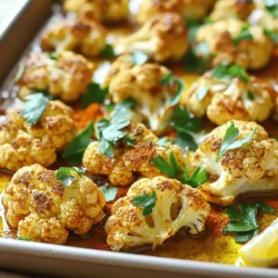 - 1 large head of cauliflower, cut into bite-sized florets - 3 tablespoons olive oil - 1 teaspoon ground cumin - 1 teaspoon smoked paprika - ½ teaspoon turmeric - ½ teaspoon garlic powder - Salt and pepper to taste - 2 tablespoons fresh parsley, chopped (for garnish) - 1 tablespoon lemon juice - Additional spices for variation (e.g., chili powder, onion powder) - Parmesan cheese for an extra flavor boost I love using fresh ingredients when I cook. For this roasted cauliflower, I start with a large head of cauliflower. Cutting it into bite-sized florets helps them cook evenly. Next, I grab my olive oil. It adds a rich flavor and helps the spices stick. I use ground cumin and smoked paprika for a warm, earthy taste. A little turmeric gives it a vibrant color, while garlic powder adds depth. Salt and pepper are essential for balancing flavors. I like to season generously but taste as I go. For a bright finish, I add lemon juice. It brings out the natural sweetness of the cauliflower. I also recommend fresh parsley as a garnish. It adds a pop of color and freshness. If you want to mix things up, try adding different spices. Chili powder can add heat, and onion powder can deepen the flavor. For a cheesy twist, sprinkle some Parmesan cheese on top just before serving. These ingredients make the dish simple yet packed with flavor. For the full recipe, check out the Deliciously Spiced Roasted Cauliflower section. - Preheat your oven to 425°F (220°C). - Cut the cauliflower into equal-sized florets. This helps them cook evenly. - In a large mixing bowl, combine the cauliflower florets with: - 3 tablespoons olive oil - 1 teaspoon ground cumin - 1 teaspoon smoked paprika - ½ teaspoon turmeric - ½ teaspoon garlic powder - Salt and pepper to taste - Stir well until the cauliflower is evenly coated. This gives each piece a burst of flavor. - Spread the seasoned cauliflower on a baking sheet. Make sure they are in a single layer. - Roast in the preheated oven for 25-30 minutes. Stir halfway through for even cooking. - Keep an eye on them, and look for a golden color. This shows they are ready to eat. - For an extra zing, drizzle with lemon juice right after roasting. Enjoy this delicious treat! - Check out the Full Recipe for more details and tips. To get that crisp and tasty cauliflower, use high heat. Set your oven to 425°F (220°C). This temperature helps to caramelize the edges, giving a great flavor. It's important to space out the florets on your baking sheet. If they are too close together, they will steam instead of roast. A single layer allows hot air to move around, making them crispier. Want to add more flavor? Try adding garlic or onion. You can mix in minced garlic with the spices before roasting. This will give your cauliflower a rich, savory taste. You could also toss in some onion powder or even caramelized onions for extra depth. Both choices will elevate the flavor profile. Roasted cauliflower works well as a side dish with many meals. Pair it with grilled chicken or fish for a balanced plate. It also shines as part of a veggie bowl with grains and beans. You can serve it alongside a fresh salad for a light lunch. For something fun, top your roasted cauliflower with a sprinkle of cheese or nuts before serving. These add-ons make each bite exciting. For a full recipe, check out the Deliciously Spiced Roasted Cauliflower. {{image_2}} You can easily change the spices to fit your taste. If you like heat, try adding chili powder. For a fresh twist, use curry powder or Italian herbs. Mix and match spices to find your favorite blend. Just remember to keep the base flavors intact for the best results. If you don't have cauliflower, use broccoli or Brussels sprouts instead. Both vegetables roast well and offer a similar texture. You can follow the same cooking steps and adjust the cooking time slightly. Try a mix of veggies for a colorful and tasty dish! To make this recipe gluten-free, simply avoid any sauces with gluten. It is naturally gluten-free as written. For a vegan option, skip any cheese toppings and stick to plant-based ingredients. This way, everyone can enjoy the dish without worry. To keep your roasted cauliflower fresh, place it in an airtight container. Store it in the refrigerator. It will stay good for about 3 to 5 days. If you want to keep it longer, consider freezing it. When reheating, the goal is to keep that nice texture. Preheat your oven to 350°F (175°C). Spread the cauliflower on a baking sheet. Heat for about 10-15 minutes. This helps keep it crispy and warm. You can also use a microwave if you’re in a hurry. Just heat it for 1-2 minutes, but it may not be as crispy. To freeze your roasted cauliflower, let it cool completely. Then, place it in a freezer bag. Remove as much air as you can before sealing. It will last up to 3 months in the freezer. When you’re ready to eat it, thaw it overnight in the fridge. Reheat it in the oven for best results. For more details, check the Full Recipe. You will know your roasted cauliflower is ready when it turns golden brown. The florets should be tender when you poke them with a fork. This means they have cooked through and will have a nice texture. You can check around the 25-minute mark. If they need more time, roast them a few minutes longer. Yes, you can use frozen cauliflower! However, you must make some adjustments. Thaw the cauliflower first to avoid excess water. Pat it dry with a towel. This helps in getting that nice roasted finish. Roast it for a little less time than fresh, about 20 to 25 minutes, since it's already blanched. Roasted cauliflower is great with many dishes. It goes well with grilled chicken or fish. You can also serve it as a side with a hearty salad. Try it alongside quinoa or rice dishes for a complete meal. Adding it to a grain bowl makes for a healthy, tasty option. For more ideas, check the Full Recipe for inspiration! Roasting cauliflower is simple and rewarding. You can create a flavorful dish with just a few ingredients. Remember to cut the cauliflower into even pieces and mix well with oil and spices. High heat ensures a crispy texture. Feel free to try different spices or pair it with your favorite meals. Store leftovers carefully for later enjoyment. With this guide, you can roast cauliflower like a pro. Enjoy your cooking adventure and savor every bite!