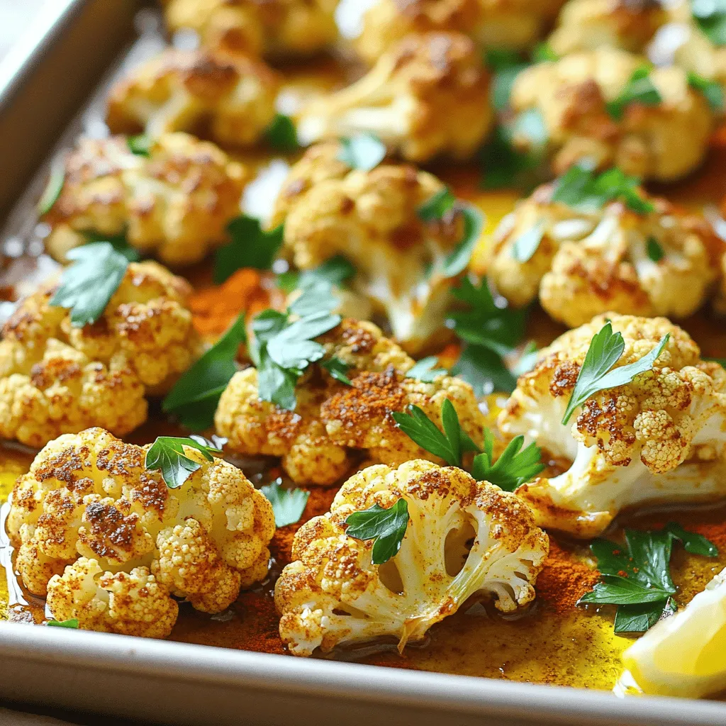 - 1 large head of cauliflower, cut into bite-sized florets - 3 tablespoons olive oil - 1 teaspoon ground cumin - 1 teaspoon smoked paprika - ½ teaspoon turmeric - ½ teaspoon garlic powder - Salt and pepper to taste - 2 tablespoons fresh parsley, chopped (for garnish) - 1 tablespoon lemon juice - Additional spices for variation (e.g., chili powder, onion powder) - Parmesan cheese for an extra flavor boost I love using fresh ingredients when I cook. For this roasted cauliflower, I start with a large head of cauliflower. Cutting it into bite-sized florets helps them cook evenly. Next, I grab my olive oil. It adds a rich flavor and helps the spices stick. I use ground cumin and smoked paprika for a warm, earthy taste. A little turmeric gives it a vibrant color, while garlic powder adds depth. Salt and pepper are essential for balancing flavors. I like to season generously but taste as I go. For a bright finish, I add lemon juice. It brings out the natural sweetness of the cauliflower. I also recommend fresh parsley as a garnish. It adds a pop of color and freshness. If you want to mix things up, try adding different spices. Chili powder can add heat, and onion powder can deepen the flavor. For a cheesy twist, sprinkle some Parmesan cheese on top just before serving. These ingredients make the dish simple yet packed with flavor. For the full recipe, check out the Deliciously Spiced Roasted Cauliflower section. - Preheat your oven to 425°F (220°C). - Cut the cauliflower into equal-sized florets. This helps them cook evenly. - In a large mixing bowl, combine the cauliflower florets with: - 3 tablespoons olive oil - 1 teaspoon ground cumin - 1 teaspoon smoked paprika - ½ teaspoon turmeric - ½ teaspoon garlic powder - Salt and pepper to taste - Stir well until the cauliflower is evenly coated. This gives each piece a burst of flavor. - Spread the seasoned cauliflower on a baking sheet. Make sure they are in a single layer. - Roast in the preheated oven for 25-30 minutes. Stir halfway through for even cooking. - Keep an eye on them, and look for a golden color. This shows they are ready to eat. - For an extra zing, drizzle with lemon juice right after roasting. Enjoy this delicious treat! - Check out the Full Recipe for more details and tips. To get that crisp and tasty cauliflower, use high heat. Set your oven to 425°F (220°C). This temperature helps to caramelize the edges, giving a great flavor. It's important to space out the florets on your baking sheet. If they are too close together, they will steam instead of roast. A single layer allows hot air to move around, making them crispier. Want to add more flavor? Try adding garlic or onion. You can mix in minced garlic with the spices before roasting. This will give your cauliflower a rich, savory taste. You could also toss in some onion powder or even caramelized onions for extra depth. Both choices will elevate the flavor profile. Roasted cauliflower works well as a side dish with many meals. Pair it with grilled chicken or fish for a balanced plate. It also shines as part of a veggie bowl with grains and beans. You can serve it alongside a fresh salad for a light lunch. For something fun, top your roasted cauliflower with a sprinkle of cheese or nuts before serving. These add-ons make each bite exciting. For a full recipe, check out the Deliciously Spiced Roasted Cauliflower. {{image_2}} You can easily change the spices to fit your taste. If you like heat, try adding chili powder. For a fresh twist, use curry powder or Italian herbs. Mix and match spices to find your favorite blend. Just remember to keep the base flavors intact for the best results. If you don't have cauliflower, use broccoli or Brussels sprouts instead. Both vegetables roast well and offer a similar texture. You can follow the same cooking steps and adjust the cooking time slightly. Try a mix of veggies for a colorful and tasty dish! To make this recipe gluten-free, simply avoid any sauces with gluten. It is naturally gluten-free as written. For a vegan option, skip any cheese toppings and stick to plant-based ingredients. This way, everyone can enjoy the dish without worry. To keep your roasted cauliflower fresh, place it in an airtight container. Store it in the refrigerator. It will stay good for about 3 to 5 days. If you want to keep it longer, consider freezing it. When reheating, the goal is to keep that nice texture. Preheat your oven to 350°F (175°C). Spread the cauliflower on a baking sheet. Heat for about 10-15 minutes. This helps keep it crispy and warm. You can also use a microwave if you’re in a hurry. Just heat it for 1-2 minutes, but it may not be as crispy. To freeze your roasted cauliflower, let it cool completely. Then, place it in a freezer bag. Remove as much air as you can before sealing. It will last up to 3 months in the freezer. When you’re ready to eat it, thaw it overnight in the fridge. Reheat it in the oven for best results. For more details, check the Full Recipe. You will know your roasted cauliflower is ready when it turns golden brown. The florets should be tender when you poke them with a fork. This means they have cooked through and will have a nice texture. You can check around the 25-minute mark. If they need more time, roast them a few minutes longer. Yes, you can use frozen cauliflower! However, you must make some adjustments. Thaw the cauliflower first to avoid excess water. Pat it dry with a towel. This helps in getting that nice roasted finish. Roast it for a little less time than fresh, about 20 to 25 minutes, since it's already blanched. Roasted cauliflower is great with many dishes. It goes well with grilled chicken or fish. You can also serve it as a side with a hearty salad. Try it alongside quinoa or rice dishes for a complete meal. Adding it to a grain bowl makes for a healthy, tasty option. For more ideas, check the Full Recipe for inspiration! Roasting cauliflower is simple and rewarding. You can create a flavorful dish with just a few ingredients. Remember to cut the cauliflower into even pieces and mix well with oil and spices. High heat ensures a crispy texture. Feel free to try different spices or pair it with your favorite meals. Store leftovers carefully for later enjoyment. With this guide, you can roast cauliflower like a pro. Enjoy your cooking adventure and savor every bite!