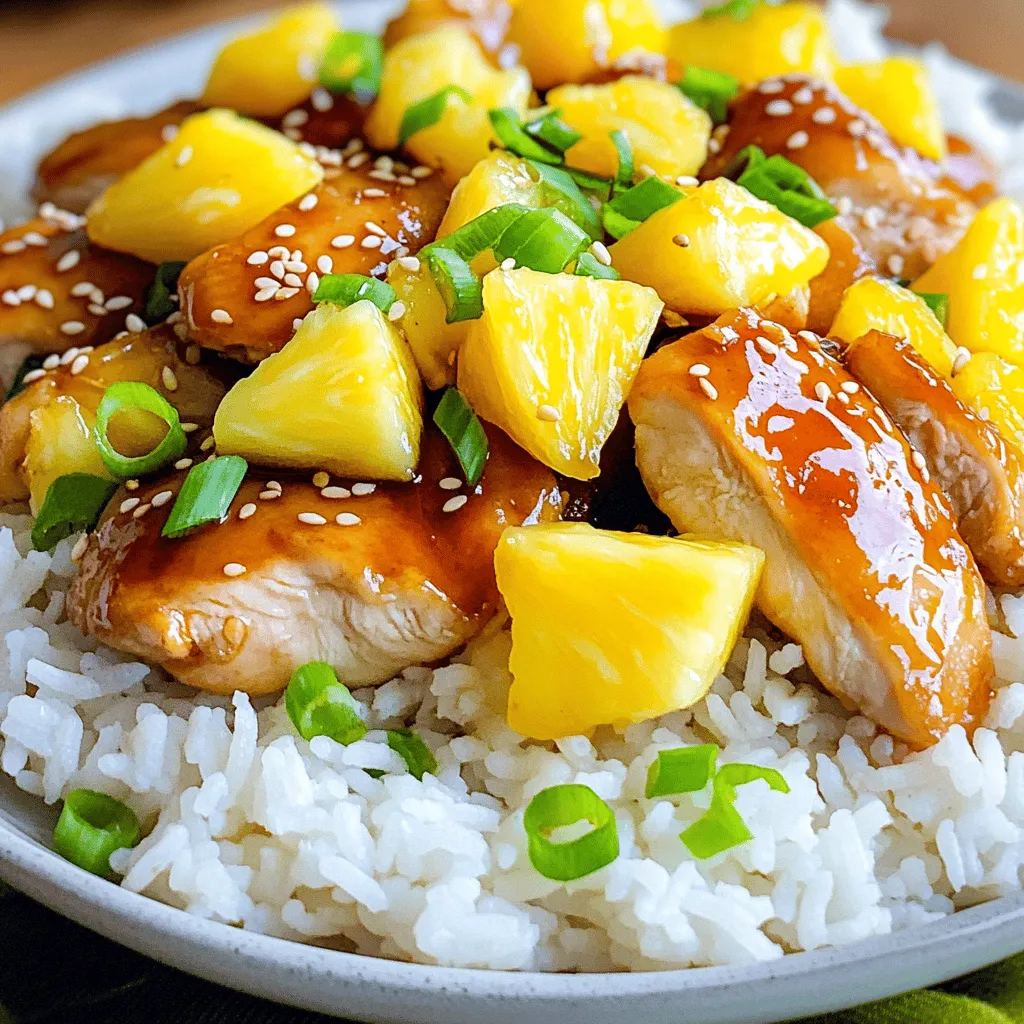- 4 boneless, skinless chicken thighs - 1 cup fresh pineapple chunks - ½ cup teriyaki sauce (store-bought or homemade) - 2 tablespoons soy sauce - 1 tablespoon honey - 1 teaspoon grated fresh ginger - 2 cloves garlic, minced - 1 tablespoon vegetable oil - 1 green onion, thinly sliced (for garnish) - Sesame seeds (for garnish) - Cooked jasmine rice (for serving) For this recipe, I recommend using these specific amounts to get the best flavor. Use 4 chicken thighs, as they stay juicy and tender. One cup of fresh pineapple adds sweetness and a tropical vibe. The teriyaki sauce brings that savory taste, so don’t skip it. The soy sauce and honey help balance the flavors. A teaspoon of fresh ginger adds a nice kick, while garlic gives aroma. If you want to add more flavor, consider using red pepper flakes for heat. You can also add bell peppers or snap peas for extra crunch and color. These options can make the dish even better and suit your taste. First, we need to mix the marinade. In a medium bowl, combine the teriyaki sauce, soy sauce, honey, grated ginger, and minced garlic. Stir well to combine. This blend gives the chicken a rich flavor. Next, add the chicken thighs to the bowl. Make sure each piece is well coated. Cover the bowl and let it rest for at least 30 minutes. If you have time, marinate overnight for a deeper taste. Now, it’s time to cook the chicken. Heat the vegetable oil in a large skillet over medium-high heat. When the oil is hot, take the chicken out of the marinade. Place the chicken in the skillet. Be careful; the oil may splatter. Cook the chicken for about 5 to 7 minutes on each side. You want it to reach 165°F. Once cooked, remove the chicken from the skillet and let it rest for a few minutes. In the same skillet, pour in the reserved marinade. Add the fresh pineapple chunks. Bring this mixture to a simmer over medium heat. Let it cook for about 5 minutes. This helps thicken the sauce and infuse it with flavor. Slice the rested chicken and add it back to the skillet. Stir everything together until well coated and heated through. This step takes about 2 minutes. Now your Pineapple Teriyaki Chicken is almost ready to serve! To get juicy chicken, start with boneless, skinless thighs. They stay moist while cooking. Marinate the chicken for at least 30 minutes. This helps the flavors soak in. Cook the chicken on medium-high heat. This gives a nice sear. Use a meat thermometer to check for doneness. The chicken should reach 165°F (75°C). Let the chicken rest after cooking. This keeps the juices inside. Add fresh herbs for extra flavor. Chopped cilantro or basil adds a nice touch. You can also try using lime juice for a zesty kick. If you love a bit of heat, add red pepper flakes. For deeper flavor, grill the chicken instead of pan-frying. This adds smokiness. Feel free to experiment with different teriyaki sauces. Some brands have unique flavors that can change the dish. Serve the Pineapple Teriyaki Chicken over jasmine rice. The rice absorbs the sweet sauce perfectly. You can also add steamed broccoli or snap peas for color and crunch. Garnish with sliced green onions and sesame seeds. This adds both taste and looks. For a fun twist, serve it in lettuce wraps for a fresh bite. Enjoy your colorful plate! {{image_2}} You can change the protein in this recipe. Chicken is great, but try pork! Pork tenderloin works well with teriyaki sauce. You can also use shrimp for a quick meal. Just adjust the cooking time. Shrimp cooks fast, about 2-3 minutes per side. For a tasty vegetarian dish, use tofu or tempeh. Press the tofu to remove water. Cut it into cubes and marinate just like the chicken. Cook on medium heat until golden brown. You can also use seitan for a meat-like texture. It soaks up the flavors well. You can tweak the sauce to fit your taste. Add more honey for sweetness, or a splash of lime for a tangy kick. If you want heat, add red pepper flakes or sriracha. For a thicker sauce, mix cornstarch with water and stir it in while cooking. These changes make the dish your own! Check out the Full Recipe to see how to make this vibrant meal. After enjoying your Pineapple Teriyaki Chicken, cool it down. Place the chicken and sauce in a container. Make sure it has a tight lid. Store it in the fridge. It will stay fresh for up to three days. Keep the chicken and rice separate to avoid sogginess. When you are ready to eat leftovers, take them out of the fridge. You can reheat them in the microwave. Use a microwave-safe dish and cover it with a lid. Heat for 1-2 minutes or until hot. Stir halfway through to ensure even heating. You can also reheat in a skillet on low heat. Add a splash of water to keep it moist. If you want to save Pineapple Teriyaki Chicken for later, freezing is a great option. Place cooled chicken and sauce in a freezer-safe bag or container. Make sure to remove as much air as possible. Label the bag with the date. Frozen chicken will keep well for up to three months. To thaw, place it in the fridge overnight before reheating. For more details, refer to the Full Recipe. Yes, you can use frozen chicken for this recipe. Just make sure to thaw it first. You can do this in the fridge overnight or use the defrost setting on your microwave. Thawed chicken will soak up the marinade better, giving you more flavor. Making teriyaki sauce at home is easy! Here’s a simple recipe: - Combine ½ cup soy sauce - Add ¼ cup brown sugar - Mix in 1 tablespoon rice vinegar - Stir in 1 teaspoon grated ginger - Add 1 clove minced garlic Heat this mixture in a small pot over medium heat. Stir until the sugar melts. You can thicken it by adding a cornstarch slurry. Just mix 1 tablespoon cornstarch with 1 tablespoon water and add it to the sauce. Now you have a tasty homemade teriyaki sauce! Pineapple Teriyaki Chicken tastes great with: - Cooked jasmine rice - Steamed broccoli - Sautéed bell peppers - Fried rice - A fresh salad These sides will complete your meal and add to the flavors. For a fun twist, try adding some extra pineapple chunks to your rice! Check out the [Full Recipe] for more ideas on how to enjoy this dish. In this post, we covered the key ingredients and steps for Pineapple Teriyaki Chicken. We explored marinating, cooking, and sauce-making. You also learned tips for perfect chicken and serving ideas. We discussed variations, storage methods, and answered common questions. Now, with this knowledge, you can create flavorful meals at home. Enjoy your cooking and share your tasty results!