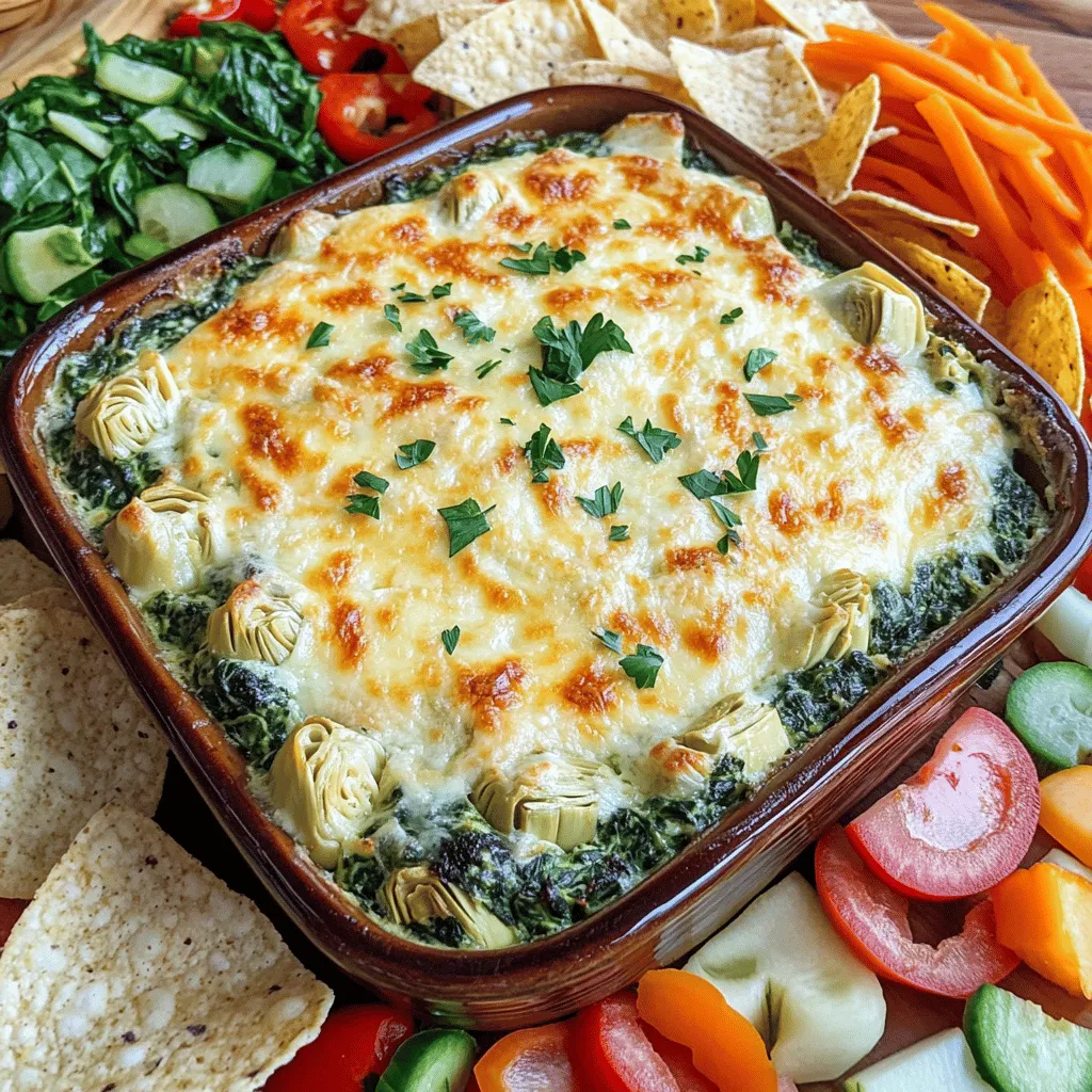 For a delicious spinach artichoke dip, you will need the following ingredients: - 1 cup fresh spinach, chopped - 1 cup canned artichoke hearts, drained and chopped - 1 cup cream cheese, softened - 1/2 cup sour cream - 1/2 cup mayonnaise - 1 cup shredded mozzarella cheese - 1/2 cup grated Parmesan cheese - 2 cloves garlic, minced - 1 teaspoon onion powder - Salt and pepper to taste You can add some fun twists to your dip. Here are a few ideas: - 1/2 teaspoon crushed red pepper flakes for heat - Fresh herbs like parsley or basil for extra flavor - A squeeze of lemon juice for brightness - Chopped sun-dried tomatoes for a sweet touch To make this dip, gather these tools: - Mixing bowl - Baking dish - Spatula or spoon for mixing - Oven for baking - Knife and chopping board for prep This recipe is easy and full of flavor. You can find the Full Recipe above for detailed cooking steps! Making spinach artichoke dip is easy and fun. You will need a few simple steps. First, gather your ingredients. This dip takes just 10 minutes to prepare. The total time for making it is about 35 minutes. You can serve it warm or at room temperature. 1. Preheat your oven to 350°F (175°C). This step is key for a nice bake. 2. Grab a large mixing bowl. Add the softened cream cheese, sour cream, and mayonnaise. Mix them until you have a smooth blend. 3. Next, stir in the chopped spinach and artichoke hearts. Add the minced garlic and onion powder. If you like a bit of heat, mix in the crushed red pepper flakes. 4. Fold in the mozzarella and Parmesan cheeses. Keep a little mozzarella for later. Season with salt and pepper to your taste. 5. Now, transfer the mixture into a baking dish. Spread it out evenly. 1. Sprinkle the reserved mozzarella cheese on top of the dip. 2. Bake it in the preheated oven for 20 to 25 minutes. Look for the dip to be hot and bubbly, with a slightly golden top. 3. Once done, remove it from the oven. Let it cool for a few minutes before serving. This spinach artichoke dip is perfect for sharing. You can serve it with tortilla chips, pita bread, or fresh veggies. For a lovely touch, garnish with fresh parsley. For complete details, you can check the Full Recipe. Enjoy your dip! To make the best spinach artichoke dip, start with fresh spinach. Fresh spinach has a bright taste that makes the dip pop. Use high-quality cheeses for a richer flavor. I suggest using full-fat cream cheese for creaminess. Mix the ingredients well to avoid dry spots. Bake until bubbling and golden for the best texture. One common mistake is overcooking the dip. Baking too long can dry it out. Avoid using frozen spinach, as it can add more water. Drain your artichokes well to keep the dip from being soggy. Lastly, don't skip the salt and pepper. Proper seasoning is key to a tasty dip. You can make your dip even better with add-ins. Try adding chopped sun-dried tomatoes for a bit of sweetness. A squeeze of lemon juice brightens the flavor. For heat, add diced jalapeños or a dash of hot sauce. Fresh herbs like basil or dill can add a nice twist. Consider mixing in roasted garlic for a deeper taste. For the full recipe, check out the instructions above. Enjoy your delicious creation! {{image_2}} You can make this dip healthier without losing flavor. Here are some swaps: - Use Greek yogurt instead of sour cream. - Replace cream cheese with low-fat cream cheese. - Choose reduced-fat mayonnaise to cut calories. These changes keep the dip creamy and rich while being lighter. Want to shake things up? Try adding different flavors: - Mix in some sun-dried tomatoes for a tangy kick. - Add cooked, crumbled bacon for a smoky taste. - Toss in some fresh herbs like basil or dill for freshness. These additions can make your dip stand out at any gathering. You can easily make this dip vegan or gluten-free. Here’s how: - For vegan, swap cream cheese and sour cream with cashew cream or tofu. - Use vegan mayonnaise for added creaminess. - Ensure all cheeses are replaced with vegan options. For gluten-free, just serve it with gluten-free chips or veggies. Enjoy every bite without worry. You can find the full recipe for this delicious dip above. After you enjoy your spinach artichoke dip, let it cool down. Once it's cool, transfer it to an airtight container. This helps keep the flavors fresh. Store it in the fridge for up to three days. Be sure to label it to avoid any mix-ups. To reheat your dip, preheat the oven to 350°F (175°C). Place the dip in a baking dish. Cover it with foil to keep it moist. Heat for about 15-20 minutes, or until warm. You can also use a microwave. Heat it in short bursts, stirring in between. If you want to save some for later, freezing is a great option. First, let the dip cool completely. Then, place it in a freezer-safe container. Be sure to leave some space at the top since it expands when frozen. It will last for about two months. When ready to use, thaw it in the fridge overnight before reheating. For the full recipe, check out the Spinach Artichoke Delight Dip. You can serve Spinach Artichoke Dip with many tasty options. Tortilla chips are a classic choice. They add a nice crunch. You can also use pita bread or sliced vegetables. Carrots and bell peppers work great for dipping. For a fun twist, try serving it with toasted baguette slices. Each option enhances the dip's creamy flavor. Yes, you can make this dip ahead of time. Preparing it the day before works well. Just mix all the ingredients and store it in the fridge. When you're ready, bake it as directed. This method saves time on busy days or gatherings. Spinach Artichoke Dip is rich in flavor and nutrients. Here’s a quick look at its nutritional content per serving: - Calories: About 200 - Protein: 6 grams - Fat: 15 grams - Carbohydrates: 8 grams - Fiber: 1 gram - Calcium: Provides a good amount from cheese This dip contains healthy spinach and artichokes. They add vitamins and minerals. Enjoying it in moderation is key! For the full recipe, check the earlier section. This blog post guided you through making a delicious spinach artichoke dip. We covered the key ingredients, tools, and step-by-step instructions. Tips helped you catch common mistakes and make the dip even tastier. We explored variations for everyone, including healthy swaps and vegan options. Finally, we discussed how to store leftovers and answered common questions. With these pointers, you can impress friends and family with your dip. Enjoy creating and sharing this tasty treat!