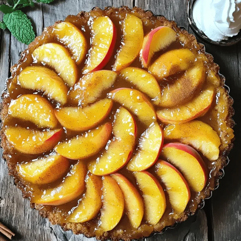 Using ripe peaches is key. Choose four juicy peaches that are soft to the touch. Slice them into thin wedges. These sweet peaches create a lovely topping. Their natural sugars caramelize when baked. This adds a rich flavor to the cake. You need some basic baking items for this cake. Gather these ingredients: - 4 ripe peaches, pitted and sliced - 1/2 cup unsalted butter, softened - 1 cup brown sugar, packed - 1 cup all-purpose flour - 1 teaspoon baking powder - 1/2 teaspoon baking soda - 1/4 teaspoon salt - 1/2 cup granulated sugar - 2 large eggs - 1 teaspoon vanilla extract - 1/2 cup buttermilk - 1 teaspoon ground cinnamon These items ensure your cake rises and bakes evenly. Each ingredient plays a role in taste and texture. While the cake is delicious on its own, you can add extras. Consider serving it with: - Whipped cream - Vanilla ice cream - Fresh mint leaves These toppings enhance the cake's flavor and add a fun twist. They make it look even more appealing on your table. You can find the full recipe to try this delightful dessert and impress your family or friends! Start by preheating your oven to 350°F (175°C). This step is key for even baking. Next, grab a 9-inch round cake pan. Grease it well with some butter. This helps the cake come out easily after baking. In a medium saucepan, melt 1/4 cup of unsalted butter over medium heat. Once melted, stir in 1 cup of packed brown sugar. Mix until it’s all dissolved and bubbly. Pour this sweet mixture into the bottom of your prepared cake pan. Now, take your 4 ripe peaches. Pitting and slicing them is next. Arrange the peach slices over the brown sugar mix in a nice pattern. This will make the cake look pretty when you flip it over. In a large mixing bowl, whisk together 1 cup of all-purpose flour, 1 teaspoon of baking powder, 1/2 teaspoon of baking soda, 1/4 teaspoon of salt, and 1 teaspoon of ground cinnamon. This dry mix gives your cake its structure and flavor. In another bowl, cream together the remaining 1/4 cup of softened butter and 1/2 cup of granulated sugar. Mix until it feels light and fluffy. Add in 2 large eggs one at a time, mixing well after each. Then, stir in 1 teaspoon of vanilla extract. Now, it’s time to combine the wet and dry mixes. Gradually add the dry ingredients to the butter mix. Alternate this with 1/2 cup of buttermilk. Mix just until everything is combined. Be careful not to overmix, as that can make the cake tough. Pour the batter gently over the arranged peaches in the pan. Smooth it out with a spatula. Place the cake in the preheated oven and bake for 35-40 minutes. To check if it's done, insert a toothpick in the center. It should come out clean. After baking, let the cake cool in the pan for about 10 minutes. Then, carefully invert it onto a serving plate. Let it cool completely before serving. Enjoy your Peach Paradise Upside Down Cake for a delightful treat! To get a great bake, check your oven’s temperature. An oven thermometer helps. If your oven runs hot or cold, adjust the time. Use a toothpick to test the cake. It should come out clean when done. Let the cake cool for a bit in the pan before flipping it. This step helps keep it from breaking. A soggy cake can ruin your delight. Make sure to use ripe, but not overripe, peaches. Overripe fruit can release too much juice. Also, drain any extra juice from the peaches before you arrange them. Avoid overmixing the batter; this can add too much air and lead to a dense cake. Serving this cake is fun! Try it warm with a scoop of vanilla ice cream. Whipped cream adds a nice touch too. A sprinkle of cinnamon can enhance the flavor. For a fresh twist, add mint leaves on top. For more details, check the Full Recipe. {{image_2}} You can swap peaches for other fruits. Pineapples work great for a classic twist. You can also try apples or pears for a fall vibe. Berries like blueberries or raspberries add a fresh touch. Choose fruits that caramelize well. This keeps the cake sweet and juicy. Experiment with your favorites for a fun change. Adding spices can elevate your cake. Try nutmeg or ginger for a warm kick. A splash of almond extract gives a nice nutty flavor. You can also add lemon zest for a bright taste. For chocolate lovers, fold in chocolate chips for richness. These little changes make the cake even more delightful. If you need a gluten-free option, use almond flour or a gluten-free blend. Make sure your other ingredients are gluten-free too. The texture may differ, but the taste stays yummy. Always check your baking powder and other pantry staples. This way, everyone can enjoy a slice of this peach upside down cake. For the full recipe, refer back to the Peach Paradise Upside Down Cake. To keep your peach upside down cake fresh, store it in an airtight container. Place a piece of parchment paper between the cake and the lid to absorb moisture. This helps prevent sogginess. You can keep it at room temperature for up to two days. If you want it to last longer, refrigerate it. The cool air will keep the flavors intact but may dry it out slightly. You can freeze the cake if you have leftovers. First, let the cake cool completely. Then, slice it into pieces. Wrap each piece in plastic wrap, then in aluminum foil. This keeps the air out and helps it stay fresh. You can freeze it for up to three months. To enjoy, simply thaw it in the fridge overnight or at room temperature for a few hours. When you're ready to eat your cake, reheating is easy. You can use the oven or microwave. For the oven, preheat it to 350°F (175°C). Place the cake on a baking sheet and cover it with foil. Heat for about 10-15 minutes. If using the microwave, warm a slice for 15-20 seconds. This brings back the soft texture. Enjoy your delicious peach upside down cake! For more details, check the Full Recipe. Yes, you can make this cake ahead. Bake it and let it cool completely. Once cooled, cover it tightly with plastic wrap. Store it in the fridge for up to three days. You can also freeze it for longer storage. Just make sure to wrap it well to avoid freezer burn. To check if the cake is done, insert a toothpick into the center. If it comes out clean, the cake is ready. You can also gently press the top of the cake. If it springs back, it is done. Bake for 35-40 minutes for best results. If you don't have buttermilk, you can make a quick substitute. Mix 1/2 cup of milk with 1/2 tablespoon of vinegar or lemon juice. Let it sit for 5 minutes. This will mimic buttermilk's tangy flavor. You can also use plain yogurt or sour cream, thinned with a little milk. This blog post covered how to make a delicious peach cake. We explored ingredients, from fresh peaches to optional toppings. I shared step-by-step instructions for preparation and baking. You learned tips to ensure a perfect bake and avoid soggy cake. We also discussed variations and storage best practices. Finally, I answered common questions about making the cake ahead and substitutes. Enjoy baking, and have fun experimenting with flavors and fruits! Your peach cake will impress everyone.