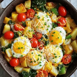 This Loaded Breakfast Skillet is a tasty way to start your day. It combines potatoes, veggies, and eggs in one dish. You can customize it to fit your taste. Here’s what you need for this delicious meal: - 4 medium-sized potatoes, diced - 1 tablespoon olive oil - 1 red bell pepper, diced - 1 green bell pepper, diced - 1 small onion, finely chopped - 4 large eggs - 1 cup cherry tomatoes, halved - 1 cup spinach, chopped - 1 teaspoon garlic powder - 1 teaspoon paprika - Salt and pepper to taste - ½ cup shredded cheese (cheddar or your choice) - Fresh herbs for garnish (chives or parsley) These ingredients create layers of flavor and texture. The potatoes give a great base, while the eggs add protein. The peppers and spinach bring color and nutrients. You can add some fun toppings to make your skillet even better: - Sliced avocado for creaminess - Hot sauce for a kick - Sour cream for richness - More fresh herbs for brightness Feel free to mix and match these garnishes. They can take your dish to the next level! This Loaded Breakfast Skillet is not just filling; it looks great too. Serve it hot for a fantastic breakfast treat. Start by washing your potatoes. I like to use medium-sized ones. Dice them into small cubes. This way, they cook evenly. Heat a large skillet over medium heat. Add one tablespoon of olive oil. Once the oil is hot, place the diced potatoes in the skillet. Season them with salt and pepper. Cook for about 10 to 12 minutes. Stir them often. You want them golden brown and tender. Next, add the chopped onion and bell peppers to the skillet. I use both red and green bell peppers for color. Sauté these veggies for about 5 minutes. You want them to soften, but not lose their crunch. Sprinkle in one teaspoon of garlic powder and paprika. Stir to mix the spices in well. Let it cook for about one minute. This will bring out the flavors. Now, add the halved cherry tomatoes and chopped spinach. Cook for another 2 to 3 minutes. You’ll see the spinach wilt and the tomatoes soften. Now it’s time for the eggs! Create small wells in the veggie mixture. Crack an egg into each well. Cover the skillet and let it cook for about 5 to 7 minutes. You can adjust the time based on how you like your eggs. If you want runny yolks, check them early. Once the eggs are cooked, sprinkle ½ cup of shredded cheese on top. Let it melt for about one minute. Then, remove from heat. Garnish with fresh herbs for a pop of color. Enjoy your delicious Loaded Breakfast Skillet! Check out the Full Recipe for more tips. To get the best eggs, crack them into wells. Cover the skillet to trap heat. This helps the eggs cook evenly. If you want runny yolks, check them often. They usually take 5-7 minutes. For firm yolks, leave them a bit longer. You can boost flavor with spices. Try adding more garlic powder or smoked paprika. Fresh herbs like chives or parsley add brightness. For a kick, add hot sauce or red pepper flakes. Mixing in some avocado can also add creaminess. Cooking time may change based on your stove. If your skillet is hot, watch closely. If it’s cooler, you may need extra time. Stir the veggies and potatoes well. This helps them cook evenly and avoid burning. Check the eggs often to avoid overcooking. For the full recipe, you can refer to the earlier sections. {{image_2}} You can have fun with your Loaded Breakfast Skillet by trying different flavors. Here are some tasty options. For a meat-free option, swap out the eggs for plant-based proteins. You can use tofu or chickpeas. Add extra veggies like mushrooms or zucchini for more taste. The key is to keep the colorful bell peppers and onions. They add great flavor and crunch. You can also use a vegan cheese if you like. This version is packed with nutrients and keeps you full. If you love meat, this is the perfect choice. Start with crispy bacon or sausage. Cook them first in the skillet for a smoky flavor. Once the meat is ready, add the potatoes and veggies as usual. For extra protein, toss in some diced ham or cooked ground beef. Finish with a layer of cheese on top. This hearty dish satisfies any meat lover's cravings. Turn up the heat with a spicy twist! Add chopped jalapeños or a dash of hot sauce to the skillet. Use pepper jack cheese instead of cheddar for more kick. You can also spice up the potatoes with cayenne pepper or chili powder. The cherry tomatoes bring a nice balance to the heat. This version is for those who enjoy a fiery start to their day. Each variation brings a new taste to the table. You can find the Full Recipe above to start your loaded breakfast adventure! Store your loaded breakfast skillet in an airtight container. Let it cool for 30 minutes first. This helps keep the flavors locked in. You can keep it in the fridge for up to 3 days. If you want to enjoy it later, make sure to separate the eggs from the veggies. This keeps the eggs from getting rubbery. To reheat, use a skillet on medium heat. Add a splash of water to steam it. Cover the skillet to help it warm evenly. Stir occasionally to heat it through. You can also use a microwave. Heat in 30-second bursts, stirring in between. This helps prevent hot spots and keeps it tasty. Freezing is an option if you have lots of leftovers. First, cool your skillet completely. Then, portion it into freezer-safe containers. Make sure to leave some space for expansion. It can last up to three months in the freezer. When ready to eat, thaw it in the fridge overnight. Reheat as mentioned above for a quick meal. Enjoy your delicious loaded breakfast skillet anytime! For the full recipe, refer to above sections. Yes, you can make this recipe ahead of time. Cook the potatoes and veggies first. Store them in the fridge for up to three days. When you're ready to eat, warm it up in a skillet. Then, add the eggs and cheese. This way, you save time and enjoy a quick breakfast. You can use several options in place of potatoes. Sweet potatoes are a great choice for a sweeter taste. Zucchini works well, too, for a lighter dish. Cauliflower can also be a low-carb option. Just make sure to adjust the cooking time. These substitutes add different flavors and textures. To make this dish healthier, consider using fewer eggs or egg whites. You can add more veggies like mushrooms or kale. Use less cheese or choose a lower-fat option. Try cooking everything in a non-stick skillet with less oil. These changes keep the meal tasty while making it lighter. For the full recipe, check the earlier section. This blog post covered all you need to know about creating a loaded breakfast skillet. We explored the key ingredients, step-by-step cooking, useful tips, and tasty variations. Remember, you can adjust cooking times and flavors to suit your taste. Don't hesitate to experiment with different veggies or proteins. Proper storage extends the life of your meal, letting you enjoy it longer. Now, it's time to try this recipe and make it your own! Happy cooking!