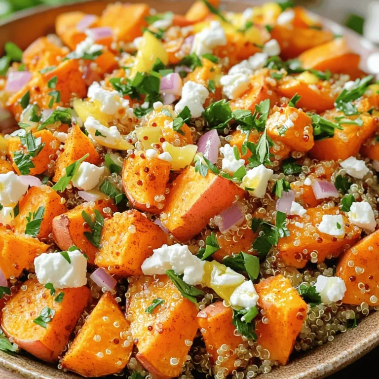 - Sweet Potatoes and Vegetables - 2 large sweet potatoes, peeled and cubed - 1 red bell pepper, diced - 1/2 red onion, finely chopped - Seasoning and Dressing Components - 2 tablespoons olive oil - 1 teaspoon paprika - 1 teaspoon cumin - Salt and pepper to taste - Juice of 1 lemon - 1 tablespoon honey (or maple syrup for a vegan option) - Optional Additions and Toppings - 1 cup cooked quinoa - 1/4 cup feta cheese, crumbled (optional) - 1/4 cup fresh parsley, chopped When I make this salad, I love using fresh, high-quality ingredients. Sweet potatoes are the star of this dish. Their natural sweetness pairs well with the spices and other veggies. I also like to add quinoa for a boost of protein and texture. You can swap out the feta for a vegan option or skip it altogether. Each ingredient plays a role in creating a colorful and tasty meal. For my dressing, I use lemon juice for brightness and honey for sweetness. The spices add depth to the roasted sweet potatoes. This combination makes the salad not just a side, but a satisfying main dish. You can find the full recipe at the end of this section. To start, roast the sweet potatoes. First, preheat your oven to 425°F (220°C). This high heat helps the sweet potatoes get crispy outside and soft inside. Next, peel and cube two large sweet potatoes. In a big bowl, toss the cubes with olive oil, paprika, cumin, salt, and pepper. Make sure they are well coated. Spread the sweet potatoes on a lined baking sheet. Roast them for 25-30 minutes. Turn them halfway to ensure even cooking. They should be golden brown and tender when done. While the sweet potatoes roast, prepare the salad base. In a large bowl, combine cooked quinoa, diced red bell pepper, finely chopped red onion, and chopped parsley. This mix adds great texture and flavor. Once the sweet potatoes are done, let them cool for about five minutes. Add them to the bowl with the quinoa mixture. For the dressing, whisk together lemon juice and honey (or maple syrup) in a small bowl. Pour this over the salad and toss gently. This step brings all the flavors together. Serving this salad is fun! Use a large, shallow bowl for a beautiful presentation. This way, the bright colors of the sweet potatoes and veggies pop. For a finishing touch, garnish with extra parsley on top. This adds freshness and looks great. Enjoy your Roasted Sweet Potato Salad! For the full recipe, check out the details above. Achieving a Golden Brown Finish To get that lovely golden brown color, I recommend using a high oven temperature. Preheat your oven to 425°F (220°C). This heat helps the sweet potatoes caramelize. Make sure to cut the sweet potatoes into even cubes. This way, they cook at the same rate. Toss them well with olive oil and spices. Spread them out on the baking sheet. Give them space so they roast, not steam. Avoiding Soggy Sweet Potatoes To prevent soggy sweet potatoes, avoid overcrowding the baking sheet. If they are too close, they won’t crisp up. Also, make sure to turn them halfway through roasting. This helps them cook evenly. If you want extra crispiness, try using a wire rack on the baking sheet. This allows hot air to circulate all around. Suggested Spice Combinations You can play with spices to boost the flavor. Beyond paprika and cumin, try adding cinnamon for a warm note. A pinch of cayenne can add heat if you like spice. You can also mix in garlic powder for a savory twist. These spices work well with sweet potatoes and make them pop. Alternative Dressings for Added Taste While lemon and honey make a great dressing, feel free to experiment. A tahini dressing adds a creamy texture. You can whisk together tahini, lemon juice, and garlic. For a zesty option, use a balsamic vinaigrette. Just mix balsamic vinegar, olive oil, and a bit of mustard. Each dressing brings a new flavor to your salad. For the full recipe, check out the [Full Recipe]. {{image_2}} You can easily make this salad vegan. Just skip the feta cheese. Substitute honey with maple syrup for a sweet touch. This keeps the dish plant-based and just as tasty. You can also add plant-based protein, like chickpeas or black beans, for more nutrition. This roasted sweet potato salad is already gluten-free. Quinoa, a great grain choice, is naturally free of gluten. If you prefer other grains, use rice or millet. These options keep your meal gluten-free and delicious. Feel free to add more veggies. Roasted Brussels sprouts or broccoli would work well. You can also use kale or spinach for extra greens. Mix and match to find your favorite combination. These swaps can add fun textures and flavors to your salad. Quinoa is popular, but you can use other grains too. Try farro or bulgur for a different taste. You can also add nuts like almonds or walnuts for crunch. These swaps enhance the salad's flavor and nutrition. You can check the Full Recipe for more details on how to make this salad! To keep your roasted sweet potato salad fresh, store it in an airtight container. Place it in the fridge right after it cools. This way, it stays tasty and safe to eat. The salad will last about 3 to 5 days in the fridge. If you want to keep it longer, you can freeze it. Just put the salad in a freezer-safe container. It’s best to freeze it without the dressing. This helps keep the texture nice. You can freeze it for up to 3 months. When you reheat your salad, do it gently. Use the microwave or a pan on low heat. This keeps the sweet potatoes soft and the flavors bright. If you use the microwave, heat it in short bursts. Stir in between to check the warmth. You can also add a splash of lemon juice or extra olive oil when reheating. This boosts the flavor again and keeps it fresh. Enjoy your meal! What can I substitute for quinoa? If you don’t have quinoa, try using brown rice or farro. Both offer a nice texture. You could also use couscous for a quicker option. Each grain adds its own flavor and feels great in the salad. How can I make this dish spicier? To add spice, mix in some cayenne pepper or crushed red pepper flakes. Adding jalapeños or a dash of hot sauce works well too. Start with a small amount and taste as you go. You can always add more. Is it safe to eat leftovers after a few days? Yes, you can eat leftovers for about three days. Store them in an airtight container in the fridge. If you notice any strange smells or colors, it’s best to throw it away. Always trust your senses when it comes to food safety. For the complete recipe, check out the Full Recipe section to enjoy this dish! This blog explored how to make a delicious roasted sweet potato salad. We covered the key ingredients, steps for preparation, and tips for the best results. You learned the secrets to perfect roasting and ways to enhance flavors. Plus, variations make it customizable for any diet. Lastly, we shared storage tips to keep leftovers fresh. Remember, this dish is vibrant and healthy. Try making it your own, and enjoy every bite. Your kitchen adventures await!