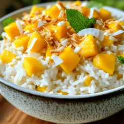 - 1 cup jasmine rice - 1 cup coconut milk - 1/2 cup water - 1 tablespoon sugar - 1/4 teaspoon salt - 1 ripe mango, peeled and diced - 2 tablespoons toasted coconut flakes - Fresh mint leaves for garnish (optional) When making coconut rice with mango, it’s crucial to choose high-quality ingredients. Jasmine rice gives a lovely aroma and flavor. Coconut milk adds creaminess, while fresh mango provides sweetness. If you want crunch, use toasted coconut flakes. - Calories per serving: Approximately 300 - Macronutrient breakdown: - Carbohydrates: 60g - Proteins: 4g - Fats: 10g This dish is rich in carbs from the rice and natural sugars from the mango. Coconut milk adds healthy fats, making it a satisfying meal. - Medium saucepan - Measuring cups and spoons - Fork for fluffing rice Gathering the right tools helps you cook efficiently. A medium saucepan is perfect for cooking the rice. Measuring cups and spoons ensure accuracy. Lastly, a fork is essential for fluffing the rice, making it light and airy. For the full recipe, check out the Tropical Coconut Rice with Mango section. - Rinsing the jasmine rice: First, rinse 1 cup of jasmine rice under cold water. Keep rinsing until the water runs clear. This helps remove excess starch and keeps the rice fluffy. - Combining ingredients in the saucepan: Next, in a medium saucepan, mix the rinsed rice with 1 cup of coconut milk, 1/2 cup of water, 1 tablespoon of sugar, and 1/4 teaspoon of salt. Stir gently to combine all the ingredients well. - Bringing to a boil and simmering: Bring the mixture to a gentle boil over medium heat. Once it starts boiling, reduce the heat to low. Cover the saucepan with a lid. - Importance of keeping the lid closed: It is vital to keep the lid closed during cooking. This helps trap the steam and ensures even cooking. Let it simmer for about 15 minutes until the rice absorbs all the liquid and becomes tender. - Steaming the rice after cooking: Once cooked, take the saucepan off the heat but keep it covered. Let it sit for another 10 minutes. This extra time allows the rice to steam and become even fluffier. - Fluffing and serving with mango: After steaming, fluff the rice with a fork. To serve, scoop the coconut rice onto plates and top with freshly diced mango. Sprinkle 2 tablespoons of toasted coconut flakes on top for a lovely crunch. Enjoy your meal! Check out the Full Recipe for more details. To make great coconut rice, you want the right texture. Start with jasmine rice. Rinsing it helps remove excess starch. Rinse until the water runs clear. This keeps the rice light and fluffy. Using a good quality coconut milk is key. Look for full-fat coconut milk for richer flavor. Avoid brands with added sugars or preservatives. The best coconut milk makes a big difference in taste. For this recipe, the best types of mango are Ataulfo or Haden. They are sweet and soft, perfect for this dish. When choosing mangoes, look for ones that give a little when you press them. This means they are ripe and ready to eat. Peeling and dicing mango can be tricky. A simple way is to slice off both sides of the mango, avoiding the pit. Then, score the flesh in a grid pattern. Use a spoon to scoop out the pieces easily. Coconut rice pairs well with protein dishes. Try it with grilled chicken or shrimp. The sweetness of the rice balances the savory flavors. This dish is great for special occasions like birthdays or holidays. Serve it at summer barbecues or family gatherings. It adds a tropical flair to any meal. For the full recipe, check out the Tropical Coconut Rice with Mango. {{image_2}} You can enhance coconut rice by adding spices. Cardamom gives a warm, sweet note. A dash of vanilla adds depth too. Want a healthier choice? Use brown rice instead of white. Brown rice gives a nutty taste and more fiber. While mango shines in this dish, other fruits work well too. Pineapple adds a tropical punch. Bananas bring creaminess, and berries add color. For seasonal options, try peaches in summer or apples in fall. Each fruit offers a different twist! If you want a dairy-free option, swap coconut milk. Almond or oat milk makes a great substitute. Both have a mild flavor that blends well. You can also use cashew cream for a rich touch. These alternatives keep the dish creamy and tasty. For more details, check the [Full Recipe]. Coconut rice stays fresh in the fridge for up to four days. Store it in an airtight container. Keep the mango separate to avoid sogginess. Place diced mango in a small bowl and cover tightly with plastic wrap or a lid. To reheat coconut rice, use the microwave or stovetop. For the microwave, add a splash of water to keep it moist. Heat in short bursts, stirring in between. On the stovetop, warm it in a pan over low heat, adding a bit of coconut milk if it seems dry. To freeze coconut rice, let it cool completely. Then, scoop it into a freezer-safe bag or container. Remove excess air and seal tightly. When ready to eat, thaw in the fridge overnight. Reheat in the microwave or on the stovetop, adding a little liquid to keep it fluffy. Jasmine rice is the best choice for coconut rice. It gives a nice aroma and a soft texture. Other rice types, like basmati or long grain, can work, but they may not be as fluffy. Jasmine rice absorbs coconut milk well, adding rich flavor. Using jasmine rice helps create a dish that is both light and creamy. This rice has a slight sweetness that pairs perfectly with coconut milk and mango. When you serve it, the rice will feel tender in every bite. Yes, you can make coconut rice in advance. It’s a great dish for meal prep. Cook the rice and let it cool before storing. Place the rice in an airtight container and keep it in the fridge. It will last about three to four days. When you are ready to serve, just reheat the rice with a splash of coconut milk. This will help it stay moist. You can also add fresh diced mango right before serving for the best flavor. If you want more sweetness, try adding extra sugar or honey. Start with one tablespoon and taste it. You can also add a splash of vanilla extract for a deeper flavor. Another option is to use sweeter fruits, like ripe bananas or pineapple, along with the mango. This will give you a colorful and tasty dish. Adjusting sweetness helps make it just right for your taste. For the full recipe, check out the Tropical Coconut Rice with Mango. Coconut rice with mango offers a tasty treat that's easy to make. We covered the ingredients, cooking steps, and storage tips to help you enjoy this dish. Use the suggested tools and follow the tips for perfect results. This dish shines with fresh flavors and can fit many meals. Experiment with different fruits and flavors to make it your own. Enjoy your cooking, and share this delightful recipe with friends and family!