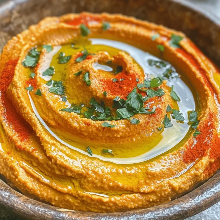 - 1 can (15 oz) chickpeas, drained and rinsed - 1 large roasted red pepper (store-bought or homemade) - 2 tablespoons tahini - 2 tablespoons olive oil - 1 clove garlic, minced - 2 tablespoons lemon juice - 1 teaspoon ground cumin - Salt and pepper to taste - Paprika - Chopped parsley Roasted red pepper hummus is both tasty and healthy. Here’s a quick look at its nutrition: - Calories: About 70 per 2-tablespoon serving - Protein: 2 grams - Fat: 4 grams - Carbohydrates: 6 grams - Fiber: 2 grams This dip packs a punch in flavor and nutrition. It’s a great snack option, full of fiber and healthy fats. Feel free to check out the Full Recipe for more details on making this delightful dip! To start, you need a roasted red pepper. You can buy one or make it at home. If you make it, char it over an open flame or under the broiler. Keep it there until the skin is blackened and blistered. This gives it a rich flavor. After charring, place the pepper in a bowl and cover it. Let it steam for about 10 minutes. This will help loosen the skin. Once it cools, peel off the skin and remove the seeds. Set the pepper aside for later. Now, it’s time to mix everything. Grab a food processor. Add these ingredients: - 1 can (15 oz) chickpeas, drained and rinsed - 1 large roasted red pepper - 2 tablespoons tahini - 2 tablespoons olive oil - 1 clove garlic, minced - 2 tablespoons lemon juice - 1 teaspoon ground cumin Blend the mixture until it’s smooth. If it seems too thick, add water. Just use one tablespoon at a time. Blend again until you reach your desired consistency. Once blended, taste the hummus. Add salt and pepper to your liking. Blend briefly again to mix in the seasoning. Transfer the hummus to a serving bowl. Drizzle a little olive oil on top. For a lovely finish, sprinkle paprika and chopped parsley. This adds color and flavor. Enjoy your delicious and healthy dip! For the full recipe, check out the details above. To roast red peppers, you have two easy methods. You can use an open flame or a broiler. If you choose the flame, hold the pepper until the skin blisters. This takes a few minutes. If you use a broiler, place the pepper on a baking sheet. Watch it closely as it cooks. After roasting, cover the pepper in a bowl for ten minutes. This helps steam it. Once cooled, peel off the skin and remove the seeds. The flavor will be sweet and smoky. For smooth hummus, start with rinsed chickpeas. Drain them well to avoid excess water. When you blend, add olive oil and tahini. These ingredients help create creaminess. If your hummus is thick, add water one tablespoon at a time. Blend until you reach your desired texture. Taste and season with salt and pepper. This step is key for flavor balance. Remember, the right consistency makes your hummus more enjoyable. When serving hummus, presentation matters. Use a shallow bowl to show off the dip. Drizzle olive oil on top for a shiny finish. Sprinkle paprika for color and a hint of spice. Fresh parsley adds a nice touch too. Serve with fresh veggies, pita bread, or crackers. This makes for a fun and healthy snack. You can also serve it at parties or gatherings. Your guests will love it! For the full recipe, check out the earlier section. {{image_2}} Add heat to your hummus for a fun twist. To make spicy roasted red pepper hummus, include jalapeños or red pepper flakes. Start with one small jalapeño, and add more if you like it hot. Blend it in with the other ingredients. This gives your dip a nice kick without overpowering the flavor. You can customize your hummus with herbs and spices. Fresh herbs like basil or cilantro can add a bright taste. Try adding a teaspoon of smoked paprika for a smoky flavor. You can also mix in a bit of za'atar or curry powder for an unexpected twist. Just blend these extras into the mix until smooth. This hummus recipe is already vegan and gluten-free! Chickpeas, tahini, and olive oil are all plant-based. You can enjoy this dip with gluten-free crackers or fresh veggies. If you want to make it creamier, add a bit more tahini or olive oil. This gives you a rich texture without any added gluten. For the full recipe, check out the instructions above. After you enjoy your roasted red pepper hummus, store any leftovers in an airtight container. This helps keep it fresh. Place a thin layer of olive oil on top. It adds flavor and keeps the hummus from drying out. Store it in the fridge for up to five days. You can freeze hummus, which is great for meal prep. Use an airtight container or freezer bag. Leave some space to allow for expansion. Hummus can last up to three months in the freezer. When ready to eat, thaw it in the fridge overnight before reheating. Reheating hummus is simple. If frozen, let it thaw first. Then, warm it slowly in a pot over low heat. Stir often to keep it smooth. You can add a splash of water or olive oil if it seems too thick. Enjoy it warm as a tasty dip or spread. I love serving roasted red pepper hummus with fresh veggies. Carrots, cucumbers, and bell peppers make great dippers. You can also use pita chips or toasted pita bread. For a fun twist, try it on a sandwich or wrap. This dip pairs well with grilled meats too, adding a burst of flavor. Yes, you can make roasted red pepper hummus ahead of time. It stays fresh in the fridge for about four days. Just store it in an airtight container. If you want to enjoy it later, give it a quick stir before serving. You can also drizzle more olive oil on top for a fresh look. To change the flavor, you can add more garlic for a stronger taste. Adding extra lemon juice gives it a nice tang. If you like spice, try a pinch of cayenne pepper. For a richer flavor, mix in some smoked paprika. Taste as you go to find your perfect balance. You can find the full recipe for roasted red pepper hummus [Full Recipe]. Roasted red pepper hummus is simple to make and delicious to eat. We covered ingredients, step-by-step instructions, and useful tips. You learned how to roast peppers and blend the perfect mix. We discussed various options to spice it up and how to store leftovers. My final thought: enjoy this healthy snack at any time. With practice, you'll impress everyone with your hummus skills!