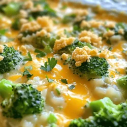 - 4 cups fresh broccoli florets - 2 cups cooked white rice - 1 cup shredded sharp cheddar cheese - 1 cup cream of mushroom soup - 1/2 cup mayonnaise - 1/2 teaspoon garlic powder - 1/2 teaspoon onion powder - 1/4 teaspoon black pepper - 1 cup crushed Ritz crackers - 2 tablespoons melted butter The key to a great broccoli cheese casserole lies in the ingredients. Fresh broccoli florets offer a crisp bite and bright color. Cooked white rice adds a nice base, helping to hold everything together. Sharp cheddar cheese is a must. Its rich flavor melts perfectly into the mix. You can add optional ingredients to boost flavor. Cream of mushroom soup makes it creamy and adds depth. Mayonnaise gives a nice tang. A sprinkle of garlic and onion powder adds warmth. Black pepper gives a gentle kick. For toppings, crushed Ritz crackers create a delightful crunch. Mixing them with melted butter makes them golden and tasty. This combination of ingredients makes the dish simple and tasty. You can find the full recipe within this section to guide you through the cooking process. First, we need to preheat the oven to 350°F (175°C). This helps the casserole cook evenly. While the oven warms up, we will blanch the broccoli. Bring a large pot of salted water to a boil. Once boiling, add the broccoli florets. Blanch them for 2-3 minutes until they are just tender. This step brightens their color and softens them a bit. Drain the broccoli and set it aside to cool. Now, it's time to prepare the casserole mix. In a large mixing bowl, combine the cooked white rice, shredded sharp cheddar cheese, cream of mushroom soup, and mayonnaise. Add garlic powder, onion powder, and black pepper for flavor. Mix all the ingredients until they are well combined. Next, gently fold in the blanched broccoli. Make sure the broccoli gets evenly mixed with the rice and cheese. This ensures every bite is cheesy and tasty. After mixing, transfer the mixture into a greased 9x13-inch baking dish. Spread it out evenly to ensure even cooking. Now, we will add the cracker topping. In a separate bowl, combine the crushed Ritz crackers with melted butter. Mix until the crackers are coated. Sprinkle this buttery cracker mixture over the top of the casserole. Now we can bake it! Place the baking dish in the preheated oven. Bake for 25-30 minutes. The casserole is done when it is bubbly and the top is golden brown. Once it is ready, remove it from the oven and let it cool for a few minutes before serving. Enjoy your delicious creation! For the full recipe, check out the [Full Recipe]. Blanching broccoli is easy and helps keep it bright green. Here’s how to do it right: - Bring a large pot of salted water to a boil. - Add the broccoli florets. - Cook for 2-3 minutes until tender. - Drain and rinse with cold water. This stops the cooking and locks in color. For the perfect cheesy texture, use sharp cheddar cheese. It adds flavor and melts well. Mix it with the other ingredients until smooth. This casserole pairs well with many dishes. Serve it with a fresh side salad or some crusty bread. For a pop of color, garnish with fresh parsley or chives. It makes the dish look more appealing. To make the dish healthier, use low-fat mayonnaise or Greek yogurt. This swaps out some fat but keeps the creaminess. If you need a gluten-free option, replace Ritz crackers with gluten-free breadcrumbs. This keeps the crunch without the gluten. You can find the full recipe [here](#). {{image_2}} You can easily change the cheese in this casserole. Try gouda or mozzarella for a new twist. Each cheese brings a unique flavor. Don’t be afraid to mix them too! Also, consider using other veggies. Cauliflower or green beans can replace broccoli. This keeps the dish fresh and fun. You can even add carrots for color and crunch. Want a slow cooker version? Just combine all ingredients in your slow cooker. Cook on low for about 4 hours. This makes it super easy for busy days. If you prefer the Instant Pot, use it too! Combine all ingredients in the pot with a cup of broth. Cook on high pressure for 10 minutes. This gives you a creamy and quick meal. For a vegetarian option, skip the cream of mushroom soup. Instead, use a veggie cream soup. This keeps it rich and tasty. To lower the calories, use low-fat cheese and mayo. You can also swap rice for quinoa. This adds protein and fiber without adding many calories. Check out the Full Recipe for more ideas! After you enjoy your broccoli cheese casserole, store leftovers in an airtight container. This keeps it fresh. The casserole can last up to four days in the fridge. To reheat, preheat your oven to 350°F (175°C). Place the casserole in a baking dish. Cover it with foil to prevent dryness. Heat for about 20 minutes or until hot. You can also use the microwave for quick reheating. Just heat in short bursts, stirring in between. If you want to store the casserole for longer, freezing works great. First, let the casserole cool completely. Then, cut it into portions for easy use later. Wrap each portion tightly in plastic wrap. Place them in a freezer-safe bag or container. This helps avoid freezer burn. When you’re ready to eat, move a portion to the fridge to thaw overnight. For quicker thawing, you can use the microwave. Once thawed, reheat as described above. It’s that simple! This blog post covered a delicious broccoli casserole recipe, focusing on key ingredients like broccoli, rice, and cheese. I shared step-by-step instructions for easy preparation, mixing, and baking. You learned tips for cooking and serving, as well as variations to suit different tastes. Lastly, I provided storage info and answered common questions. In conclusion, this comforting dish is simple and adaptable. Experiment with ingredients and methods to make it your own. Enjoy cooking!