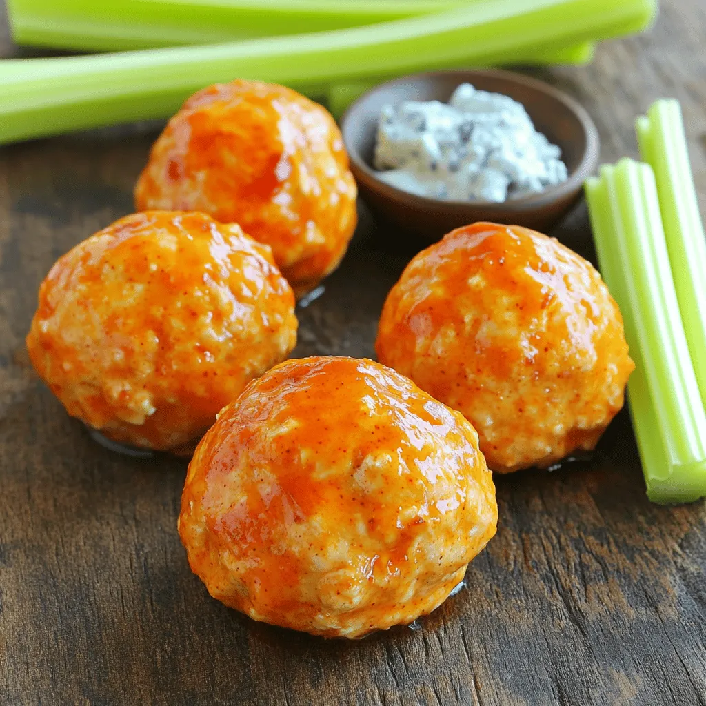 To make great buffalo chicken meatballs, you need some key items. Here is the list: - 1 lb ground chicken - 1/2 cup breadcrumbs - 1/4 cup grated Parmesan cheese - 1/4 cup buffalo sauce (plus extra for tossing) - 1 small onion, finely chopped - 2 cloves garlic, minced - 1/2 teaspoon salt - 1/4 teaspoon black pepper - 1/4 teaspoon paprika - 1/2 teaspoon dried parsley - 1 egg, beaten These items give the meatballs their wonderful flavor and texture. Ground chicken is lean and moist. Breadcrumbs help bind the meatballs. Parmesan adds a savory touch. Buffalo sauce gives them that spicy kick. If you want to mix things up, you can add some optional ingredients. Consider these: - 1/4 cup green onions, chopped - 1/2 teaspoon cayenne pepper for more heat - 1 tablespoon Worcestershire sauce for depth - 1/4 cup shredded cheese (like cheddar) for gooeyness These additions enhance the flavor. Green onions add freshness. Cayenne pepper boosts the spice. Worcestershire sauce deepens the taste. Shredded cheese makes them extra yummy. To prepare your buffalo chicken meatballs, you will need some tools. Here’s what I suggest: - Large mixing bowl - Baking sheet with parchment paper - Measuring cups and spoons - Mixing spoon or your hands for mixing - Meat thermometer to check doneness Having the right tools makes cooking easier. A mixing bowl helps combine ingredients well. Parchment paper keeps meatballs from sticking. A meat thermometer ensures they are safe to eat. Using these tools will set you up for success. For the full recipe, check out the details above. To start, gather all your ingredients. You will need: - 1 lb ground chicken - 1/2 cup breadcrumbs - 1/4 cup grated Parmesan cheese - 1/4 cup buffalo sauce (plus extra for tossing) - 1 small onion, finely chopped - 2 cloves garlic, minced - 1/2 teaspoon salt - 1/4 teaspoon black pepper - 1/4 teaspoon paprika - 1/2 teaspoon dried parsley - 1 egg, beaten Now, preheat your oven to 400°F (200°C). This step is key for crispy meatballs. Next, take a big bowl. Add the ground chicken, breadcrumbs, Parmesan cheese, buffalo sauce, onion, garlic, salt, black pepper, paprika, parsley, and beaten egg. Mix everything well. Use your hands to combine, but don’t overwork it. Overmixing can make meatballs tough. After mixing, form the mixture into meatballs about 1 inch wide. Place them on a baking sheet with parchment paper. Leave space between each ball for even cooking. Bake the meatballs in the oven for 20-25 minutes. They should reach an internal temperature of 165°F (74°C). Use a meat thermometer for best results. You want them fully cooked, but still juicy. After baking, toss the meatballs in a bowl with extra buffalo sauce for a flavor boost. To make sure your meatballs are great, follow these tips: - Keep the mixture moist by not overmixing. - Use a cookie scoop for even sizes. - Let the meatballs rest for a few minutes before serving. This helps them hold together. - If you want extra flavor, add herbs or spices to the mix. These steps ensure tasty, juicy Buffalo chicken meatballs that everyone will love. For the complete cooking guide, check out the Full Recipe. To keep your Buffalo chicken meatballs moist, use fresh ground chicken. Lean meat can dry out, so avoid using extra-lean blends. Adding breadcrumbs helps trap moisture. You can also soak the breadcrumbs in buffalo sauce before mixing. This adds flavor and keeps the meatballs juicy. Mixing gently prevents them from becoming tough. Aim for a light touch when shaping the meatballs. Serve your meatballs hot with celery sticks for crunch. Blue cheese or ranch dressing pairs well for dipping. You can also toss the meatballs in more buffalo sauce before serving. For a fun twist, serve them on slider buns. Add fresh lettuce and tomatoes for extra flavor. These meatballs also work great as a party appetizer. Don’t overmix the meat mixture. This can lead to tough meatballs. Make sure to space them on the baking sheet. Crowding can cause uneven cooking. Always check the internal temperature. It should reach 165°F (74°C) for safe eating. If you skip the sauce toss, the meatballs may lack that signature flavor. Following these tips will help you make the best Buffalo chicken meatballs! {{image_2}} You can bake or fry buffalo chicken meatballs. Baking is quick and easy. It keeps the meatballs moist and makes cleanup simple. Frying gives a crispier texture. If you choose frying, use a hot skillet with oil. Cook the meatballs until golden brown on all sides. Keep a close eye on them, so they don’t burn. Buffalo chicken meatballs can be made in many flavors. Want more heat? Add extra hot sauce or red pepper flakes. Prefer a sweeter taste? Mix in honey or brown sugar. You can also try different sauces, like teriyaki or BBQ. This lets you play with flavors and find your favorite. You can customize this recipe to fit your needs. For a gluten-free option, swap regular breadcrumbs for gluten-free ones. If you need a dairy-free choice, use nutritional yeast instead of Parmesan. Ground turkey or beef can replace chicken. This way, you can enjoy tasty meatballs that suit your diet. For the complete recipe, check out the [Full Recipe]. To store leftover Buffalo chicken meatballs, place them in an airtight container. Make sure they cool down first. You can keep them in the fridge for up to three days. If you want to enjoy them later, freezing is a great option. When you are ready to eat the leftovers, reheating is easy. Preheat your oven to 350°F (175°C). Place the meatballs on a baking sheet. Heat them for about 10-15 minutes. This keeps them moist and tasty. You can also use a microwave. Just warm them for a minute or two, but they may not be as crispy. To freeze the meatballs, first, let them cool completely. Then, lay them on a baking sheet in one layer. Freeze them for about an hour until firm. After that, transfer them to a freezer bag. Be sure to label the bag with the date. When you want to use them, thaw them in the fridge overnight. For a quick option, you can cook them straight from frozen. Just add a few extra minutes to the baking time. For the full recipe, you can check the detailed steps above. To make Buffalo Chicken Meatballs spicy, you can add more buffalo sauce. Use a hotter sauce like Frank's RedHot or add crushed red pepper flakes. You can also mix in diced jalapeños for extra heat. For an even bolder flavor, try adding cayenne pepper to the mix. Just remember, start small and taste as you go! Yes, you can use other meats! Ground turkey works well and keeps the dish light. If you prefer beef, it can also be used. Just adjust the seasoning for different meats. Each type will give a unique flavor, so feel free to experiment. Buffalo Chicken Meatballs pair well with many sides. Celery sticks are classic and refreshing. Carrot sticks add a nice crunch too. You can also serve them with a side salad. For a heartier meal, try them with mashed potatoes or rice. Don’t forget a dipping sauce like ranch or blue cheese! These meatballs last about three to four days in the fridge. Store them in an airtight container to keep them fresh. If you need to keep them longer, consider freezing them. Just make sure to wrap them tightly or use a freezer bag. You’ve learned how to make Buffalo chicken meatballs from start to finish. We covered key ingredients, preparation steps, and tips for moist meatballs. Don’t forget about fun variations, storing leftovers, and answers to common questions. By following these steps, you will impress your friends and family with tasty meatballs. Enjoy this dish at your next gathering or meal. You now have the tools to make it your own. Happy cooking!