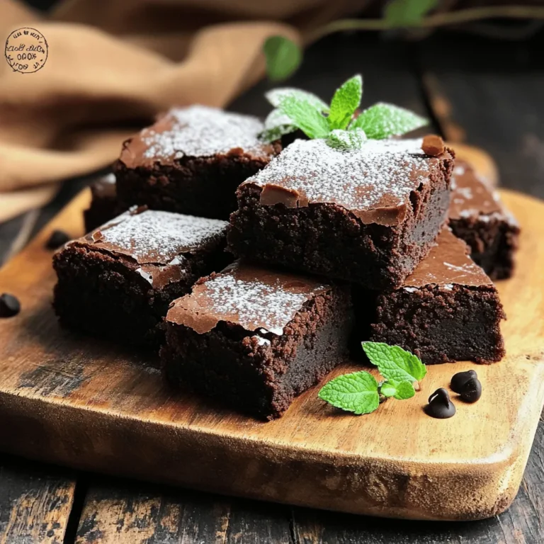 To make these rich and fudgy vegan chocolate brownies, you will need the following ingredients: - 1 cup all-purpose flour - 1 cup coconut sugar (or any granulated sugar) - 1/2 cup unsweetened cocoa powder - 1/2 teaspoon baking soda - 1/4 teaspoon salt - 1/3 cup unsweetened applesauce - 1/3 cup almond milk (or any plant-based milk) - 1/4 cup vegetable oil (or melted coconut oil) - 1 teaspoon vanilla extract - 1/2 cup dark vegan chocolate chips (optional) Choosing the right brands can make your brownies even better. Here are some trusted vegan brands: - Coconut Sugar: Wholesome Sweeteners - Cocoa Powder: Ghirardelli or Hershey's - Plant-Based Milk: Silk or Almond Breeze - Dark Vegan Chocolate Chips: Enjoy Life or Theo Chocolate These brands offer quality products that enhance the flavor of your brownies. If you want to customize the recipe, here are some easy substitutions: - All-Purpose Flour: Use whole wheat flour or gluten-free flour for a different texture. - Coconut Sugar: Try brown sugar or maple syrup, but adjust the liquid accordingly. - Unsweetened Applesauce: Substitute with mashed bananas or silken tofu for added moisture. - Almond Milk: Any plant milk, like oat or soy milk, works well here. - Vegetable Oil: Use melted coconut oil, avocado oil, or even nut butter for richness. These swaps keep your brownies tasty while fitting your diet or taste preferences. First, gather all your ingredients. This makes the process smooth and fun. Preheat your oven to 350°F (175°C). Grease an 8x8-inch baking pan or line it with parchment paper. In a large bowl, combine these dry ingredients: - 1 cup all-purpose flour - 1 cup coconut sugar - 1/2 cup unsweetened cocoa powder - 1/2 teaspoon baking soda - 1/4 teaspoon salt Whisk them together until they blend well. In another bowl, mix the wet ingredients: - 1/3 cup unsweetened applesauce - 1/3 cup almond milk - 1/4 cup vegetable oil - 1 teaspoon vanilla extract Stir these until smooth. Pour the wet mix into the dry mix. Stir gently until just combined. A few lumps are okay. If you love chocolate, fold in 1/2 cup dark vegan chocolate chips. Now, pour the brownie batter into your prepared pan. Spread it evenly with a spatula. Bake in your preheated oven for 25-30 minutes. Check them with a toothpick. If it comes out clean or with a few moist crumbs, they’re ready. After baking, let the brownies cool in the pan for 10 minutes. Then, transfer them to a wire rack to cool completely. This step is key for the perfect texture. Cut into squares once cool. For a nice touch, serve them dusted with powdered sugar and fresh mint leaves. A scoop of vegan ice cream on the side makes it even better! For the full recipe, check the details above. Baking is fun, but small mistakes can happen. Here are some tips to avoid them: - Measuring Ingredients: Always measure your flour and sugar. Too much can make brownies dry. - Overmixing the Batter: Mix just until combined. Overmixing can lead to tough brownies. - Not Preheating the Oven: Always preheat your oven. This helps the brownies rise well. - Using Cold Ingredients: Let ingredients like almond milk and applesauce warm up a bit. Cold items can affect texture. A fudgy brownie needs a few key elements. Follow these tips for the best results: - Use Applesauce: It adds moisture and helps create a soft texture. - Incorporate Coconut Sugar: This sugar keeps brownies moist and adds a rich flavor. - Monitor Baking Time: Baking too long can dry them out. Check for moist crumbs on the toothpick. - Cool Before Cutting: Let brownies cool completely for easier cutting. Warm brownies can fall apart. Having the right tools makes baking easier. Here are my must-haves: - Mixing Bowls: Use large bowls for mixing dry and wet ingredients. - Whisk: A good whisk helps combine ingredients smoothly. - Spatula: A silicone spatula works great for mixing and scraping the bowl. - 8x8-Inch Baking Pan: This size is perfect for brownies. It ensures even baking. - Parchment Paper: Line your pan with parchment for easy removal. For the full recipe, check out the details above. Happy baking! {{image_2}} You can boost the flavor of your vegan chocolate brownies with fun add-ins. Try adding nuts like walnuts or pecans for a crunchy texture. Chopped fruits, like bananas or cherries, also work great. If you want a twist, try adding shredded coconut. These add-ins make the brownies more unique and tasty. If you need gluten-free brownies, use almond flour or oat flour instead of all-purpose flour. Be sure to check that your cocoa powder and other ingredients are gluten-free. This way, everyone can enjoy these rich and fudgy treats without worry. To elevate the taste, you can add a teaspoon of espresso powder. It deepens the chocolate flavor. For a fresh twist, add a few drops of mint extract. This gives a nice cooling effect. You can also try orange zest for a citrus kick. These little tweaks can make your brownies even more special. For the full recipe, check out the Decadent Vegan Chocolate Brownies section. Once your vegan brownies cool, store them in an airtight container. This keeps them fresh. You can place parchment paper between layers to avoid sticking. Store at room temperature for up to three days. If you want to keep them longer, refrigerate them for up to a week. To freeze your vegan brownies, first, let them cool completely. Then, cut them into squares. Wrap each brownie tightly in plastic wrap. Place the wrapped brownies in a freezer-safe bag. They can stay fresh in the freezer for up to three months. When you're ready to eat, just take them out and let them thaw at room temperature. To reheat the brownies, use the microwave or oven. If using a microwave, warm them for about 10-15 seconds. Check if they are warm enough. If you prefer the oven, preheat it to 350°F (175°C). Place the brownies on a baking sheet and heat for about 5-10 minutes. This method keeps them nice and fudgy. For added flavor, serve with a scoop of vegan ice cream. Enjoy this rich and fudgy delight! For the complete recipe, check the Full Recipe section. Yes, you can use different types of sugar. Coconut sugar works well, but brown sugar or cane sugar also works. Each sugar type adds a unique flavor. Coconut sugar gives a hint of caramel. Brown sugar makes the brownies a bit chewier. Feel free to mix and match to find what you like best. To make these brownies oil-free, replace the oil with more applesauce. Use 1/2 cup of unsweetened applesauce instead of 1/4 cup oil. The applesauce keeps the brownies moist and fudgy. You could also use mashed bananas as an alternative. Bananas add a nice flavor and sweetness. The best way to tell if the brownies are done is to use a toothpick. Insert it into the center of the brownies. If it comes out clean or with a few moist crumbs, they are ready. Overbaking can lead to dry brownies, so keep an eye on them. Vegan brownies last about 3 to 5 days at room temperature. Store them in an airtight container to keep them fresh. If you want to keep them longer, you can freeze them. They can last up to 3 months in the freezer. Just remember to thaw them before enjoying. Vegan chocolate brownies are simple and fun to make. We covered essential ingredients, brands, and substitutions for your baking needs. The step-by-step guide helps you prepare, bake, and cool your brownies. I shared tips to avoid mistakes and tools that make baking easier. You can also try different add-ins and variations. Remember to store and freeze your brownies correctly for the best taste later. Enjoy your delicious, plant-based treats, and don't hesitate to experiment with flavors!