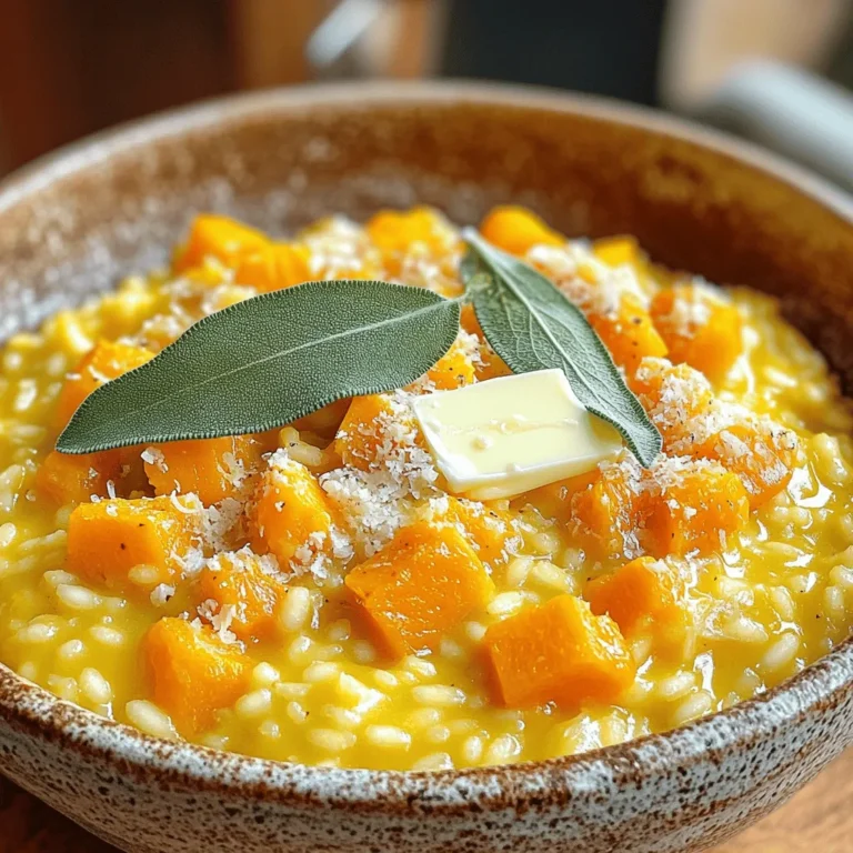 To make a delicious butternut squash risotto, gather these items: - 1 medium butternut squash, peeled and diced - 1 tablespoon olive oil - 1 onion, finely chopped - 2 cloves garlic, minced - 1 1/2 cups arborio rice - 5 cups vegetable broth, warmed - 1/2 cup Parmesan cheese, grated (or nutritional yeast for a vegan option) - 2 tablespoons butter (or vegan butter) - Salt and pepper to taste - Fresh sage leaves for garnish You will need some tools to help make this dish: - Large saucepan - Baking sheet - Knife and cutting board - Ladle - Wooden spoon for stirring - Measuring cups and spoons You can easily swap ingredients to fit your needs: - For a vegan option, use nutritional yeast instead of Parmesan cheese. - Use vegetable broth for a vegetarian version. - If you want a creamier texture, try using coconut milk instead of butter. - Brown rice can work in place of arborio rice, but it will change the cooking time. For the full recipe, check out the details above! Start by peeling and dicing the butternut squash. This will make it easier to cook. Next, preheat your oven to 400°F (200°C). Spread the diced squash on a baking sheet. Drizzle it with olive oil and sprinkle salt and pepper. Roast the squash for 25-30 minutes. Flip it halfway through. The squash will be tender and slightly caramelized when done. While the squash roasts, heat a large saucepan over medium heat. Add a tablespoon of olive oil. Once hot, add the chopped onion. Sauté until it's soft and translucent, about 5 minutes. Then, add the minced garlic and cook for one more minute. This will make your kitchen smell great! Now, stir in the arborio rice. Toast the rice for about 2-3 minutes. Keep stirring until the grains are slightly translucent. Begin adding the warmed vegetable broth, one ladle at a time. Stir the rice often. Let it absorb the liquid before adding more. This process takes about 18-20 minutes. The rice should be al dente when it’s done. Once the rice is ready, fold in the roasted butternut squash. Add the grated Parmesan cheese and butter. Stir until the risotto is creamy. If it seems too thick, you can add more broth or water. Season with salt and pepper to taste. Serve hot, garnished with fresh sage leaves for a lovely finish. For the full recipe, check the section above. To get the right risotto texture, focus on the rice. Use arborio rice; it has a high starch content. This helps make the risotto creamy. Stir often while adding broth. The grains need to release their starch. Keep a close eye on the texture. It should be creamy but with a slight bite. Use a heavy-bottomed pot for even cooking. A wooden spoon works best for stirring. Measure your broth carefully and keep it warm. This helps the rice cook evenly. Always add the broth one ladle at a time. Patience is key for the best results. Don't rush the cooking process. Skipping the toasting step can lead to bland risotto. Avoid adding too much broth at once; it must absorb slowly. If the risotto seems too thick, add a splash of broth or water. Lastly, don’t forget to season well. Taste as you go to ensure great flavor. For the complete recipe, check out the [Full Recipe]. {{image_2}} You can make your butternut squash risotto even heartier by adding protein. Chicken or shrimp works great. For chicken, sauté pieces until golden, then stir them in near the end. For shrimp, cook them until pink and tender, and add them just before serving. This way, they stay juicy and add more flavor. If you want a vegan risotto, there are simple swaps. Use nutritional yeast instead of Parmesan cheese. It gives that cheesy taste but keeps it plant-based. You can also switch regular butter with vegan butter. This keeps the creaminess while ensuring everyone can enjoy it. To elevate your dish, add herbs and spices. Fresh sage pairs beautifully with butternut squash. You can also try thyme or rosemary for a different note. A pinch of nutmeg adds warmth and depth. Experiment with these to find your favorite combo. Each addition can turn this simple dish into something special. For the full recipe, check out the provided details! To store leftover butternut squash risotto, let it cool first. Place the risotto in an airtight container. This keeps the dish fresh and prevents odors. Store it in the fridge for up to three days. If you want to keep it longer, freezing is a great option. When reheating butternut squash risotto, add a splash of broth or water. This helps restore its creamy texture. Heat it gently on the stove over low heat. Stir often to make sure it warms evenly. You can also microwave it, but be careful not to overcook it. To freeze butternut squash risotto, place it in a freezer-safe container. Leave some space at the top for expansion. It can last up to three months in the freezer. When ready to eat, thaw it overnight in the fridge. Reheat it slowly to bring back its creamy goodness. For the best taste, enjoy it fresh when possible. For the full recipe, check out the complete guide. You can make risotto without stirring by using the oven. Preheat your oven to 350°F (175°C). Sauté your onions and garlic on the stove. Add the arborio rice next. Pour in the broth, cover the pot, and place it in the oven. Bake for about 20 minutes. This method allows the rice to cook evenly without constant stirring. Yes, you can use frozen butternut squash. It saves time and is very convenient. Just add it directly to your risotto. You may want to adjust cooking time since frozen squash is already cooked. If you thaw it first, it will blend nicely into the dish. You can use Carnaroli rice or Vialone Nano as substitutes for Arborio rice. Both types of rice have a high starch content, which helps create a creamy risotto. If you need a gluten-free option, use quinoa or farro. Just remember, these grains will change the texture and flavor slightly. For more details on making this delicious dish, check out the Full Recipe. In this article, we covered how to make Butternut Squash Risotto. I shared the ingredient list, necessary tools, and substitutes for diets. You learned the step-by-step process and tips for perfect texture. Variations included adding protein or making it vegan. I also discussed how to store leftovers and answered common questions. Now, you have everything you need to create this warm, tasty dish. Enjoy cooking and make it your own!