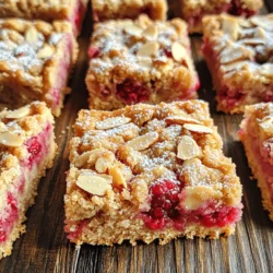 - 1 cup all-purpose flour - 1/2 cup almond flour - 1/2 cup rolled oats - 1/2 cup brown sugar, packed - 1/4 teaspoon salt - 1/2 teaspoon baking powder - 1/2 cup unsalted butter, melted - 1 teaspoon vanilla extract - 1 cup fresh raspberries (or frozen, thawed) - 1 tablespoon cornstarch - 1 tablespoon honey (or maple syrup) - 1/4 cup sliced almonds When you make Raspberry Almond Crumb Bars, use high-quality ingredients. Fresh raspberries give the best flavor. Look for firm, plump berries. If fresh ones are not available, frozen raspberries work well too. Just make sure to thaw them first. For those with nut allergies, you can swap almond flour for oat flour. This keeps the texture nice. If you want to avoid gluten, use a gluten-free flour blend in place of all-purpose flour. The butter gives richness to the bars. If you need a dairy-free option, try using coconut oil or a plant-based butter. Adjust the recipe as needed to fit your dietary needs. Using quality ingredients makes a big difference in taste. Enjoy the process of making these tasty treats! 1. Preheat your oven: Set your oven to 350°F (175°C). This ensures even baking. 2. Prepare the baking pan: Line an 8x8 inch baking pan with parchment paper. Leave some overhang to lift the bars out later. 3. Mix dry ingredients: In a large bowl, combine: - 1 cup all-purpose flour - 1/2 cup almond flour - 1/2 cup rolled oats - 1/2 cup brown sugar, packed - 1/4 teaspoon salt - 1/2 teaspoon baking powder Stir well to blend these ingredients. 4. Create the crumb mixture: Add 1/2 cup melted unsalted butter and 1 teaspoon vanilla extract. Mix until crumbly. It should hold together when pressed. Reserve 1 cup of this mixture for the topping. 5. Form the crust: Press the remaining crumb mixture into the bottom of the lined baking pan. Make it even and firm. 1. Bake the crust: Place the pan in the oven and bake for 15 minutes. This forms a solid base. 2. Prepare raspberry filling: While the crust bakes, in a medium bowl, toss together: - 1 cup fresh raspberries (or frozen, thawed) - 1 tablespoon cornstarch - 1 tablespoon honey (or maple syrup) Coat the raspberries well with the mixture. 3. Layer the filling: Once the crust is done, remove it from the oven. Spread the raspberry mixture evenly over the crust. 4. Add the topping: Sprinkle the reserved crumb mixture over the raspberries. Then, top with 1/4 cup sliced almonds for extra flavor and crunch. 5. Bake the bars: Return the pan to the oven and bake for another 25-30 minutes. Look for a golden topping and bubbly raspberries. 6. Cool and serve: After baking, let the bars cool for about 10 minutes in the pan. Use the parchment overhang to lift the bars out. Cool completely on a wire rack. Cut into squares and enjoy! You can find the complete steps and ingredients in the Full Recipe. - Ensuring the perfect crumb texture: To get that lovely crumb, mix your dry ingredients well. Then, add melted butter. This gives your bars a nice, crumbly top and bottom. Don't overmix it; just enough to hold together is best. - How to avoid a soggy bottom crust: To keep your base crisp, bake it for 15 minutes before adding the filling. This sets the crust and helps it hold up against the juicy raspberries. - Using fresh vs. frozen raspberries – Pros and Cons: Fresh raspberries taste bright and sweet. They make your bars shine! Frozen raspberries are easy to find and save time. Just thaw them and drain excess liquid. Both options work, so choose what fits your kitchen. - Suggested garnishes: A light dusting of powdered sugar looks pretty. You can also serve with a dollop of whipped cream for a creamy touch. This adds to the visual and taste appeal. - Pairing options: These bars pair well with tea or coffee. The sweet fruit and nut flavors balance nicely with a hot drink. You can also enjoy them with vanilla ice cream for a special treat. - Best practices for cutting and serving: Use a sharp knife for clean cuts. Wipe the knife between cuts to keep edges neat. Serve the bars on a fun plate or platter to make them stand out. For more details, check the Full Recipe. {{image_2}} You can easily adapt this recipe for different diets. For a gluten-free version, substitute all-purpose flour with almond flour or a gluten-free blend. This keeps the texture light and tasty. If you want a vegan option, use coconut oil instead of butter and maple syrup in place of honey. This makes the bars just as delicious without any animal products. For a low-sugar version, you can reduce the brown sugar by half or use a sugar alternative like stevia. This helps cut down on sweetness while keeping the flavor intact. Don't be afraid to get creative with flavors! You can swap raspberries for other fruits, like blueberries or strawberries. Each fruit adds its own unique taste. Try adding spices, such as cinnamon or nutmeg, for warmth. If you love chocolate, mix in some chocolate chips for an extra treat. You can also add citrus zest for a refreshing twist. For layered bars, use different fruit fillings. This creates a fun and colorful dessert that looks great and tastes amazing. To keep your Raspberry Almond Crumb Bars fresh, follow these steps: - Cool Completely: Make sure the bars cool fully before storing. - Wrap Well: Use plastic wrap or foil. This helps keep moisture in. - Use Airtight Containers: Store in a container that seals tight to prevent air exposure. For freezing, you can follow these steps: - Cut into Squares: First, cut the bars into squares. This makes it easy to grab one. - Use Parchment Paper: Place parchment between the squares to avoid sticking. - Label and Date: Write the date on the container for easy tracking. At room temperature, these bars last about 3 to 5 days. Keep them in a cool, dry place. You will know they are bad if you see mold or an off smell. If they feel dry or hard, they are past their prime. For longer storage, freeze them for up to 3 months. How do I know when the bars are done baking? You can tell the bars are done when the top is golden brown. The raspberries should be bubbling slightly around the edges. This usually takes about 25 to 30 minutes after adding the topping. Can I make these bars ahead of time? Yes, you can make these bars a day ahead. Just store them in an airtight container at room temperature. They taste great the next day! What’s the best way to cut and serve these bars? To cut the bars, let them cool completely. Use a sharp knife for clean cuts. If you want, dust some powdered sugar on top before serving. This adds a nice touch! Substitutions for ingredients I don’t have on hand If you don’t have almond flour, you can use more all-purpose flour. For honey, maple syrup works too. Feel free to swap fresh raspberries with frozen ones, just remember to thaw them first. Adjusting serving sizes for larger groups If you need more bars, you can easily double the recipe. Just use a larger baking pan and adjust the baking time as needed. Check for doneness as usual. Can I double the recipe for a larger batch? Absolutely! Doubling the recipe is a great idea for parties. Just remember to bake in batches or use two pans to get even results. You learned how to make Raspberry Almond Crumb Bars with clear steps and tips. I shared ingredient details and storage advice to keep your bars fresh. You also found ways to adjust the recipe for allergies and other diets. I hope you feel ready to try this recipe. Enjoy making and sharing these tasty bars! Baking brings joy, and these treats will delight everyone. Remember, the key is using fresh ingredients and having fun in the kitchen.