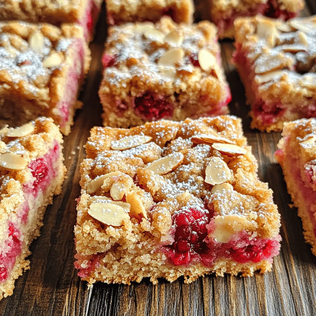- 1 cup all-purpose flour - 1/2 cup almond flour - 1/2 cup rolled oats - 1/2 cup brown sugar, packed - 1/4 teaspoon salt - 1/2 teaspoon baking powder - 1/2 cup unsalted butter, melted - 1 teaspoon vanilla extract - 1 cup fresh raspberries (or frozen, thawed) - 1 tablespoon cornstarch - 1 tablespoon honey (or maple syrup) - 1/4 cup sliced almonds When you make Raspberry Almond Crumb Bars, use high-quality ingredients. Fresh raspberries give the best flavor. Look for firm, plump berries. If fresh ones are not available, frozen raspberries work well too. Just make sure to thaw them first. For those with nut allergies, you can swap almond flour for oat flour. This keeps the texture nice. If you want to avoid gluten, use a gluten-free flour blend in place of all-purpose flour. The butter gives richness to the bars. If you need a dairy-free option, try using coconut oil or a plant-based butter. Adjust the recipe as needed to fit your dietary needs. Using quality ingredients makes a big difference in taste. Enjoy the process of making these tasty treats! 1. Preheat your oven: Set your oven to 350°F (175°C). This ensures even baking. 2. Prepare the baking pan: Line an 8x8 inch baking pan with parchment paper. Leave some overhang to lift the bars out later. 3. Mix dry ingredients: In a large bowl, combine: - 1 cup all-purpose flour - 1/2 cup almond flour - 1/2 cup rolled oats - 1/2 cup brown sugar, packed - 1/4 teaspoon salt - 1/2 teaspoon baking powder Stir well to blend these ingredients. 4. Create the crumb mixture: Add 1/2 cup melted unsalted butter and 1 teaspoon vanilla extract. Mix until crumbly. It should hold together when pressed. Reserve 1 cup of this mixture for the topping. 5. Form the crust: Press the remaining crumb mixture into the bottom of the lined baking pan. Make it even and firm. 1. Bake the crust: Place the pan in the oven and bake for 15 minutes. This forms a solid base. 2. Prepare raspberry filling: While the crust bakes, in a medium bowl, toss together: - 1 cup fresh raspberries (or frozen, thawed) - 1 tablespoon cornstarch - 1 tablespoon honey (or maple syrup) Coat the raspberries well with the mixture. 3. Layer the filling: Once the crust is done, remove it from the oven. Spread the raspberry mixture evenly over the crust. 4. Add the topping: Sprinkle the reserved crumb mixture over the raspberries. Then, top with 1/4 cup sliced almonds for extra flavor and crunch. 5. Bake the bars: Return the pan to the oven and bake for another 25-30 minutes. Look for a golden topping and bubbly raspberries. 6. Cool and serve: After baking, let the bars cool for about 10 minutes in the pan. Use the parchment overhang to lift the bars out. Cool completely on a wire rack. Cut into squares and enjoy! You can find the complete steps and ingredients in the Full Recipe. - Ensuring the perfect crumb texture: To get that lovely crumb, mix your dry ingredients well. Then, add melted butter. This gives your bars a nice, crumbly top and bottom. Don't overmix it; just enough to hold together is best. - How to avoid a soggy bottom crust: To keep your base crisp, bake it for 15 minutes before adding the filling. This sets the crust and helps it hold up against the juicy raspberries. - Using fresh vs. frozen raspberries – Pros and Cons: Fresh raspberries taste bright and sweet. They make your bars shine! Frozen raspberries are easy to find and save time. Just thaw them and drain excess liquid. Both options work, so choose what fits your kitchen. - Suggested garnishes: A light dusting of powdered sugar looks pretty. You can also serve with a dollop of whipped cream for a creamy touch. This adds to the visual and taste appeal. - Pairing options: These bars pair well with tea or coffee. The sweet fruit and nut flavors balance nicely with a hot drink. You can also enjoy them with vanilla ice cream for a special treat. - Best practices for cutting and serving: Use a sharp knife for clean cuts. Wipe the knife between cuts to keep edges neat. Serve the bars on a fun plate or platter to make them stand out. For more details, check the Full Recipe. {{image_2}} You can easily adapt this recipe for different diets. For a gluten-free version, substitute all-purpose flour with almond flour or a gluten-free blend. This keeps the texture light and tasty. If you want a vegan option, use coconut oil instead of butter and maple syrup in place of honey. This makes the bars just as delicious without any animal products. For a low-sugar version, you can reduce the brown sugar by half or use a sugar alternative like stevia. This helps cut down on sweetness while keeping the flavor intact. Don't be afraid to get creative with flavors! You can swap raspberries for other fruits, like blueberries or strawberries. Each fruit adds its own unique taste. Try adding spices, such as cinnamon or nutmeg, for warmth. If you love chocolate, mix in some chocolate chips for an extra treat. You can also add citrus zest for a refreshing twist. For layered bars, use different fruit fillings. This creates a fun and colorful dessert that looks great and tastes amazing. To keep your Raspberry Almond Crumb Bars fresh, follow these steps: - Cool Completely: Make sure the bars cool fully before storing. - Wrap Well: Use plastic wrap or foil. This helps keep moisture in. - Use Airtight Containers: Store in a container that seals tight to prevent air exposure. For freezing, you can follow these steps: - Cut into Squares: First, cut the bars into squares. This makes it easy to grab one. - Use Parchment Paper: Place parchment between the squares to avoid sticking. - Label and Date: Write the date on the container for easy tracking. At room temperature, these bars last about 3 to 5 days. Keep them in a cool, dry place. You will know they are bad if you see mold or an off smell. If they feel dry or hard, they are past their prime. For longer storage, freeze them for up to 3 months. How do I know when the bars are done baking? You can tell the bars are done when the top is golden brown. The raspberries should be bubbling slightly around the edges. This usually takes about 25 to 30 minutes after adding the topping. Can I make these bars ahead of time? Yes, you can make these bars a day ahead. Just store them in an airtight container at room temperature. They taste great the next day! What’s the best way to cut and serve these bars? To cut the bars, let them cool completely. Use a sharp knife for clean cuts. If you want, dust some powdered sugar on top before serving. This adds a nice touch! Substitutions for ingredients I don’t have on hand If you don’t have almond flour, you can use more all-purpose flour. For honey, maple syrup works too. Feel free to swap fresh raspberries with frozen ones, just remember to thaw them first. Adjusting serving sizes for larger groups If you need more bars, you can easily double the recipe. Just use a larger baking pan and adjust the baking time as needed. Check for doneness as usual. Can I double the recipe for a larger batch? Absolutely! Doubling the recipe is a great idea for parties. Just remember to bake in batches or use two pans to get even results. You learned how to make Raspberry Almond Crumb Bars with clear steps and tips. I shared ingredient details and storage advice to keep your bars fresh. You also found ways to adjust the recipe for allergies and other diets. I hope you feel ready to try this recipe. Enjoy making and sharing these tasty bars! Baking brings joy, and these treats will delight everyone. Remember, the key is using fresh ingredients and having fun in the kitchen.