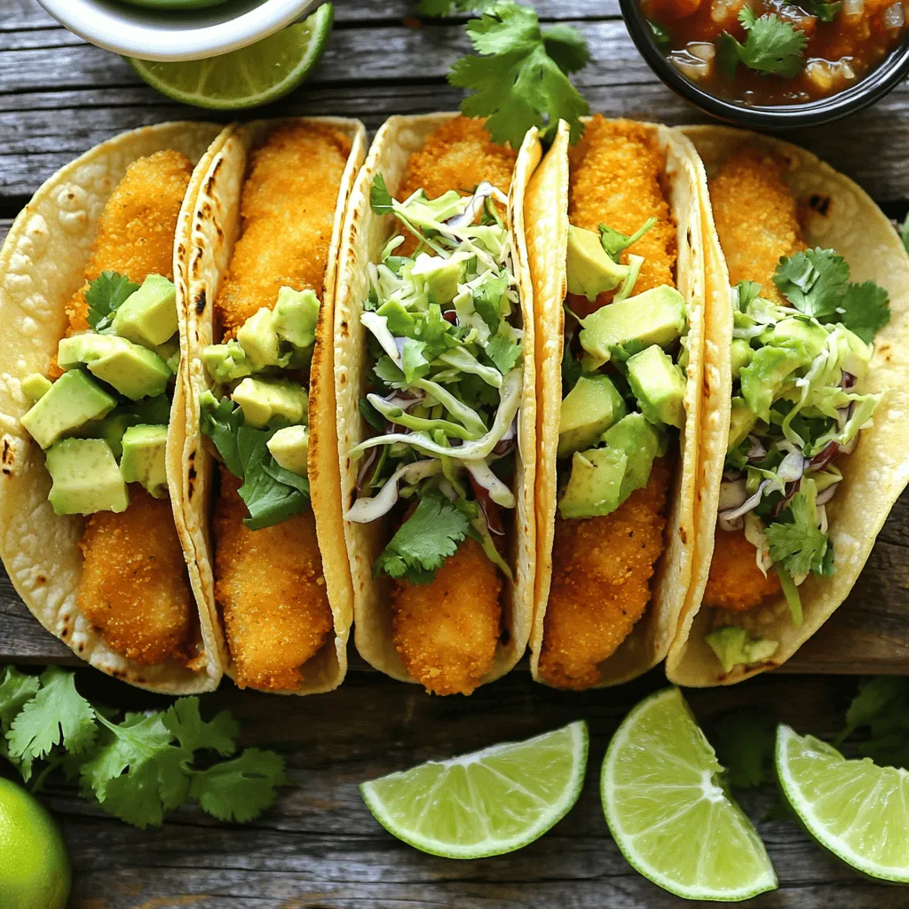 To make crispy fish tacos, you'll need the following ingredients: - 1 lb white fish fillets (such as cod or tilapia) - 1 cup all-purpose flour - 1/2 cup cornmeal - 1 teaspoon cayenne pepper - 1 teaspoon garlic powder - 1 teaspoon paprika - 1/2 teaspoon salt - 1/4 teaspoon black pepper - 2 eggs, beaten - 1 cup panko breadcrumbs - Vegetable oil for frying - 8 small corn tortillas - 1 cup cabbage, finely shredded - 1 avocado, diced - 1/4 cup fresh cilantro, chopped - Lime wedges for serving - Salsa or hot sauce (optional) When choosing fish for tacos, I recommend white fish. Cod and tilapia work well. These fish have a mild flavor and firm texture. They fry nicely and hold up in the taco. If you want to mix things up, try other fish. Salmon and mahi-mahi are great options. They add a different taste and texture. For a non-fish alternative, use shrimp or even grilled veggies. Both options still give that tasty taco experience. To start, rinse the fish fillets in cold water. This step cleans them well. Next, dry the fillets using paper towels. Drying helps the coating stick better. Cut each fillet into strips that are about 1 inch wide. This size is perfect for tacos. For a crispy texture, use three bowls. In the first bowl, mix flour, cornmeal, cayenne pepper, garlic powder, paprika, salt, and black pepper. This mix adds flavor. In the second bowl, place the beaten eggs. In the third bowl, add panko breadcrumbs. Here’s how to coat the fish: 1. Dip each fish strip into the flour mix first. 2. Shake off any extra flour. 3. Next, dip it into the beaten eggs. 4. Finally, roll it in the panko breadcrumbs. Make sure each strip is well coated. This layering is key for crunch. Now, heat about 1 inch of vegetable oil in a large skillet over medium-high heat. You want the oil to shimmer but not smoke. Carefully add the coated fish strips in batches. Fry them for about 3-4 minutes on each side. They should turn golden brown and crispy. Once done, remove the fish and let them drain on paper towels. This step helps remove excess oil. While the fish cools, warm the corn tortillas in a dry skillet for about 30 seconds on each side. This makes them soft and easy to fold. For a tasty taco, place 2-3 pieces of crispy fish on each tortilla. Top with shredded cabbage, diced avocado, and chopped cilantro. Serve them with lime wedges and optional salsa or hot sauce. Enjoy your meal! For the complete recipe, check the Full Recipe. To get that crispy texture, coat the fish well. Start with flour, then eggs, and finish with panko breadcrumbs. This triple-dip method is key. Make sure your oil is hot enough before frying. If it's not hot, the fish will soak up oil and become soggy. Aim for around 350°F (175°C) for frying. Fry in small batches to avoid crowding the pan. This helps each piece cook evenly and stay crispy. Choose a firm white fish like cod or tilapia. These types hold up well during cooking. Cut the fish into strips about 1 inch wide. This size cooks quickly and evenly. Always pat the fish dry before coating it. This removes excess moisture and helps the coating stick better. Monitor cooking time; fry each side for about 3-4 minutes until golden brown. Warm the corn tortillas before adding the fish. This makes them soft and easy to fold. Load each tortilla with 2-3 crispy fish strips. Top them with fresh cabbage, diced avocado, and chopped cilantro. These toppings add crunch and flavor. Serve with lime wedges for a zesty kick. If you like heat, add salsa or hot sauce. These simple steps make crispy fish tacos perfect for any meal! For the full recipe, check out the detailed instructions. {{image_2}} You can customize your crispy fish tacos in many fun ways. Start with the basics and then add your favorite toppings. - Creamy Sauce: A drizzle of chipotle mayo or a lime crema adds zest. - Fresh Veggies: Try adding diced tomatoes, radishes, or sliced jalapeños for crunch. - Fruits: Mango or pineapple salsa can bring a sweet touch. - Cheese: Feta or cotija cheese gives a salty contrast to the fish. Mix and match these toppings to find your perfect flavor combination. You do not need to fry your fish to get great results. Both baking and air frying work well for crispy fish tacos. - Baking: Preheat your oven to 425°F (220°C). Place your coated fish on a baking sheet. Bake for about 15-20 minutes. Flip them halfway through for even crispiness. - Air Frying: Set your air fryer to 400°F (200°C). Cook the fish for about 10-12 minutes, flipping them halfway. This method uses less oil but still gives you a crunchy texture. Both methods are healthier and easy to do. The right spices and sauces can elevate your fish tacos. Experiment with these ideas to find your favorite flavors. - Spices: Try cumin or coriander for warmth. Add chili powder for extra heat. - Herbs: Fresh dill or parsley can brighten up the dish. - Sauces: A tangy tomatillo sauce can add brightness. Alternatively, a mango salsa can bring sweetness. Feel free to mix these spices and sauces to create a unique taste for your crispy fish tacos. For the complete recipe, reference the [Full Recipe]. To keep leftover fish tacos fresh, store them separately. Place the fish in an airtight container. Wrap the tortillas in foil or plastic wrap. This keeps them soft. Store the toppings, like cabbage and avocado, in separate containers. Use them within two days for the best taste. To reheat your fish, avoid the microwave. Instead, use an oven or skillet. Preheat your oven to 375°F (190°C). Place the fish on a baking sheet. Bake for about 10-15 minutes until hot and crispy. If using a skillet, heat a little oil over medium heat. Add the fish and cook for a few minutes on each side. For the best flavor, store your ingredients properly. Keep the fish in the coldest part of your fridge. Use it within one to two days of purchase. Store tortillas at room temperature in a sealed bag. Vegetables like cabbage and avocado should go in the fridge. Use avocado quickly to avoid browning. For the full recipe, check out my cooking guide! The best fish for crispy fish tacos is white fish. Cod and tilapia are great choices. They are mild and flaky when cooked. You want fish that cooks quickly and stays tender. Other good options include haddock and snapper. These fish also hold up well to frying, giving you that perfect crunch. To make fish tacos gluten-free, swap out the all-purpose flour. Use gluten-free flour or rice flour instead. For the breadcrumbs, find gluten-free panko or crush gluten-free cornflakes. Check labels on all products to ensure they are gluten-free. This keeps your meal safe for those with gluten sensitivities. If you need a substitute for panko breadcrumbs, try regular breadcrumbs. They work, but they may not be as crispy. You can also use crushed tortilla chips for a fun twist. Crushed cornflakes or even ground nuts can add great texture and flavor. Each option gives a different taste and crunch to your fish tacos. For the complete recipe, check out the Full Recipe section! You've learned all about making amazing crispy fish tacos. We covered the best fish to use, cooking techniques for crispy texture, and tasty toppings. You now have tips on storage and reheating, so your tacos stay delicious. Remember, practice makes perfect. Try different spices and cooking methods to find your favorite. Enjoy your fish tacos with friends and family. Happy cooking!