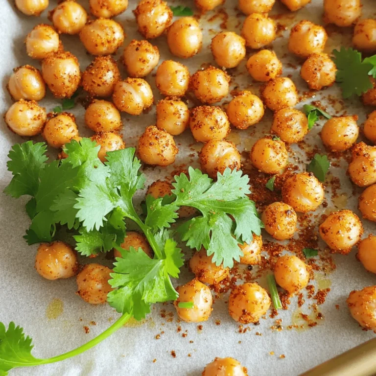 To make spicy roasted chickpeas, gather these main ingredients: - 1 can (15 ounces) chickpeas, drained and rinsed - 2 tablespoons olive oil - 1 teaspoon smoked paprika - 1 teaspoon ground cumin - 1/2 teaspoon cayenne pepper (adjust for spice level) - 1/2 teaspoon garlic powder - Salt to taste These ingredients help create a deep flavor. The smoked paprika adds a nice, warm taste. Cumin gives the dish a rich, earthy flavor. Cayenne pepper brings the heat, which you can adjust. The olive oil helps the spices stick and adds richness. You can also add some fun garnishes or extras: - Fresh cilantro for garnish - A squeeze of lime juice - Chopped green onions Fresh cilantro adds color and a fresh taste. Lime juice brightens the flavor, making it zingy. Green onions can add a nice crunch too. Feel free to get creative with your add-ins. Chickpeas are more than just tasty; they offer many health benefits: - High in protein - Good source of fiber - Rich in vitamins and minerals Eating chickpeas can help keep you full and satisfied. They are great for digestion because of the fiber. Plus, they provide important nutrients like iron and magnesium. Choosing chickpeas as a snack is a smart and healthy choice. If you want the full recipe, check it out [here](Full Recipe). Start with a can of chickpeas. Drain them well and rinse them under cold water. This helps remove any extra sodium. After rinsing, dry them with paper towels. It is very important to get them dry. Moisture will make them soft, not crispy. Preheat your oven to 400°F (200°C). Line a baking sheet with parchment paper. In a bowl, mix olive oil, smoked paprika, ground cumin, cayenne pepper, garlic powder, and salt. Toss the dried chickpeas in this spice mix until they are well coated. Spread the chickpeas out in a single layer on the baking sheet. Roast them for 30 to 35 minutes. Halfway through, shake the baking sheet to help them cook evenly. They should be golden and crunchy when done. To get the best crunch, make sure your chickpeas are super dry. The hot oven helps too. If you want extra crispiness, you can roast them a bit longer. Just keep an eye on them so they don’t burn. Let them cool for a few minutes after roasting. They will continue to crisp up as they cool. For a fresh touch, add chopped cilantro right before serving. Enjoy your spicy roasted chickpeas! [Full Recipe] You can change the heat in your spicy roasted chickpeas. If you like it mild, cut the cayenne pepper in half. Add more cayenne for a kick. You can also use chili powder for a different flavor. Taste the spice mix before you coat the chickpeas. This way, you know if it's just right for you. If you have leftover chickpeas, store them in an airtight container. Keep them in a cool, dry place. They stay fresh for about three days. For longer storage, put them in the fridge. Just remember, they may lose some crunch over time. To bring back the crunch, reheat them in the oven at 350°F (175°C) for about 10 minutes. Spicy roasted chickpeas make a great snack. You can serve them on their own or add them to salads. They add a nice crunch to any dish. Try them with hummus or yogurt dip for extra flavor. You can even sprinkle them on soups for texture. These chickpeas are versatile and tasty! For the full recipe, check out the recipe section. {{image_2}} You can change the flavor of your spicy roasted chickpeas easily. Try adding different spices. For a sweet twist, use cinnamon and brown sugar. For a tangy taste, mix in lemon zest and smoked paprika. Experiment with curry powder for a warm flavor. You can also try Italian herbs like oregano and basil. Mix and match to find your favorite blend! This recipe is already vegan and gluten-free, making it great for everyone. Check your spice labels to ensure they are gluten-free. You can use other oils like coconut or avocado oil if you wish. These oils add their own unique flavors while keeping the snack healthy and tasty! Serve your roasted chickpeas in many fun ways. They make a great topping for salads or soups. You can also mix them into grain bowls for a crunchy boost. Try them as a snack with your favorite dip, like hummus or guacamole. You can even use them as a crunchy topping for popcorn! The options are endless. For the full recipe, check out the previous section! To keep your roasted chickpeas fresh, store them in an airtight container. Use a glass jar or a plastic container with a tight lid. Make sure the chickpeas are completely cool before sealing the container. This helps prevent moisture from building up inside. Keep them in a cool, dark place like a pantry. Avoid placing them near heat sources. This keeps them crunchy and tasty for longer. If you have leftover chickpeas, you can reheat them to restore their crunch. Preheat your oven to 350°F (175°C). Spread the chickpeas on a baking sheet in a single layer. Heat them for about 10 minutes. Check them often to avoid burning. They should come out crispy and warm, just like when you first made them. Roasted chickpeas can last up to a week when stored correctly. If you notice any soft or chewy texture, they may be spoiled. Also, watch for any strange smells or colors. These are clear signs it’s time to toss them. Enjoy your flavorful snack while they are fresh! For the full recipe, check out the detailed steps above. Yes, you can use dried chickpeas. First, soak them overnight. After soaking, boil them until tender. This step is key for perfect texture. Drain the chickpeas and follow the rest of the recipe. Using dried chickpeas may take more time, but the taste is fresh and rewarding. Spicy roasted chickpeas are healthy and packed with nutrients. Here’s a quick breakdown per serving: - Calories: 120 - Protein: 6 grams - Carbohydrates: 18 grams - Dietary Fiber: 5 grams - Fat: 4 grams Chickpeas are a great source of protein and fiber. They may help keep you full and satisfied. To make spicy roasted chickpeas in an air fryer, start by following the recipe steps. After coating the chickpeas with spices, place them in the air fryer basket. Set the air fryer to 400°F (200°C) and cook for about 15-20 minutes. Shake the basket halfway through for even cooking. They will turn out crispy and delicious! For the full recipe, refer to the earlier section. Spicy roasted chickpeas are easy to make and full of flavor. We discussed key ingredients, cooking steps, and clever tips for perfect results. Remember to adjust spice levels and store leftovers well. You can experiment with different seasonings and enjoy chickpeas in many ways. Keep these ideas in mind for your next snack. Roasted chickpeas can be tasty and healthy, making them a winner every time. Enjoy your culinary adventure!