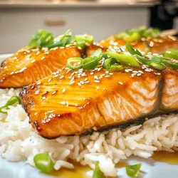To make maple glazed salmon, you’ll need some key ingredients. Here’s the list: - 4 salmon fillets (6 ounces each) - 1/4 cup pure maple syrup - 2 tablespoons soy sauce (or tamari for gluten-free) - 1 tablespoon Dijon mustard - 1 tablespoon fresh ginger, grated - 2 cloves garlic, minced - 1 tablespoon olive oil - Salt and pepper to taste These ingredients blend together to create a sweet and savory glaze. The salmon is rich in omega-3 fatty acids, making it tasty and healthy. Garnishes can make your dish look great and add flavors. Here are some options to consider: - 3 green onions, chopped - Sesame seeds These add a nice crunch and pop of color. Green onions give a fresh taste, while sesame seeds add a nutty flavor. If you have dietary needs, there are easy swaps. Here are a few: - Use tamari instead of soy sauce for gluten-free. - Swap Dijon mustard with yellow mustard if you prefer. - Replace salmon with trout or chicken for different flavors. These options allow everyone to enjoy this dish. You can still use the same cooking method and glaze. Feel free to explore the full recipe for more details. Start by making the marinade and glaze. In a small bowl, whisk together: - 1/4 cup pure maple syrup - 2 tablespoons soy sauce - 1 tablespoon Dijon mustard - 1 tablespoon fresh ginger, grated - 2 cloves garlic, minced Mix these well until they blend. This glaze will add rich flavor to your salmon. Next, take four salmon fillets. Place them in a shallow dish. Pour half of the glaze over the salmon. Make sure each fillet is well coated. Cover the dish and let it marinate in the fridge for 20 to 30 minutes. Preheat your oven to 400°F (200°C). While the oven heats, grab an oven-safe skillet. Add 1 tablespoon of olive oil and heat it over medium-high heat. Take the marinated salmon out of the fridge. Season it with salt and pepper. Carefully place the salmon fillets, skin-side down, in the hot skillet. Sear them for 3 to 4 minutes until they turn golden brown. Now, flip the salmon fillets. Drizzle the remaining glaze over the top. Transfer the skillet to the preheated oven. Bake for 8 to 10 minutes. The salmon should cook through and flake easily with a fork. After baking, remove the skillet from the oven. Let the salmon rest for a couple of minutes. This helps the juices settle in. To serve, garnish with chopped green onions and a sprinkle of sesame seeds. You can also serve the salmon over sautéed greens or fluffy jasmine rice. Drizzle any remaining glaze from the pan over the top for extra flavor. Enjoy your delicious Maple Glazed Salmon! For the detailed recipe, check the Full Recipe. To get the best glaze, use pure maple syrup. It gives a rich flavor. Mix it well with soy sauce, Dijon mustard, ginger, and garlic. This blend creates a sweet and savory taste. Marinate the salmon fillets for 20-30 minutes. This helps the flavors soak in deeply. Don't skip this step; it makes a big difference. Searing the salmon first is key. Heat olive oil in an oven-safe skillet. Place the fillets skin-side down. Cook for 3-4 minutes until golden brown. This adds texture and flavor. Then, flip the salmon and pour the glaze over it. Transfer to the oven to finish cooking. This method keeps the fish moist and flaky. One common mistake is overcooking the salmon. Use a fork to check if it flakes easily. If it does, it's done. Another mistake is not seasoning the fish enough. Salt and pepper enhance the flavor. Lastly, don't rush the marinating time. Letting the salmon sit in the glaze improves the taste a lot. {{image_2}} You can change the flavor of your maple glazed salmon easily. Try using orange juice or lemon juice to add a citrus punch. For a spicy kick, mix in some chili paste or crushed red pepper flakes. You can also swap the soy sauce for coconut aminos for a sweeter taste. Each of these swaps will give your dish a new twist! While baking is great, you can also grill or pan-sear your salmon. If you grill, make sure to oil the grill grates to prevent sticking. For pan-searing, use a cast-iron skillet to get a nice sear. You can even try poaching the salmon in the glaze for a tender result. Each method brings out different flavors and textures. Pairing side dishes with maple glazed salmon can enhance your meal. Here are some great options: - Steamed asparagus - Roasted Brussels sprouts - Creamy mashed potatoes - Quinoa or rice pilaf - A fresh green salad with vinaigrette These sides will balance the sweetness of the glaze and create a complete meal. Experiment and find your favorite combination! For the full recipe, check out the earlier section. To store leftover maple glazed salmon, let it cool first. Place the salmon in an airtight container. Cover it well to keep moisture in. You can store it in the fridge for up to three days. Make sure to keep it away from strong smells, as salmon can absorb them. Reheat your salmon gently to keep it moist. Preheat your oven to 350°F (175°C). Place the salmon on a baking sheet. Cover it with foil to prevent drying. Heat for about 10-15 minutes until warmed through. You can also use a microwave. Heat it on low power for short bursts. Check often to avoid overcooking. If you want to freeze your salmon, first cool it completely. Wrap each fillet tightly in plastic wrap. Then, place them in a freezer bag or airtight container. Label the bag with the date. You can freeze it for up to three months. When ready to eat, thaw it in the fridge overnight before reheating. Enjoy your meal even after some time! You can find the Full Recipe for more details. To make this recipe gluten-free, simply swap regular soy sauce for tamari. Tamari is a gluten-free soy sauce that tastes great. Use the same amount, 2 tablespoons, in the marinade. Ensure that all other ingredients, like Dijon mustard, are also gluten-free. Many brands have gluten-free options, so check the labels. Yes, you can use other fish. Some good choices are trout, tilapia, or cod. Each fish has its own flavor, but they all work well with the maple glaze. Adjust the cooking time based on the thickness of the fish. Thinner fillets will cook faster, while thicker ones may need a bit more time in the oven. The best way to check if the salmon is done is to use a fork. Gently poke the thickest part of the fish. If it flakes easily, it's ready. The internal temperature should be about 145°F (63°C). You can also look for a slightly opaque color. If the fish is still translucent, it needs more time. Enjoy your perfectly cooked salmon! For the full recipe, refer to the section above. Maple glazed salmon is easy and fun to make. This blog shared key ingredients, steps, and tips to get it just right. I covered cooking methods, variations, and how to store leftovers. Remember, the right glaze can elevate your dish. Try new flavors and pair with tasty sides. With these tips, you’ll impress everyone at dinner. Enjoy your cooking journey and experiment with this delicious recipe!