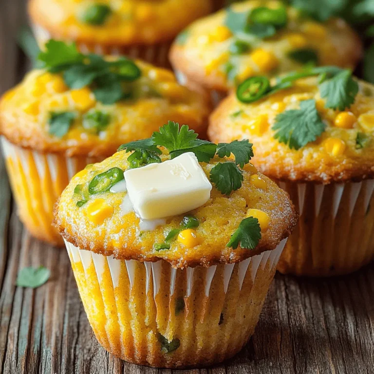 To make Cheesy Jalapeño Cornbread Muffins, you need a few key items. Here is the list: - 1 cup cornmeal - 1 cup all-purpose flour - 1 tablespoon baking powder - 1/2 teaspoon salt - 1/4 teaspoon baking soda - 1 cup milk - 2 large eggs - 1/4 cup honey - 1/4 cup vegetable oil - 1 cup shredded sharp cheddar cheese - 1/2 cup pickled jalapeños, chopped - 1/2 cup corn kernels (fresh or frozen) For the cheese, I recommend using sharp cheddar. It melts well and adds great flavor. If you want a spicier kick, consider pepper jack cheese. For jalapeños, pickled ones are easy to find and add a tangy taste. You can boost the flavor of your muffins with different add-ins. Here are some ideas: - Try adding 1/2 teaspoon of garlic powder or onion powder for an extra kick. - Fresh herbs like cilantro or green onions can add freshness. - For a sweet touch, mix in a bit of crumbled bacon. You can also swap out flours. If you want a gluten-free option, use corn flour or a gluten-free blend. If you have food allergies, there are easy swaps. For a gluten-free version, use gluten-free flour instead of all-purpose flour. If you need a dairy-free option, try almond milk and a plant-based cheese. For sweeteners, you can use agave syrup or maple syrup instead of honey. For oil, you can use melted coconut oil or any neutral oil you prefer. For the full recipe, check out the complete list of steps to make these tasty muffins! 1. Start by preheating your oven to 400°F (200°C). This step gets the oven ready for baking. 2. Grease your muffin tin with oil or butter. You can also use paper liners if you prefer. 3. In a medium bowl, combine the cornmeal, flour, baking powder, salt, and baking soda. Whisk them well to mix. 4. In a larger bowl, mix the milk, eggs, honey, and vegetable oil. Stir until the mixture is smooth. 5. Add the dry ingredients to the wet mixture gradually. Stir gently until just combined. Avoid overmixing; this keeps the muffins soft. 6. Fold in the shredded cheddar cheese, chopped jalapeños, and corn kernels. Make sure everything is evenly mixed. 7. Spoon the batter into your prepared muffin tin. Fill each cup about two-thirds full. - Bake the muffins for 15-18 minutes. Keep an eye on them as they cook. - To check for doneness, insert a toothpick into the center of a muffin. If it comes out clean, they are ready. - Different ovens may cook differently. If your oven runs hot, check the muffins a bit earlier. - Let the muffins cool in the pan for about 5 minutes. Then transfer them to a wire rack to cool completely. - Serve the muffins warm. A pat of butter on top adds a nice touch. - For extra flair, garnish with fresh cilantro or jalapeño slices. These small details make a big impact! - Consider pairing them with your favorite dips or toppings for an even better taste experience. You can find the full recipe for Cheesy Jalapeño Cornbread Muffins above. To make the best Cheesy Jalapeño Cornbread Muffins, avoid common mistakes. First, don’t overmix your batter. This can make your muffins tough. Mix until just combined. Second, check your ingredient temperature. Use room temperature eggs and milk. This helps your muffins rise evenly. For the best flavor, use sharp cheddar cheese. It adds a rich taste. Fresh jalapeños give a nice kick. If you want more heat, use more jalapeños. You can also add spices like cumin or smoked paprika for deeper flavor. The right texture is key to great muffins. Aim for moist, fluffy muffins. To avoid dryness, measure flour and cornmeal correctly. Use a spoon to scoop flour into your measuring cup. This prevents packing. Too much flour can lead to dry muffins. Remember, the batter should be slightly lumpy for the best results. For more details, check out the Full Recipe. {{image_2}} You can easily change the flavor of your Cheesy Jalapeño Cornbread Muffins. Try using different cheeses to find your favorite. Pepper jack adds a nice kick. Queso blanco will give a creamy taste. I love how varied cheese can change the muffin’s vibe. You can also add more vegetables. Corn kernels make a sweet burst of flavor. Try diced bell peppers for a crunchy texture. You can even sneak in some spinach for color and nutrients. The more colorful, the better! If you're vegan or plant-based, you can still enjoy these muffins. Replace the eggs with flaxseed meal mixed with water. Use plant-based milk instead of regular milk. You can also swap honey for maple syrup or agave. This way, you keep the sweetness while staying plant-friendly. For a low-carb or keto version, use almond flour instead of all-purpose flour. Replace the cornmeal with ground flaxseed or coconut flour. You can also add cheese to make it richer. These tweaks will keep your muffins tasty and healthy. Adding regional flair can make these muffins even better. If you love Southern cuisine, add some buttermilk for a rich taste. Use local cheeses from your area to add unique flavors. Specific types of cornmeal can also change the texture and taste. If you enjoy Tex-Mex flavors, consider adding diced green chiles. They give a smoky note to the muffins. You can also mix in some chopped cilantro for freshness. These small changes can turn your muffins into a regional delight. For the full recipe, check out the detailed steps and ingredients list! To keep your cheesy jalapeño cornbread muffins fresh, store them at room temperature. Place them in an airtight container or a zip-top bag. This helps keep them soft and moist. They stay fresh for about three days. If you want to maintain their flavor, add a slice of bread to the container. The bread helps to keep the muffins from drying out. For long-term storage, freezing muffins is a great option. Wrap each muffin in plastic wrap or foil. Then, place them in a freezer-safe bag. They can last up to three months in the freezer. When you’re ready to eat them, let them thaw in the fridge overnight. You can also reheat them in the oven at 350°F (175°C) for about 10 to 15 minutes. This will help them regain their fresh-baked taste. The type of cheese or jalapeños you use can affect how well they freeze. If your muffins lose moisture, don’t worry! You can revive them easily. Wrap the muffins in a damp paper towel. Then, microwave them for 10 to 15 seconds. This adds back some moisture. You can also cut stale muffins into small pieces and turn them into a savory bread pudding. Just mix them with eggs and milk, add some veggies, and bake. This way, you can make a new dish from your leftover muffins. For the full recipe, check back in the earlier sections! Yes, you can make these muffins ahead of time. Bake them and let them cool. Store them in an airtight container. They can stay fresh for up to three days. You can also freeze them if you want to keep them longer. Just wrap each muffin in plastic wrap, then put them in a freezer bag. When you're ready to eat, thaw them in the fridge overnight. Reheat in the oven or microwave for the best taste. To adjust spice, choose your jalapeños wisely. If you want them milder, use fewer jalapeños or remove the seeds. For more heat, add more jalapeños or use fresh ones instead of pickled. You can also mix in some cayenne pepper or hot sauce. Start with a little and taste the batter before baking. This way, you can find the perfect heat for your taste. Yes, fresh corn works great in this recipe. Cut the kernels off the cob and measure out half a cup. Fresh corn gives a sweet crunch. Make sure to cook it briefly if you want it softer. Just steam or boil it for a few minutes. Then, let it cool before adding it to the batter. These muffins pair well with many meals. Serve them with chili for a hearty dish. They also go great with soups, salads, or barbecued meats. If you want a light meal, add some avocado or salsa on the side. For breakfast, enjoy them with eggs or bacon. The muffins are versatile, making them a fun choice for any meal. For the full recipe, check the section above. In this blog post, we explored the ingredients, instructions, and helpful tips for making Cheesy Jalapeño Cornbread Muffins. You learned about essential ingredients, flavor variations, and easy storage methods. Baking these muffins can be fun and rewarding. Remember, small tweaks can enhance flavor and texture. Don’t shy away from trying new things. Your muffins will shine with the right techniques and fresh ideas. Now, get in the kitchen and enjoy every bite!