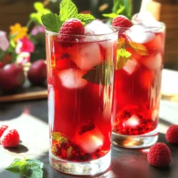 - Dried hibiscus flowers - Fresh raspberries - Honey or agave syrup - Lemon juice - Ice cubes - Fresh mint leaves (optional) Choosing good ingredients makes your tea special. Start with dried hibiscus flowers. Look for bright, deep red flowers. This color means they are fresh. Store them in a cool, dry place. Fresh raspberries are key too. They should be firm and plump. Check for any mold or soft spots. If you want to switch out honey or agave, there are options. You can try maple syrup or fruit juice. Both add a nice sweetness. For a low-calorie choice, consider stevia or erythritol. These sweeteners blend well and keep the taste great. To start, boil 6 cups of water in a medium saucepan. Once the water is boiling, remove it from heat. This is when you add the dried hibiscus flowers. Let them steep for about 15 to 20 minutes. You will see the water turn a deep red color. After steeping, strain the hibiscus tea into a large pitcher. Discard the used flowers. This tea is packed with flavor. While the tea is still warm, it's time to sweeten it. Stir in 1/2 cup of honey or agave syrup. Mix until it fully dissolves. You can adjust the sweetness to your taste. Next, add in the fresh raspberries and 2 tablespoons of lemon juice. Stir gently to combine. The raspberries add a nice fruity touch. Let the tea cool to room temperature. Once it’s cool, place it in the fridge. Chill for about 1 to 2 hours. When you are ready to serve, fill glasses with ice cubes. Pour the raspberry hibiscus tea over the ice. For a lovely finish, garnish each glass with extra raspberries and fresh mint leaves. This adds a pop of color and freshness to your drink. To make your raspberry hibiscus iced tea just right, you can adjust the sweetness. Start with half a cup of honey or agave syrup. Taste it after mixing. If you want it sweeter, add more. Remember, you can always add more, but you can't take it out! Next, enhance the berry flavors. Use fresh raspberries for the best taste. Mashing some raspberries before adding them to the tea releases more juice. This will give your drink a richer berry flavor. Choosing the right glass can make your drink look even better. I like using tall, clear glasses. This way, you can see the vibrant red color of the tea. It adds to the experience! Pair your iced tea with snacks. Light foods work well. Try it with cucumber sandwiches, cheese, or fruit skewers. These snacks will balance the tartness of the tea. You can infuse other fruits or herbs to mix it up. Try adding sliced strawberries or peach pieces. Fresh herbs like basil or rosemary can add a unique twist. Just remember to add them while the tea is warm to help release their flavors. Experimenting with different tea combinations is also fun. Mixing hibiscus with green tea or black tea can create new flavors. Each blend offers a different taste experience. Enjoy the process of finding your favorite mix! For the full recipe, check out the details above. {{image_2}} You can make fun twists on raspberry hibiscus iced tea by adding other flavors. For a refreshing hibiscus and citrus drink, try adding orange or lime juice. The bright citrus will balance the tartness of the hibiscus. You can also mix in some slices of lemon for extra zing. Tropical berry blends are another tasty option. Combine raspberries with strawberries, blueberries, or even pineapple. This mix brings a tropical vibe to your drink. Just toss in the fruits while you prepare the tea. Your guests will love the burst of flavors! Adjusting sweetness is key to making the perfect iced tea. If you want a low-sugar option, use less honey or agave syrup. You can also try sweetening with stevia or monk fruit. These natural sweeteners add flavor without extra calories. Infused sweeteners are another great choice. Consider using flavored syrups, like vanilla or almond. These can add a nice twist. You can also steep the tea with a few mint leaves. This adds sweetness and a fresh taste. Making cold brew raspberry hibiscus tea is simple and rewarding. Start by adding the dried hibiscus flowers and raspberries to cold water. Let it steep in the fridge overnight. This method makes a smoother, less acidic drink. Timing and steeping can change the flavor. If you want a stronger taste, steep for 12-24 hours. For a lighter flavor, steep for just 6-8 hours. Experiment to find your perfect flavor! To keep your raspberry hibiscus iced tea fresh, always refrigerate it. Use a clean, airtight container. Glass jars or pitchers work well. Avoid letting it sit out at room temperature. This helps prevent bacteria growth and keeps flavors bright. Your raspberry hibiscus iced tea lasts about 5 to 7 days in the fridge. Store it tightly sealed to keep it fresh. Watch for signs of spoilage, like changes in smell or color. If it smells sour or looks cloudy, it’s best to toss it. Don't waste those leftover hibiscus flowers! You can use them in smoothies or oatmeal. For the extra raspberries, mash them into a sauce or mix them into yogurt. They add a nice touch and minimize waste while keeping your meals exciting. Raspberry hibiscus iced tea has a sweet and tart flavor. The hibiscus gives a deep, floral note. Raspberries add a bright, fruity taste. Together, they create a refreshing drink perfect for hot days. The color is a vibrant red, which makes it even more appealing. The aroma is fruity and floral, inviting you to take a sip. Hibiscus is rich in antioxidants, which help fight free radicals. It may lower blood pressure and support heart health. Hibiscus is also good for digestion. It has vitamins like C and minerals like calcium. Drinking hibiscus tea can boost your immune system and keep you hydrated. This makes it a great choice for a healthy drink. Yes, you can use fresh hibiscus. Fresh hibiscus has a lighter flavor compared to dried. You will need to adjust the steeping time. Fresh flowers may not need as long to infuse. Check out the Full Recipe for detailed steps on using fresh hibiscus in your tea. Raspberry hibiscus iced tea is a delight, easy to make and refreshing. You’ve learned about key ingredients like dried hibiscus flowers and fresh raspberries. Quality matters, so choose fresh items for the best flavor. I shared step-by-step instructions for brewing and combining ingredients. Don’t forget to experiment with sweeteners and different fruits. As you try this drink, remember to have fun with flavors. I hope you enjoy making your own iced tea, and feel free to get creative!