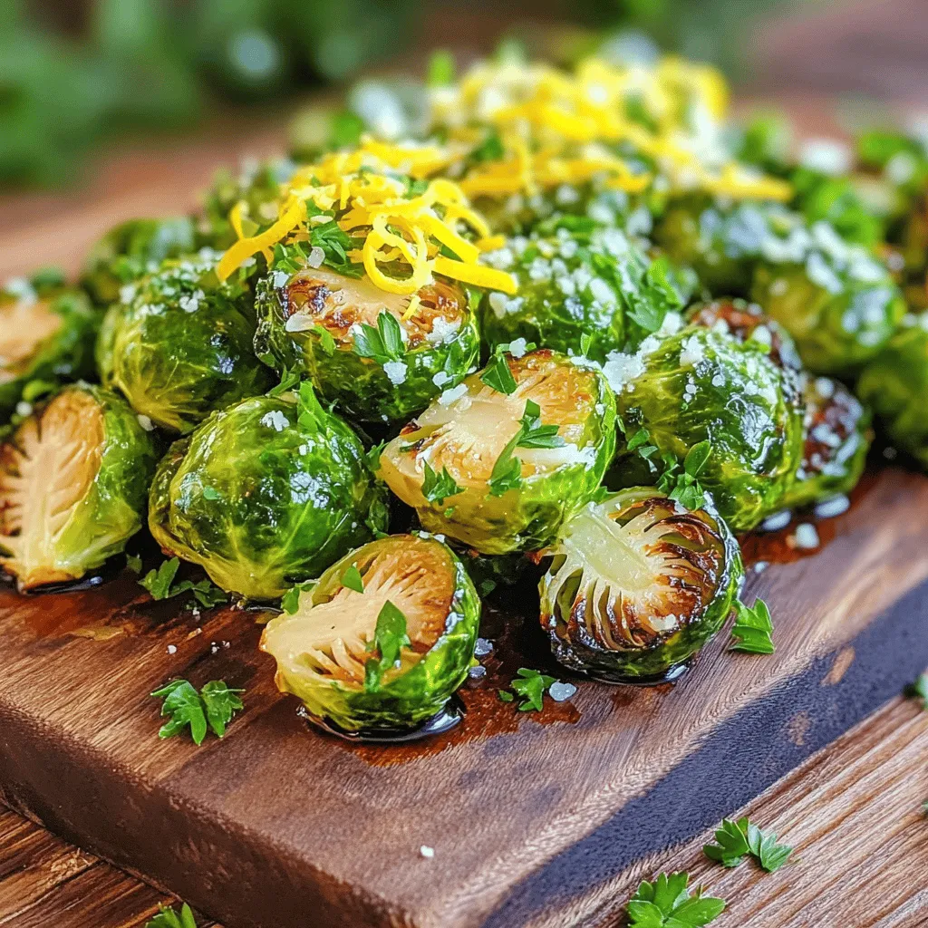 To make crispy roasted Brussels sprouts, you need some simple ingredients. Here is what you will need: - 1 lb Brussels sprouts, trimmed and halved - 3 tablespoons olive oil - 2 tablespoons balsamic vinegar - 1 teaspoon garlic powder - 1 teaspoon smoked paprika - 1/2 teaspoon red pepper flakes - Salt and pepper to taste - Zest of 1 lemon - 1/4 cup grated Parmesan cheese (optional) - Chopped fresh parsley for garnish Using fresh Brussels sprouts is key. Look for bright green sprouts with tight leaves. These will give you the best taste and texture. Olive oil adds healthy fat and helps the sprouts crisp up. Balsamic vinegar gives a nice tang, while garlic powder and smoked paprika provide rich flavor. Feel free to adjust the red pepper flakes. If you like it spicy, add more! The lemon zest brightens the dish. If you want a cheesy twist, sprinkle on Parmesan cheese just before finishing. You can find the full recipe above to guide you through the cooking process. Enjoy your crispy roasted Brussels sprouts! Start by turning your oven to 425°F (220°C). This high heat helps the Brussels sprouts get crispy. Preheating is key because it makes sure the sprouts roast evenly. Next, take 1 pound of Brussels sprouts. Trim off the ends and cut them in half. This helps them cook faster and become crispy. In a big bowl, mix the sprouts with 3 tablespoons of olive oil, 2 tablespoons of balsamic vinegar, 1 teaspoon of garlic powder, and 1 teaspoon of smoked paprika. Add 1/2 teaspoon of red pepper flakes, plus salt and pepper to taste. Toss everything well until the sprouts are coated. This mix adds flavor and helps with crispiness. Spread the Brussels sprouts in a single layer on a lined baking sheet, cut-side down. This is important for getting that nice, crispy finish. Roast them in the oven for 20 to 25 minutes. Flip them halfway through to ensure even cooking. In the last 5 minutes, sprinkle the zest of 1 lemon and 1/4 cup of grated Parmesan cheese on top, if you want a cheesy twist. The cheese will melt and turn golden. - Use a lined baking sheet to help with easy cleanup. - Make sure to spread the sprouts out. Crowding them can cause steaming instead of roasting. - Cut the sprouts in half for quicker cooking and more surface area. - Flip them halfway to get that even browning. For the full recipe, check out the details above. Enjoy your crispy roasted Brussels sprouts! The right seasoning makes all the difference. Start with salt and pepper. They enhance the sprouts' natural taste. Use garlic powder and smoked paprika for more flavor. Adjust these spices based on your taste. If your Brussels sprouts are larger, add a bit more seasoning. Smaller sprouts need less. Choosing the right oil can change the dish. Olive oil gives a nice, fruity flavor. Avocado oil works too. It has a high smoke point and a mild taste. For a richer flavor, try melted butter. Always coat the sprouts well. This helps them get crispy while roasting. Presentation is key for any dish. Serve the crispy Brussels sprouts on a colorful plate. A rustic wooden board also works well. Drizzle extra balsamic vinegar on top for a gourmet touch. Add a sprinkle of lemon zest for brightness. Garnish with fresh parsley for a pop of color. These small steps make your dish eye-catching and appetizing. For the full recipe, check the section above. {{image_2}} You can change the flavor of your crispy roasted Brussels sprouts easily. Try adding different spices. A pinch of cumin adds warmth. For a fresh touch, use thyme or rosemary. If you like heat, cayenne works well. Mix in some onion powder for depth. Experiment with your favorite herbs and spices to find what you like best. You can make this dish vegan and gluten-free. Simply skip the Parmesan cheese. Use a plant-based oil, like avocado oil. Ensure that your balsamic vinegar is gluten-free. This way, everyone can enjoy this tasty dish without worry. Feel free to swap in seasonal veggies for variety. Carrots or sweet potatoes can add color and sweetness. In the fall, try adding butternut squash. In the summer, cherry tomatoes can brighten the dish. Seasonal swaps keep your meals fresh and exciting. For the full recipe, check the earlier section. Store leftover crispy Brussels sprouts in an airtight container. Keep them in the fridge for up to three days. Make sure they cool completely before sealing them. This helps keep them fresh and tasty. To reheat Brussels sprouts, use an oven or air fryer. Preheat the oven to 350°F (175°C). Spread the sprouts on a baking sheet. Heat them for about 10-15 minutes. This method keeps them crispy. Avoid using a microwave, as it can make them soggy. You can freeze Brussels sprouts, but they may lose some crunch. First, roast them as per the full recipe. Let them cool, then place them in a freezer bag. Remove as much air as possible. They can last up to three months in the freezer. To thaw, place them in the fridge overnight. Reheat them in the oven for best results. Yes, you can make these Brussels sprouts ahead of time. Cook them fully, then cool them down. Put them in a sealed container in the fridge. When you're ready to eat, reheat them in the oven. This helps them stay crispy. You can also roast them and serve them fresh for the best taste. Brussels sprouts are done when they are golden brown and crispy. Check them after 20 minutes of roasting. If they are still soft or pale, give them more time. They should have a nice crunch when you bite into them. The outer leaves should look dark and crispy for the best flavor. You can serve crispy roasted Brussels sprouts with many dishes. They pair well with roasted meats, like chicken or pork. They also go great with grain bowls or as a side for pasta. Add a squeeze of lemon for extra flavor. You can even top them on salads for a delicious crunch. Brussels sprouts get crispy in the oven due to a few key steps. First, use high heat, like 425°F. Second, coat them in oil to help them brown. Spread them out on the baking sheet so they don't touch. This allows hot air to circulate around each sprout. Flipping them halfway through cooking also helps them crisp evenly. In this post, we explored how to make crispy roasted Brussels sprouts. We covered the ingredients you'll need and provided step-by-step instructions for perfect roasting. Tips and tricks helped you season your sprouts and suggested variations for extra flavor. We also discussed how to store leftovers and answered common questions. These roasted Brussels sprouts are fun to make and delicious to eat. Enjoy experimenting with flavors and techniques to make this dish your own.