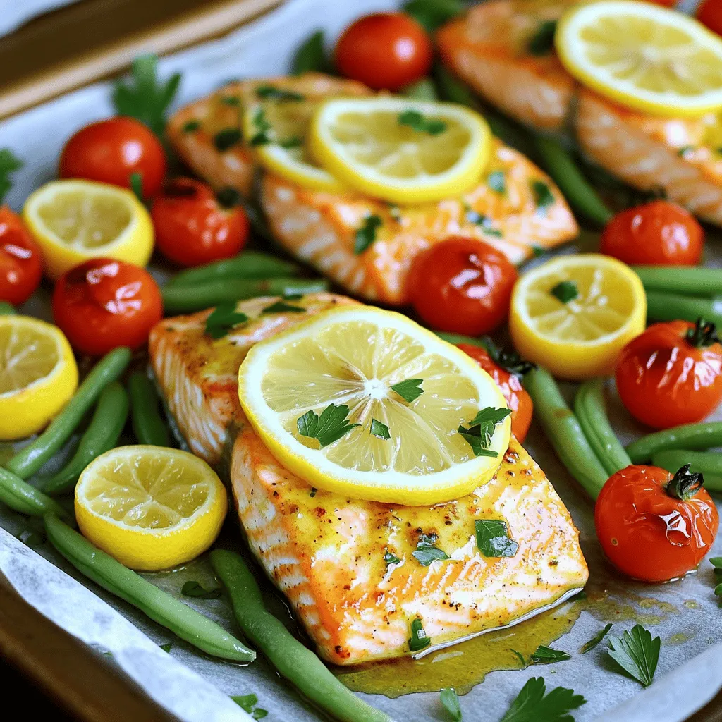 - 4 salmon fillets (about 6 oz each) - 4 tablespoons olive oil - 4 cloves garlic, minced Salmon fillets are the star here. They are rich in omega-3 fatty acids. You want them fresh for the best taste. Olive oil adds a smooth, rich flavor. It also helps with cooking. Fresh garlic gives this dish a bold kick. Mince it well to release all the flavor. - 1 teaspoon dried oregano - 1 teaspoon smoked paprika - 1 cup cherry tomatoes, halved - 1 cup green beans, trimmed Dried oregano brings a warm, earthy taste. It pairs well with salmon and vegetables. Smoked paprika adds a hint of smokiness. This balances the dish nicely. Cherry tomatoes provide sweetness and a pop of color. Green beans add crunch and freshness. Both vegetables cook perfectly alongside the salmon. - 2 lemons (1 sliced into rounds, 1 juiced) - Fresh parsley, chopped (for garnish) - Salt and pepper to taste Lemon slices on top add a zesty brightness. The juice enhances all the flavors, making it fresh. Fresh parsley is a lovely garnish. It adds a splash of green and a hint of freshness. Don't forget salt and pepper; they boost the taste. These simple ingredients make this meal both rich and vibrant. For the full recipe, make sure to check out the [Full Recipe]. First, grab a small bowl. In it, mix 4 tablespoons of olive oil, 4 minced garlic cloves, and the juice of 1 lemon. Add 1 teaspoon of dried oregano, 1 teaspoon of smoked paprika, and salt and pepper to taste. This will create a zesty marinade. Stir well to combine all the flavors. The garlic and lemon will give your salmon a fresh taste. Now, take a large baking sheet and line it with parchment paper. This helps with easy cleanup later. Place 4 salmon fillets on one side of the sheet pan. Brush them generously with the marinade. On the other side, add 1 cup of halved cherry tomatoes and 1 cup of trimmed green beans. Drizzle the leftover marinade over the veggies and toss them to coat. Finally, lay lemon slices on top of the salmon and scatter any extra slices over the vegetables. Preheat your oven to 400°F (200°C). Once it’s hot, slide the sheet pan into the oven. Bake for about 15 to 18 minutes. You’ll know it’s done when the salmon flakes easily with a fork and the veggies are tender. After baking, let it rest for a few minutes. This allows the flavors to settle. For the final touch, sprinkle with chopped fresh parsley before serving. Enjoy your meal! For the full recipe, check the details above. To achieve the right doneness, aim for salmon that flakes easily. Bake it at 400°F for 15-18 minutes. Insert a fork gently into the thickest part of the fillet. If it separates easily, it's done. The salmon should look opaque, not raw or dry. A perfect salmon fillet is moist and tender. Marinating is key to adding depth. I suggest letting the salmon sit in the marinade for at least 30 minutes. This lets the flavors soak in. You can also add spices like cumin or dill if you want. Try rosemary for a fresh twist, too. For a little heat, add red pepper flakes. These options can brighten the dish even more. Cleanup can take time, but using parchment paper helps. Line your baking sheet with it before cooking. This way, you avoid scrubbing stuck-on food later. After cooking, just toss the paper away. Also, wash your prep bowls right after use. It makes the process smoother. Less mess means more time to enjoy your meal. {{image_2}} You can switch out the salmon for other proteins. Chicken and shrimp work well too. For chicken, use boneless thighs or breasts. Cut them into even pieces and adjust the cooking time. Bake chicken for about 20-25 minutes. For shrimp, peel and devein them. Add the shrimp in the last 5-7 minutes of cooking. This keeps them juicy and tender. Mix up the veggies based on the season. In spring, use asparagus and snap peas. In summer, zucchini and bell peppers shine. Fall brings great options like Brussels sprouts and carrots. Winter is perfect for root vegetables like sweet potatoes and parsnips. Just remember to cut them into similar sizes for even cooking. Boost the taste with fresh herbs or spices. Try thyme, rosemary, or dill for a fresh twist. If you love heat, add a pinch of red pepper flakes. These little changes make a big difference. You can also add a splash of soy sauce for depth. Experiment and find your favorite combo! For more ideas, check the Full Recipe. After enjoying your delicious Sheet Pan Lemon Garlic Salmon, store any leftovers in the fridge. Place the salmon and veggies in an airtight container. This helps keep them fresh. Try to eat your leftovers within two days. The longer they sit, the less tasty they become. When it's time to eat again, you want your salmon to taste great. Preheat your oven to 350°F (175°C). Place the salmon and veggies on a baking sheet. Cover them with foil to keep them moist. Heat for about 10-15 minutes until warm. You can also use a microwave, but this may dry out the salmon. If you use the microwave, heat it for just a minute at a time. If you want to save your dish for later, freezing is a great option. Wrap the salmon tightly in plastic wrap, then place it in a freezer bag. This helps avoid freezer burn. You can freeze it for up to three months. When you're ready to cook it, thaw it overnight in the fridge. This keeps the flavor and texture nice. Bake salmon for 15 to 18 minutes at 400°F. This time cooks the fish well. It should flake easily with a fork. Check the salmon after 15 minutes to avoid overcooking. The fish is done when its color is opaque and it feels firm. Yes, you can use frozen salmon. Just remember to thaw it first. Place the salmon in the fridge overnight. If you’re short on time, use the microwave on the defrost setting. Once thawed, follow the recipe as normal. The cooking time may be a bit longer, so check the fish closely. I love serving roasted vegetables or a fresh salad with this dish. Try pairing the salmon with: - Quinoa or rice for a filling side. - Steamed broccoli or asparagus for a crunchy bite. - A simple green salad with lemon dressing for freshness. For the full details and instructions, check the [Full Recipe]. It offers all the steps you need for this tasty meal. You now have a complete guide for making Sheet Pan Lemon Garlic Salmon. Start with fresh salmon, garlic, and your choice of vegetables. Follow the easy steps to prepare and bake your dish efficiently. Use my tips for perfect texture and flavor. Feel free to explore variations and store leftovers properly. This dish is quick, tasty, and great for any meal. Enjoy your cooking journey and savor every bite!