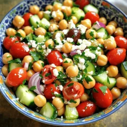 - 2 cups canned chickpeas, rinsed and drained - 1 cup cherry tomatoes, halved - 1 cucumber, diced - 1/2 red onion, finely chopped - 1/2 cup Kalamata olives, pitted and halved - 1/4 cup feta cheese, crumbled - 1/4 cup fresh parsley, chopped - 3 tablespoons olive oil - 2 tablespoons red wine vinegar (optional, can substitute with lemon juice) - 1 teaspoon dried oregano - Salt and pepper to taste The fresh ingredients in this Mediterranean Chickpea Salad create a vibrant dish. Each ingredient brings its unique flavor and texture. Chickpeas are the star of the show. They are packed with protein and fiber. They give the salad a hearty feel. Cherry tomatoes add sweetness and a burst of color. Cucumbers bring a nice crunch. The red onion adds a sharp bite, while Kalamata olives offer a rich, briny flavor. Feta cheese gives a creamy texture and salty taste. Lastly, fresh parsley adds a pop of green and brightens the dish. For the dressing, olive oil is key. It ties all the flavors together. Red wine vinegar, or lemon juice, adds tanginess. Dried oregano gives a hint of Mediterranean flair. Salt and pepper enhance all the tastes in the salad. You can find the full recipe [here]. Enjoy making this healthy and flavorful dish! - Step 1: In a large bowl, combine 2 cups of rinsed chickpeas, 1 cup of halved cherry tomatoes, 1 diced cucumber, and 1/2 finely chopped red onion. Mix them well. This blend gives your salad a fresh base. - Step 2: Add in 1/2 cup of pitted and halved Kalamata olives, along with 1/4 cup of crumbled feta cheese. The olives add a salty punch, while the feta brings in creaminess and flavor. - Step 3: In a small bowl, whisk together 3 tablespoons of olive oil, 2 tablespoons of red wine vinegar (or lemon juice if you prefer), 1 teaspoon of dried oregano, and salt and pepper to taste. This dressing will tie all the flavors together. - Step 4: Pour the dressing over the salad mixture and gently toss everything together. Ensure that all the ingredients are well coated in the dressing. This step is key for a tasty salad. - Step 5: Fold in 1/4 cup of chopped fresh parsley and let the salad sit for about 10-15 minutes. This allows the flavors to meld and develop. - Step 6: For serving, use a colorful bowl. Garnish with a few whole olives and a sprinkle of parsley on top for that enticing look. Drizzle with more olive oil if you like. Enjoy it chilled or at room temperature. For the full recipe, check out Mediterranean Chickpea Delight. Serve this salad chilled or at room temperature. This way, the flavors stay fresh. I recommend using a large, colorful bowl. It makes the dish look inviting. For garnishes, add whole olives and a sprinkle of parsley on top. This adds a nice touch. If you want to change things up, try adding different ingredients. For a vegan option, leave out the feta cheese. You could also use avocado for creaminess. If you need more protein, add grilled chicken or tofu. Extra veggies like bell peppers or carrots can boost nutrition too. To deepen the flavor, let the salad marinate for a bit. Ten to fifteen minutes is perfect. This helps all the flavors blend nicely. Adjust the seasoning to your taste. If you like it tangy, add more vinegar or lemon juice. If you want it richer, drizzle in more olive oil. For the full recipe, check out the Mediterranean Chickpea Delight. {{image_2}} You can make this salad even better by adding avocado. The creamy texture of avocado pairs well with the crunch of chickpeas. Just dice one ripe avocado and fold it into the salad. Another great idea is to include roasted vegetables. Roasting brings out sweet flavors. Try adding roasted bell peppers or zucchini for a warm twist. This adds depth and makes each bite exciting. Different spices can change the taste of your salad. Consider adding za'atar, sumac, or harissa for a unique flavor. These spices add warmth and a hint of spice that enhances the dish. You can also switch up the cheese. Feta is great, but you might like goat cheese or even halloumi. Each cheese brings its own flair, so feel free to experiment! If you're vegan, leave out the cheese and use a plant-based dressing. You can still enjoy the flavors without losing anything. For those needing gluten-free options, this salad is perfect as is. All the ingredients are naturally gluten-free. Enjoy this dish without worry! Store your Mediterranean Chickpea Salad in an airtight container. This helps keep it fresh longer. Place the salad in the fridge within two hours of making it. To avoid sogginess, keep the dressing separate until you're ready to eat. You can mix it in just before serving. You can freeze Mediterranean Chickpea Salad, but it may change in texture. To freeze, put it in a freezer-safe container. When you're ready to eat, move it to the fridge overnight to thaw. After thawing, add fresh herbs or a splash of olive oil to restore some flavor and texture. In the fridge, expect the salad to last about three to five days. Look for signs of spoilage, such as off smells or changes in color. If the salad appears mushy or watery, it’s best to toss it. Enjoy your salad while it’s fresh for the best taste! For the Full Recipe, check back to get all the details on making this tasty dish. How to make Mediterranean Chickpea Salad vegan? To make this salad vegan, simply leave out the feta cheese. You can also replace it with a vegan cheese alternative. This keeps the dish fresh and tasty without dairy. Can I use dried chickpeas instead of canned? Yes, you can use dried chickpeas. Just soak them overnight and cook until tender. This adds a nice texture to your salad. What are the health benefits of chickpeas? Chickpeas are high in protein and fiber. They help promote fullness and support digestive health. They also provide essential vitamins and minerals, like iron and magnesium. Caloric breakdown of ingredients in the salad The salad has about 200 calories per serving. Most of the calories come from chickpeas and olive oil. Here’s a quick breakdown: - Chickpeas: 120 calories - Olive oil: 120 calories - Feta cheese: 50 calories - Vegetables: 30 calories How many servings does this recipe yield? This recipe yields about 4 servings. It’s a great side dish or a light meal option. Can I double the recipe for a larger gathering? Absolutely! Doubling the recipe is easy. Just keep the ratios the same, and you’ll have enough salad for everyone. Enjoy sharing this tasty dish! This blog taught you how to make a tasty Mediterranean Chickpea Salad using fresh and easy ingredients. You learned the steps to prepare, dress, and serve this colorful dish. We also shared tips on substitutions and storage for leftovers. My final thought is this salad is not just healthy; it’s also fun to make and customize. Enjoy your cooking, and remember to have fun while experimenting with different flavors!