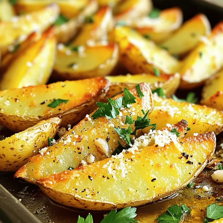 - 4 large russet potatoes - 4 tablespoons olive oil - 1 head of garlic, roasted - 1 teaspoon garlic powder - 1 teaspoon onion powder - 1 teaspoon smoked paprika - 1 teaspoon dried oregano - Salt and pepper to taste To make these wedges shine, I use russet potatoes. They are starchy and crisp up well. Scrub them clean and cut them into quarters. The garlic is key for flavor. Roasting brings out its sweet, rich taste. Wrap the garlic in foil and roast it in the oven. This makes it soft and buttery. Then, mash it up to mix with the potatoes. - ½ cup freshly grated Parmesan cheese - Fresh parsley, chopped (for garnish) Parmesan cheese adds a salty, nutty kick. I always use fresh cheese for the best taste. Sprinkle it on the wedges in the last few minutes of baking. Fresh parsley brings color and a hint of freshness. It makes the dish look and taste great. - Use a kitchen scale for precise potato sizes. - For seasonings, I recommend using measuring spoons. When measuring potatoes, look for uniform sizes. This helps them cook evenly. For seasoning, start with small amounts. You can always add more if needed. Tasting as you go is a great way to find the right balance. Check out the Full Recipe for details on making these tasty garlic Parmesan potato wedges! 1. Preheating the oven and preparing the baking sheet Start by preheating your oven to 425°F (220°C). This step is crucial for crispiness. While it heats, line a baking sheet with parchment paper. This makes clean-up easy and helps the wedges cook evenly. 2. Roasting the garlic For the roasted garlic, take a head of garlic and cut off the top. Drizzle a bit of olive oil on it. Wrap it in aluminum foil and place it in the oven. Roast for about 30 minutes, until the cloves are soft. Once cool, squeeze the soft garlic into a bowl and mash it until smooth. 3. Combining potatoes and seasoning In a large bowl, combine the quartered russet potatoes with the roasted garlic, olive oil, garlic powder, onion powder, smoked paprika, oregano, salt, and pepper. Use a spoon or your hands to mix it all together. Make sure the potatoes get an even coating of all the tasty seasonings. 4. Ensuring even coating It’s key to coat all the potatoes well. This ensures that every wedge is packed with flavor. Take your time with this step. You want each piece to shine with that roasted garlic goodness. 5. Spreading potato wedges Spread the seasoned potato wedges in a single layer on your prepared baking sheet. Make sure they have space to breathe. If they are too close, they will steam instead of crisping up. 6. Flipping for even cooking Bake the wedges for 30 to 35 minutes. About halfway through, flip them over. This helps them cook evenly and become golden brown on all sides. Following these steps helps create the perfect Roasted Garlic Parmesan Potato Wedges. For the complete recipe, check out the Full Recipe. Using fresh herbs can boost flavor. Fresh oregano adds a bright taste. Dried herbs work too but lack some zing. Try adding spices like cayenne for heat or lemon zest for a fresh twist. These small changes can elevate your dish. Choose a sturdy baking sheet. A heavy one helps with even cooking. Use parchment paper for easy cleanup. It also prevents sticking. For handling, a large spatula works great. Tongs make flipping easy too. To get crispy wedges, space them out on the baking sheet. Crowding them makes them steam and soggy. Flip them halfway through cooking for even browning. If you see any soft spots, they need more time. Keep an eye on them near the end to avoid burning. {{image_2}} You can easily change the taste of your roasted garlic parmesan potato wedges. Try using different cheeses. Cheddar adds a sharp flavor, while goat cheese gives a creamy touch. Both options will elevate your snack. If you like heat, add red pepper flakes or a splash of hot sauce. This will bring a spicy kick to your wedges. Mix and match these flavors to find your favorite combination! You can make these potato wedges vegan or dairy-free with simple swaps. Use nutritional yeast instead of parmesan cheese. This gives a cheesy flavor without dairy. For a gluten-free option, you don’t need to change anything. The ingredients are naturally gluten-free. These potato wedges pair well with many dips. Sour cream is a classic choice, but BBQ sauce adds a sweet twist. You can also serve them as a side dish or appetizer. They are great for parties or cozy nights in. Enjoy them hot for the best taste! For more details, check out the Full Recipe. To keep leftover potato wedges fresh, store them in the fridge. Place them in an airtight container. This helps to keep moisture out and maintain crispness. You can also wrap them tightly in plastic wrap. This method works well too. The wedges will stay good for about 3 to 5 days. When reheating, the oven is best for crispness. Preheat it to 350°F (175°C). Spread the wedges on a baking sheet. Heat them for about 10 to 15 minutes. This method keeps them crispy. If you use a microwave, they may turn soft. If you must use the microwave, place a paper towel under the wedges. This absorbs extra moisture. Yes, you can freeze cooked potato wedges. First, let them cool completely. Then, place them in a freezer-safe bag. Remove as much air as you can. They will last up to 2 months in the freezer. To thaw, move them to the fridge overnight. You can reheat them directly from the freezer too. Just add a few extra minutes to the baking time. For the best taste, eat them fresh whenever possible. Check out the Full Recipe for more tips! For potato wedges, I recommend using russet potatoes. They have a high starch content. This gives them a light, fluffy inside. Their skin is thick, which helps with crispiness. Yukon Gold potatoes are another good choice. They offer a buttery flavor and creamy texture. Both types hold up well when roasted. You want potatoes that can get crispy and stay fluffy inside. Roasted garlic potato wedges last about 3 to 5 days in the fridge. Make sure to store them in an airtight container. If you freeze them, they can last for up to 3 months. To tell if they are spoiled, look for mold or an off smell. If they feel slimy, it’s best to toss them. Yes, you can prepare these wedges ahead of time. You can cut and season the potatoes a few hours before cooking. Just keep them in cold water to prevent browning. For best results, bake them fresh. If you need to reheat, warm them in the oven. This keeps them crispy and tasty. Check out the Full Recipe for more details. This blog post shared how to make tasty roasted garlic potato wedges. We covered the main ingredients and toppings, plus measuring tips for accurate seasoning. I provided step-by-step instructions for preparation, cooking, and flavor enhancements. You also learned about variations for different diets and storage options. Enjoy experimenting with these potato wedges. Bring your personal touch to the recipe. Remember, cooking is about joy and creativity. Happy cooking!