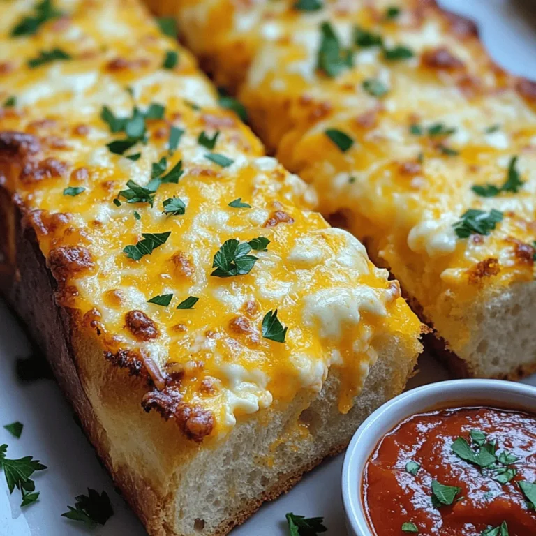 - 1 loaf of French or Italian bread - 4 tablespoons unsalted butter, softened - 3 cloves garlic, minced - 1 teaspoon dried parsley - 1 teaspoon Italian seasoning - 1 cup shredded mozzarella cheese - 1/2 cup grated Parmesan cheese - Salt and pepper to taste You can switch up the bread if you like. Sourdough or ciabatta also work well. Each offers a unique flavor and texture. For cheese, consider using cheddar or gouda. They add a nice twist to the taste. Always choose fresh garlic for the best flavor. Fresh garlic packs a punch compared to pre-minced options. When it comes to cheese, pick quality brands. The better the cheese, the richer the flavor in your garlic bread. For the full recipe, check out the Easy Cheesy Garlic Bread section. First, preheat your oven to 375°F (190°C). This step warms the oven, so the bread bakes evenly. While it heats, prepare a baking sheet. Line it with parchment paper for easy cleanup. Next, slice the loaf of bread in half lengthwise. Use a serrated knife for a clean cut. Make sure to expose the soft inside of the bread. This helps the garlic butter soak in and adds flavor. In a mixing bowl, combine the softened butter, minced garlic, dried parsley, Italian seasoning, salt, and pepper. Mix these ingredients until they blend well. This garlic butter spread is key to flavor. For even distribution, use a spatula to spread the garlic butter on the cut sides of the bread. Make sure every inch gets covered. This helps each bite be tasty and full of garlic goodness. Now, place the bread halves on the baking sheet, cut side up. Bake them in the preheated oven for about 12-15 minutes. You want the cheese to be bubbly and golden. For an extra crispy top, you can broil the bread for 2-3 minutes. Keep an eye on it, as it can burn quickly. This step adds a nice crunch and makes the bread even more delicious. Follow the [Full Recipe] for all the steps, and enjoy your Easy Cheesy Garlic Bread! To achieve a golden crust on your garlic bread, follow these steps: - Use the right oven temperature: Bake at 375°F (190°C). This heat will melt the cheese and toast the bread evenly. - Broil for a finish: After baking, broil the bread for 2-3 minutes. Stay close to watch for burning. To prevent sogginess, keep these tips in mind: - Use less butter: Spread just enough garlic butter to coat the bread lightly. - Choose the right bread: A crusty loaf, like French or Italian, helps resist sogginess. For a beautiful presentation, serve your garlic bread warm: - Garnish with fresh parsley: A sprinkle adds color and freshness. - Serve with sauce: A small bowl of marinara or pesto pairs well for dipping. Watch out for these common missteps in making garlic bread: - Too much butter: Using too much can lead to a greasy outcome. Stick to the recipe's amount. - Over-baking: Keep an eye on the time. Burning can happen fast, ruining your bread. By following these tips, you can make easy cheesy garlic bread that impresses every time. For the full recipe, check out the Easy Cheesy Garlic Bread recipe above! {{image_2}} You can boost the taste of your garlic bread easily. Adding fresh herbs, like basil or oregano, gives a nice touch. Just chop the herbs finely and mix them into your garlic butter. If you like spice, sprinkle red pepper flakes on top. This adds warmth and a little kick to the dish. Adjust the amount to your taste. You can play with cheese in this recipe. Try a blend of mozzarella, cheddar, and gouda for a rich flavor. Mixing cheeses adds depth and creaminess. For those who prefer plant-based options, vegan cheese works too. Look for a good melting vegan cheese to keep the gooey texture. Switching the bread can change your garlic bread game. Use gluten-free bread if you have dietary needs. It still tastes great with the garlic butter and cheese. If you have leftover bread, like stale baguette or ciabatta, use that too. Slice it up and enjoy a delicious garlic bread makeover. For even more ideas, check out the Full Recipe to explore all the tasty variations! To keep your garlic bread fresh, wrap it tightly in aluminum foil or plastic wrap. Place it in the fridge. This helps it stay soft and tasty. Garlic bread can last up to 3 days in the fridge. After that, it may start to dry out. If you want to freeze garlic bread, prepare it but don’t bake it. Wrap the unbaked bread in plastic wrap. Then, put it in a freezer bag. This way, it stays fresh for up to 3 months. When you’re ready to cook it, no need to thaw. Just bake from frozen at 375°F (190°C) for about 15-20 minutes. Check if the cheese is bubbly and golden. To reheat garlic bread, use the oven. Preheat it to 350°F (175°C). Place the bread on a baking sheet and heat for about 10 minutes. This helps keep the bread crispy. If you want it softer, cover it with foil. If you notice it’s still soggy, try letting it cool on a rack for a few minutes. This helps the steam escape. The best bread for garlic bread is French or Italian. These breads have a soft center and a sturdy crust. A crusty bread holds the garlic butter well. It gives a nice crunch when baked. Sourdough or ciabatta can also work. They add unique flavors and textures. Yes, you can make garlic bread ahead of time. Prepare the garlic butter mixture and spread it on the bread. Wrap the bread tightly in plastic wrap. Store it in the fridge for up to 24 hours. When ready to bake, take it out, sprinkle cheese, and bake as usual. Just remember to let it sit at room temperature for a few minutes before baking. To make garlic bread without butter, you can use olive oil. It adds a rich flavor while keeping it moist. You can also try vegan butter or a nut butter like almond. Just mix it with garlic and herbs. This way, you keep the essence of garlic bread. If your garlic bread is too soggy, you can fix it. First, bake it longer at a higher temperature. This helps the moisture evaporate. Next time, avoid adding too much butter or garlic. Use less of both to keep it dry. You can also try to toast the bread before adding the butter mix. This creates a barrier and keeps the bread crisp. This guide covers everything you need to make perfect garlic bread. We discussed the right ingredients, preparation steps, and baking tips. You learned many ways to customize your garlic bread, from using different cheeses to trying various breads. Proper storage and reheating methods help keep leftovers delicious. Keep these tips in mind, and you can avoid common mistakes. Now, you have the tools to impress everyone with your garlic bread skills! Enjoy your cooking journey and savor every bite.
