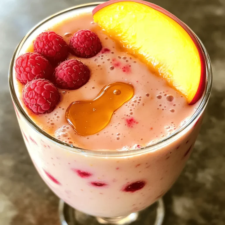 To make a Peach Melba Smoothie, you need fresh and tasty ingredients. Here’s what you should gather: - 2 ripe peaches, pitted and diced - 1 cup fresh raspberries (or frozen) - 1 banana, sliced - 1 cup Greek yogurt - 1 cup almond milk (or milk of choice) - 2 tablespoons honey or maple syrup (adjust to taste) - 1 teaspoon vanilla extract - Ice cubes (optional, for a thicker texture) Each ingredient plays a key role in creating a smooth and fruity drink. Peaches give it sweetness and a nice texture. Raspberries add a tangy kick that balances the flavors. Bananas offer creaminess and natural sweetness. Greek yogurt provides protein and makes the smoothie thick. Almond milk keeps it light and smooth. Honey or maple syrup lets you adjust the sweetness. Vanilla extract adds depth. If you like your smoothie icy, add some ice cubes. You can find the full recipe with instructions to guide you through the process. This drink is not just delicious but also refreshing and energizing, perfect for any time of the day. Start by washing your fruits well. Rinse the peaches and raspberries under cool water. Use your hands to rub off any dirt. If you use frozen raspberries, skip this step. Next, let's slice and dice the fruits. For peaches, cut them in half and remove the pit. Then, slice the peach into smaller pieces. For the banana, simply peel it and slice it into rounds. Now, it's time to blend! Add the diced peaches first. Next, follow with the raspberries and banana. This order helps everything mix well. Pour in the Greek yogurt and almond milk next. Then, add honey and vanilla extract. For a thicker smoothie, toss in a few ice cubes. Blend on high speed until smooth. Check the texture and blend longer if needed. Once blended, taste the smoothie. If you want it sweeter, add more honey or syrup. Blend again to mix it in. Pour your smoothie into chilled glasses. For a nice touch, add whole raspberries and a peach slice on the rim. Drizzle some honey on top for extra sweetness. Enjoy your refreshing Peach Melba Smoothie! 1. Over-blending or under-blending: Finding the right blend time is key. Over-blending makes the smoothie too thin. Under-blending leaves chunks. Aim for a smooth, creamy mix. 2. Choosing the right type of yogurt: Not all yogurts are equal. Greek yogurt adds creaminess and protein. Regular yogurt can make it runny, so stick to Greek for the best texture. - Swapping out fruits for different flavors: Want a twist? You can replace peaches with mango or strawberries. Each fruit brings its own taste and sweetness. Experiment until you find your favorite mix! - Adjusting thickness with ice or liquid: If your smoothie is too thin, add ice cubes. For a thinner drink, pour in more almond milk. Adjust until you get the perfect consistency. - Nutritional advantages of peaches and raspberries: Peaches are rich in vitamins A and C. They boost your skin health and immune system. Raspberries add fiber and antioxidants, helping digestion and fighting free radicals. - Benefits of Greek yogurt and almond milk: Greek yogurt is high in protein, keeping you full longer. Almond milk is low in calories and often fortified with vitamins. Together, they make a healthy, delicious base for this smoothie. For a full recipe, check the Peach Melba Smoothie section! {{image_2}} You can make this smoothie even more exciting. Adding pineapple gives a tropical twist. The sweet and tangy taste of pineapple pairs well with peaches. You can also use coconut milk instead of almond milk. It adds a creamy texture and a hint of coconut flavor. This change makes the smoothie rich and smooth. If you want a vegan option, simply substitute Greek yogurt with plant-based yogurt. This keeps the smoothie creamy while making it dairy-free. You can also change the honey. Use maple syrup or agave nectar for sweetness. Both options keep your smoothie sweet without animal products. Want to boost the nutrition? Try adding protein powder. It makes the smoothie filling and great for a post-workout snack. You can also mix in spinach or kale. These greens add vitamins and minerals without changing the taste much. They blend in smoothly and make your smoothie even healthier. For the full recipe, check the earlier section. Enjoy experimenting with these variations! Your Peach Melba smoothie stays fresh in the fridge for about 1 to 2 days. Make sure to store it in a tight container. Glass jars or BPA-free plastic bottles work great. These containers keep air out and help maintain the flavor. If you have extra smoothie, you can freeze it for later. Pour the smoothie into ice cube trays or freezer-safe bags. Leave a little space at the top, as it expands when frozen. To thaw, place the smoothie in the fridge overnight or set it on the counter for a few hours. When ready, re-blend it for a smooth texture. Enjoy your delicious Peach Melba smoothie anytime! You can find the *Full Recipe* above. Yes, you can use frozen fruits. Frozen fruits can make your smoothie cold and thick. They also save time since you don’t need to wash or cut them. Fresh fruits can taste great too, but they may require more prep work. Frozen fruits keep their nutrients well, so you won't miss out on health benefits. I often use frozen raspberries for convenience and flavor. Yes, this smoothie is great for kids! It has fruit, yogurt, and milk, which provide vitamins and minerals. Peaches and raspberries are tasty and packed with nutrients. Greek yogurt adds protein, which helps kids feel full. Just be mindful of added sweeteners like honey. You can adjust the sweetness to what your kids enjoy. You can make this smoothie more filling by adding a few things. Consider adding oats, which are high in fiber and keep you full longer. Nut butter adds healthy fats and protein. You can also add chia seeds or flaxseeds for extra nutrients. These options turn your smoothie into a meal replacement. For the full recipe, check out the Peach Melba Smoothie details above. This blog post covered how to make a delicious peach melba smoothie. We explored key ingredients, tips for preparation, blending, and serving. I shared common mistakes to avoid and ways to customize your smoothie. You learned about its health benefits and how to store it properly. This smoothie is not just tasty; it’s a great way to boost your nutrition. Enjoy making it your own, and drink to your health!