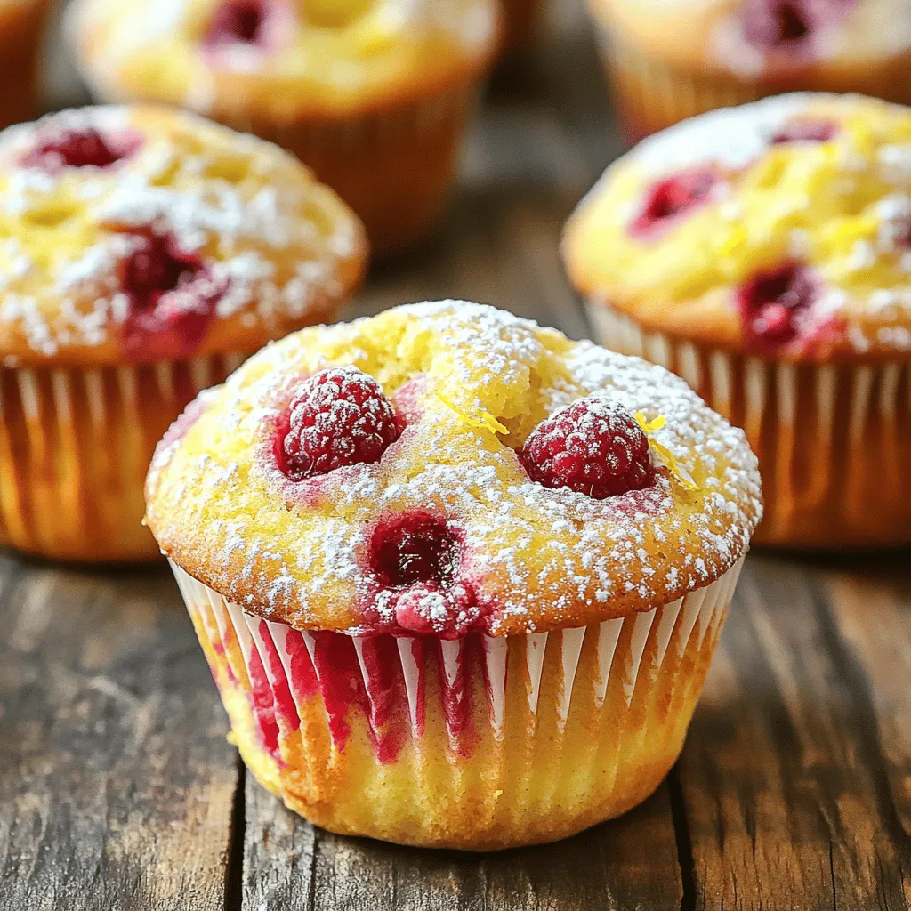 To make these tasty muffins, you need a few key ingredients: - 1 cup fresh raspberries (or frozen, thawed) - 1 cup all-purpose flour - 1/2 cup whole wheat flour - 1/2 cup granulated sugar - 1 tablespoon baking powder - 1/4 teaspoon salt These items form the base of your muffins. Fresh raspberries add a burst of flavor and vibrant color. The blend of all-purpose and whole wheat flour gives a nice texture. Sugar and baking powder help the muffins rise and sweeten them. To boost the flavor, include these ingredients: - 1/2 cup unsalted butter, melted - 2 large eggs - 1/2 cup milk - Zest of 1 lemon - 2 tablespoons lemon juice - 1 teaspoon vanilla extract Unsalted butter adds richness, while eggs provide structure. Milk keeps the muffins moist. The lemon zest and juice bring a fresh, tangy taste that pairs perfectly with raspberries. Vanilla extract rounds out the flavor. You can add these optional ingredients for extra flair: - Powdered sugar for dusting - Gluten-free substitutes Dusting with powdered sugar makes the muffins look fancy. If you want a gluten-free version, simply swap the flours with a gluten-free blend. This keeps the muffins accessible for everyone while still being delicious. For the full recipe, check out the detailed instructions above. To start, preheat your oven to 375°F (190°C). This step warms up the oven for even baking. While the oven heats, prepare your muffin tin. You can use paper liners or spray the tin with non-stick cooking spray. This helps the muffins release easily after baking. Next, let's gather all the dry ingredients. In a large bowl, mix together the all-purpose flour, whole wheat flour, granulated sugar, baking powder, and salt. Whisk these together until they are well combined. In a separate bowl, prepare the wet ingredients. Whisk together the melted butter, eggs, milk, lemon zest, lemon juice, and vanilla extract until smooth. This keeps the flavors balanced and bright. Now, it's time to combine the wet and dry mixes. Pour the wet mixture into the dry ingredients. Stir gently until just combined. Remember, don’t overmix! A few lumps are okay. Now, gently fold in the fresh raspberries. This helps keep them whole, adding bursts of flavor throughout the muffins. Spoon the batter into the prepared muffin tin, filling each cup about two-thirds full. Bake the muffins in your preheated oven for 18-20 minutes. They are ready when a toothpick inserted in the center comes out clean. After baking, let the muffins cool in the tin for about five minutes. Transfer them to a wire rack to cool completely. This step ensures the perfect texture for enjoying later. For the full recipe, refer to the earlier section. To get the best muffin texture, do not overmix the batter. Overmixing can make muffins tough. Mix just until the ingredients come together. You want some lumps; they help keep the muffins light. Also, use room temperature ingredients. Cold eggs or butter can lead to uneven mixing and baking. Let them sit out for a bit before you start. To enhance flavor, try adding spices like cinnamon or nutmeg. A hint of cardamom can also elevate the taste. You can also use different extracts. Almond extract can give a nice twist. For sweetness, consider using brown sugar instead of white. It adds a deeper flavor that works well with lemon and raspberry. To ensure your muffins bake evenly, use an oven thermometer. Ovens can be off by quite a bit. A thermometer helps you know if your oven is the right temperature. Also, place the muffin tin in the center of the oven. This allows hot air to circulate around the muffins, helping them rise evenly. {{image_2}} To make these muffins gluten-free, you can use a gluten-free flour blend. Look for blends that contain xanthan gum for the best results. You can also use almond flour or coconut flour, but adjust the amount, as these flours absorb more liquid. Baking times may change. Start checking for doneness around 15 minutes. For a vegan twist, replace the eggs with flaxseed meal or chia seeds. Mix one tablespoon of flaxseed meal or chia seeds with three tablespoons of water. Let it sit until it thickens. Use almond milk, coconut milk, or oat milk in place of dairy milk. These options will keep the muffins moist and tasty. You can add more flavor by mixing in other fruits like blueberries or strawberries. They pair well with the lemon and raspberry. Chopped nuts, like walnuts or pecans, add crunch. You might also enjoy adding chocolate chips for a sweet surprise. Each option brings its own fun twist to the muffins. For the full recipe, check out the detailed instructions on making these delicious muffins. To keep your muffins fresh, store them in an airtight container. You can use a plastic bag or a sealed jar. This helps to trap moisture and keep them soft. If you want to store them for longer, let them cool completely before sealing. It's best to keep muffins at room temperature. Freezing muffins is easy. First, place them in a single layer on a baking sheet. This prevents them from sticking together. Freeze them for about two hours. Once frozen, transfer them to a zip-top bag. Remove as much air as possible before sealing. To reheat, take a muffin out and let it thaw. You can warm it in the microwave for 15-20 seconds or bake it at 350°F for 10 minutes. At room temperature, muffins last about three days. They stay fresh longer in the fridge, up to a week. Look for signs like dry edges or a sour smell to check for spoilage. If they feel hard or crumbly, it's time to toss them. Enjoy your Raspberry Lemon Muffins fresh for the best taste! For the full recipe, check out the instructions above. To make these muffins healthier, you can use less sugar. Try cutting the sugar in half or using a sugar substitute. You can also replace some melted butter with unsweetened applesauce. This swap keeps the muffins moist while lowering fat content. Another option is to use low-fat milk or a non-dairy milk. Whole grain flour can add fiber too. Yes, you can use frozen raspberries! Just make sure to thaw them first. Thawing ensures they mix well into the batter. Drain any excess liquid to avoid soggy muffins. Frozen raspberries may be softer, so handle them gently to keep them whole. Fresh raspberries have a firmer texture, but both will taste great. If you need an egg substitute, there are many options. You can use 1/4 cup unsweetened applesauce for each egg. Mashed banana is another choice, but it may change the flavor. Flaxseed meal works well too. Mix one tablespoon of flaxseed with three tablespoons of water and let it sit until thick. Each of these options keeps your muffins moist and tasty! To help your muffins rise, make sure your baking powder is fresh. Old baking powder won’t work well. Mix the dry and wet ingredients quickly but gently. Overmixing can make muffins dense. Fill each muffin cup about two-thirds full. This allows room for rising. Lastly, bake them in a preheated oven for the best results. Raspberry lemon muffins are a delicious treat you can enjoy anytime. We explored essential ingredients, step-by-step baking instructions, and helpful tips. I shared ways to enhance flavor and variations for gluten-free or vegan options. With proper storage techniques, your muffins can stay fresh longer. Use these insights to create tasty muffins that suit your taste. Enjoy baking these delightful treats, and remember, practice makes perfect! Your next batch might just be your best yet.