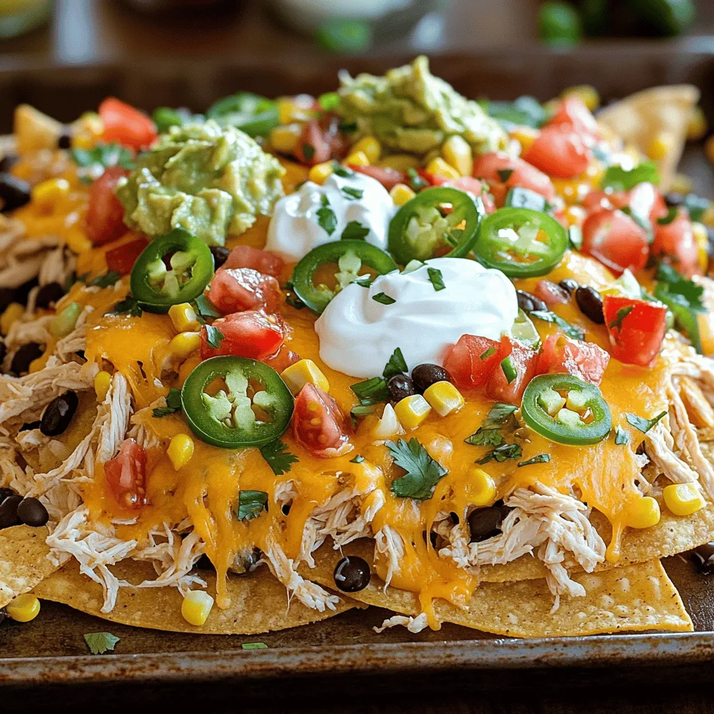 Loaded chicken nachos are a fun and tasty meal. They combine crispy chips with savory chicken and cheese. This dish is perfect for sharing or enjoying solo. You can serve it as a snack or a main dish. - 2 cups tortilla chips - 1 cup cooked chicken, shredded (grilled or rotisserie) - 1 cup shredded cheddar cheese - 1 cup black beans, rinsed and drained - 1/2 cup corn (canned or frozen) - 1 jalapeño, sliced (optional) - 1/2 cup diced tomatoes - 1/4 cup chopped green onions - 1/4 cup sour cream - 1/4 cup guacamole - 1/4 cup salsa - 1 teaspoon taco seasoning - Olive oil for drizzling You can add many toppings to make your nachos even better. Some tasty options include: - Fresh cilantro for a burst of flavor - Sliced olives for a salty kick - Jalapeños for extra heat - Sliced avocados for creaminess - Lime wedges for a zesty finish Feel free to mix and match to find your perfect nacho topping! For the full recipe, check out Loaded Chicken Nachos . First, gather all your ingredients. You will need tortilla chips, cooked chicken, and cheese. The other ingredients are black beans, corn, jalapeños, tomatoes, green onions, sour cream, guacamole, salsa, and taco seasoning. 1. Preheat your oven to 350°F (175°C). This step helps the cheese melt nicely. 2. Spread the tortilla chips on a large baking sheet. Make sure they are in a single layer. 3. In a bowl, mix the shredded chicken with taco seasoning. This gives the chicken a tasty kick. 4. Scatter the seasoned chicken evenly over the chips. This ensures every bite has flavor. 5. Next, add the black beans and corn over the chips and chicken. They add texture and taste. 6. Sprinkle the shredded cheddar cheese on top. Cover all the ingredients well. 7. Now, add sliced jalapeños, diced tomatoes, and green onions. They bring freshness and color to your dish. 8. Drizzle a bit of olive oil over everything. This helps the nachos get crispy when baked. 1. Bake in the oven for about 10-15 minutes. Watch for the cheese to melt and bubble. 2. Once done, carefully remove the tray from the oven. Let the nachos cool slightly to avoid burns. 3. Top with dollops of sour cream, guacamole, and salsa as you like. These add creaminess and flavor. To present your nachos, you can serve them right on the baking sheet. This gives a fun, rustic look. Or, you can use a decorative platter for a nicer touch. For dipping, add extra bowls of guacamole, salsa, and sour cream on the side. This way, everyone can enjoy their own toppings. Enjoy your loaded chicken nachos! For the full recipe, check out the section above. To get the best crispy nachos, start with quality tortilla chips. Use thick, sturdy chips. Thin chips will get soggy quickly. Spread the chips in one layer on a baking sheet. Overlapping them creates steam, which makes them soft. Drizzle olive oil lightly on top for extra crispness. Keeping nachos warm can be tricky. Use a low oven setting, around 200°F (93°C). After baking, leave the nachos in the oven while you prepare dips. Cover them lightly with foil to hold in heat. If you serve them at a party, use a warming tray. This keeps the nachos warm and crispy for longer. Gather your tools before cooking. A large baking sheet helps spread the chips evenly. Use a mixing bowl for seasoning the chicken. A good knife is key for chopping veggies like jalapeños and green onions. Consider using a cheese grater for fresh cheese. Pre-grated cheese does not melt as smoothly. You can find the Full Recipe to guide you through the process. {{image_2}} Loaded chicken nachos are great, but there are many fun ways to switch things up. Here are a few tasty variations you can try. For a meatless option, swap the chicken for tasty veggies. Use the same tortilla chips, cheese, and toppings, but add things like bell peppers, zucchini, or mushrooms. You can also add more beans for extra protein. Black beans or pinto beans work well. This way, you still have a filling dish that everyone can enjoy. If you love BBQ sauce, this one is for you. Instead of taco seasoning, mix shredded chicken with your favorite BBQ sauce. It gives a sweet and smoky flavor. Layer the BBQ chicken on your chips, then add cheddar cheese, jalapeños, and red onions. Bake it the same way as the original recipe. You’ll love the rich taste. Want to kick up the heat? Add spicy toppings like sliced jalapeños or diced serrano peppers. You can also use spicy cheese or a spicy salsa. Mix in some diced green chilies or hot sauce into your chicken for an extra kick. Make sure you balance the spice with creamy toppings like sour cream and guacamole. They cool down the heat and make every bite enjoyable. These variations keep loaded nachos fun and exciting. You can easily customize them for everyone’s taste. Just remember to check out the full recipe for the base ingredients! To store leftover loaded chicken nachos, place them in an airtight container. Make sure to cover the nachos well. This helps keep them fresh for up to two days. Avoid stacking them too high, as this can make them soggy. If you have extra toppings like sour cream or guacamole, store them separately. When you're ready to eat the leftovers, preheat your oven to 350°F (175°C). Spread the nachos out on a baking sheet. This helps them crisp up nicely. Heat for about 10 minutes or until they are warm. You can also microwave them, but they may get soggy. If you use the microwave, heat in short bursts and check often. Freezing loaded nachos is not the best option. The chips can become soft and lose their crunch. If you must freeze them, try to freeze the chicken and toppings separately. When you're ready to eat, bake the chips fresh and add the toppings. This way, you can enjoy that crispy texture again! Yes, you can prepare Loaded Chicken Nachos ahead of time. Start by cooking the chicken and mixing it with taco seasoning. You can also chop the veggies and gather all toppings. Store these items in the fridge. When you are ready to bake, layer the chips, chicken, and toppings on a baking sheet. Bake as directed in the Full Recipe. This method helps save time and makes for a quick dinner. Loaded Chicken Nachos pair well with many sides. Here are some great options: - Fresh salsa - Guacamole - Refried beans - Mexican rice - A simple green salad These sides add flavor and balance to your meal. They also help satisfy everyone at the table. Making Loaded Chicken Nachos dairy-free is easy. First, skip the cheddar cheese. Instead, try using dairy-free cheese or a cashew cheese sauce. You can also add more fresh toppings, like avocado or a vegan sour cream. This way, you keep all the great flavors while making it suitable for dairy-free diets. Enjoy your delicious nachos without worry! Loaded nachos are fun to make and enjoy. We discussed ingredients, step-by-step instructions, and helpful tips. You learned how to create variations and store your leftovers. In the end, nachos are versatile and can fit any taste. I hope you enjoy making your own loaded nachos at home. You can impress friends and family with your skills. Happy cooking!