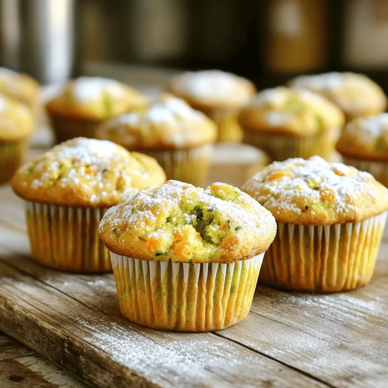 - 1 cup grated zucchini (about 1 medium zucchini) - 1 cup grated carrot (about 2 medium carrots) - 1 ½ cups all-purpose flour - 1 teaspoon baking powder - ½ teaspoon baking soda - ½ teaspoon salt - 1 teaspoon cinnamon - ½ teaspoon nutmeg (optional) - ¾ cup brown sugar - ½ cup granulated sugar - 2 large eggs - ⅓ cup vegetable oil - 1 teaspoon vanilla extract - ½ cup crushed walnuts or pecans (optional) The ingredients in zucchini carrot muffins create a tasty blend. Fresh zucchini adds moisture and a subtle green flavor. Carrots bring sweetness and color, making each bite vibrant. Flour and leavening agents, like baking powder and soda, give structure. They help the muffins rise and become fluffy. Sugars add sweetness, balancing the earthy flavors of the veggies. I prefer a mix of brown and granulated sugar for depth. Eggs and oil keep the muffins moist. They also bind everything together. You can use vegetable oil or even applesauce for a lighter option. If you want a crunchy twist, add walnuts or pecans. - Each muffin has about 150 calories. - They contain 2 grams of fiber. - Rich in vitamins A and C, these muffins support your health. Zucchini carrot muffins pack a nutrient punch. The fiber helps your digestion while vitamins boost your immune system. This makes them a smart choice for a snack. - Zucchini is low in calories and high in water. It helps keep you hydrated. - Carrots are great for your eyes. They contain beta-carotene, which improves vision. - Overall, these muffins are a wholesome treat. They satisfy your sweet tooth while offering nutrients. Each bite of these muffins can support a healthy lifestyle. You can enjoy them guilt-free, knowing you're fueling your body well. For the full recipe, check out the details. First, let’s prep the zucchini and carrots. Grate one medium zucchini and two medium carrots. Place them in a clean kitchen towel. Squeeze out the extra moisture. This step keeps the muffins from getting soggy. Next, mix your dry ingredients. In a bowl, whisk together 1 ½ cups of all-purpose flour, 1 teaspoon of baking powder, ½ teaspoon of baking soda, ½ teaspoon of salt, and 1 teaspoon of cinnamon. If you like, add ½ teaspoon of nutmeg for a warm flavor. Set this bowl aside. Now, let’s combine the wet ingredients. In a large bowl, whisk together ¾ cup of brown sugar, ½ cup of granulated sugar, and 2 large eggs. Mix until it’s smooth. Then, stir in ⅓ cup of vegetable oil and 1 teaspoon of vanilla extract. Now it's time to fill the muffin tins. Line your muffin tin with paper liners or lightly grease it. Divide the batter evenly among the cups, filling each about ¾ full. This allows space for rising. Set your oven to bake at 350°F (175°C). Place the muffin tin in the oven. Bake for 18 to 22 minutes. To check for doneness, insert a toothpick in the center of a muffin. If it comes out clean, your muffins are done! Once baked, let the muffins cool in the tin for 5 minutes. Then, transfer them to a wire rack to cool completely. This step helps them stay fluffy. For serving, enjoy these muffins warm. You can dust them with powdered sugar or serve them with cream cheese frosting. To make them look special, arrange them on a beautiful plate. Your guests will love this zesty treat! For the complete recipe, check the Full Recipe section. - Overmixing the batter: This makes muffins tough. Mix just until combined. - Not draining excess moisture: Zucchini and carrots hold water. Squeeze them dry before mixing. - Incorrect baking time: Keep an eye on time. Bake until a toothpick comes out clean. - Substitutions for healthier options: Use whole wheat flour or coconut sugar for a healthier twist. - Flavor variations: Add a pinch of ginger or a splash of almond extract to wake up the taste. - Adding nuts or chocolate chips: Walnuts or chocolate chips give added crunch and sweetness. - Best storage practices for muffins: Store in an airtight container to keep them fresh. - How to keep them fresh longer: Place a slice of bread in the container to absorb moisture. - Reheating muffins without losing moisture: Microwave for a few seconds or warm in the oven. For the full recipe, check out the section on Zesty Zucchini Carrot Muffins. Enjoy your baking! {{image_2}} You can make gluten-free zucchini carrot muffins by using gluten-free flour. This flour mix often needs a little more liquid. Adjust the liquid in your recipe so it stays moist. Try using almond milk or apple sauce as a substitute. To make these muffins vegan, swap out the eggs and dairy. You can use flaxseed meal or applesauce as an egg replacement. Make sure the mixture binds well. This will help keep the muffins from falling apart. Get creative with flavor by adding fruits like apples or pineapple. These will add natural sweetness and moisture. You can also mix in spices like ginger or cloves. They add warmth and depth to the muffins. If you want a twist, try adding a dash of lemon zest for a fresh taste. Enjoy experimenting with different flavors! To check if your muffins are ready, use the toothpick test. Insert a toothpick into the center of a muffin. If it comes out clean, your muffins are done. If it has wet batter on it, bake them a bit longer. You can also look for visual cues. The tops should be golden brown. The muffins should spring back when you lightly press them. If they look too soft or wet, give them a few more minutes. Yes, you can freeze zucchini carrot muffins. To freeze them, let the muffins cool completely. Then, wrap each muffin in plastic wrap. Place them in a freezer bag or container. This keeps them fresh. When you're ready to eat, thaw them at room temperature. You can also reheat them in the microwave or oven. For the oven, set it to 350°F and heat for about 10 minutes. Zucchini carrot muffins make a great breakfast. Pair them with a side of yogurt or fresh fruit. You can also add a scoop of nut butter for extra flavor. For snacks, they go well with tea or coffee. You can serve them with cream cheese or a light spread of butter. Enjoy them warm for the best taste. This recipe is a fun and tasty way to enjoy veggies in a muffin. You get the sweetness from carrots and the moisture from zucchini, making these muffins soft and delightful. They are great for breakfast or as a snack. You can easily bake a batch and share them with friends and family. For the complete recipe details, check the [Full Recipe]. Zucchini carrot muffins are a tasty and healthy treat. We explored the key ingredients like zucchini, carrots, and flour. You learned how to prepare, bake, and serve these muffins well. I shared tips to enhance flavor and avoid mistakes. Remember, there are great gluten-free and vegan options too. These muffins can be nutritious snacks for everyone. Enjoy your baking and share these with family and friends!