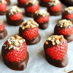 To make chocolate covered strawberry bites, start with fresh strawberries. I like to use one pound of ripe berries. Choose strawberries that are firm, bright, and without blemishes. Make sure to wash them gently and hull them to remove the green tops. Dry them well, as any water can make the chocolate clump. Next, you need chocolate. You can use dark, milk, or white chocolate. For this recipe, I often use eight ounces of dark chocolate chips. Dark chocolate gives a strong flavor, but milk chocolate is sweeter. White chocolate is creamy and adds a nice contrast. The choice is yours, and each type works great! Now for the fun part—toppings! You can be creative here. I suggest crushed nuts, shredded coconut, or a sprinkle of sea salt. For this recipe, you can use 1/4 cup of crushed nuts like almonds or hazelnuts. Shredded coconut adds texture, while a light touch of sea salt enhances the sweetness. Mix and match to find your favorite combination! For the full recipe, check out the details above. Start with fresh strawberries. Choose ripe, firm ones for the best taste. Wash them gently under cold water. After washing, dry them well. Any water can make the chocolate clump or seize. Pull off the green tops, called hulls. This makes it easier to hold them while dipping. Next, we melt the chocolate. Use a microwave-safe bowl. Add the 8 ounces of dark chocolate chips and 2 tablespoons of coconut oil. Heat this mix in the microwave for 30 seconds. Stir after each interval until smooth. Be careful not to overheat it. If the chocolate gets too hot, it won’t coat the strawberries well. Now, it's time to dip! Hold each strawberry by the stem. Dip it into the melted chocolate, covering about two-thirds of it. Let the extra chocolate drip off. Quickly add your toppings like crushed nuts or shredded coconut. Do this while the chocolate is still soft. Place the dipped strawberries on a parchment-lined baking sheet. Repeat until all strawberries are coated. Lastly, chill them in the fridge for about 30 minutes. This helps the chocolate set. Enjoy your tasty treats once they are ready! For more details, check the Full Recipe. Pick ripe strawberries for the best taste. Look for bright red berries. They should feel firm and have a fresh scent. Avoid berries with dark spots or soft patches. If you can, buy them from a local market. They tend to be fresher and sweeter. Wash them gently and dry them well. Water on the strawberries can cause the chocolate to clump. Chocolate can seize if it comes into contact with water. To prevent this, make sure your bowl and utensils are dry. When melting chocolate, use a microwave. Heat it in short bursts of 30 seconds. Stir it after each round. This helps the chocolate melt evenly and smoothly. Adding a bit of coconut oil helps too. It keeps the chocolate shiny and fluid. Once your strawberries are dipped, act fast! Sprinkle your toppings right away. If you wait too long, the chocolate will harden, and the toppings won’t stick. Use crushed nuts or shredded coconut for texture. You can even add a pinch of sea salt for a salty-sweet mix. This adds a fun crunch and a burst of flavor. For the full recipe, check out the detailed steps above. {{image_2}} To make these bites vegan, swap dark chocolate for dairy-free chocolate chips. Look for brands that use coconut or almond milk instead of dairy. You can also use a homemade chocolate made from cocoa powder, coconut oil, and maple syrup. This option keeps the flavor rich while being vegan-friendly. All the ingredients in this recipe are naturally gluten-free. Make sure to check that your chocolate chips and any toppings, like nuts or coconut, are certified gluten-free. This way, you can enjoy the bites without worry. You can add fun flavors to your chocolate-covered strawberry bites. Try mixing in a drop of vanilla extract or almond extract to the melted chocolate. For a spicy twist, add a pinch of cinnamon or cayenne pepper to the chocolate. These small changes can make a big difference in taste! If you want to try these variations, check out the Full Recipe for the base instructions. To keep your chocolate covered strawberry bites fresh, store them in an airtight container. Line the bottom with parchment paper to prevent sticking. Avoid adding warm strawberries to the container, as this can cause moisture. Always keep them in the refrigerator. This helps the chocolate stay firm and tasty. Chocolate covered strawberries last about 2 to 3 days in the fridge. After that, they can lose their crunch and freshness. Always check for any signs of spoilage before eating. If you notice any mold or an off smell, it’s best to discard them. You can freeze chocolate covered strawberries for longer storage. Place them on a baking sheet and freeze until solid. Then, transfer them to a freezer-safe bag. They last about 2 months in the freezer. To enjoy, thaw them in the fridge for a few hours before eating. This keeps the chocolate nice and smooth. For the full recipe, check earlier in this article. To make chocolate covered strawberries, start with fresh berries. Wash and dry them well. Melt dark chocolate chips and coconut oil together in a bowl. Dip each strawberry into the melted chocolate, covering about two-thirds. Let excess chocolate drip off. Quickly sprinkle your favorite toppings on the chocolate. Place the dipped strawberries on a baking sheet lined with parchment paper. Chill them in the fridge until the chocolate hardens. You can find the full recipe above for detailed steps. Dark chocolate works best for coating strawberries. It melts smoothly and tastes rich. You can also use milk or white chocolate if you prefer a sweeter flavor. Just make sure to choose good quality chocolate for the best results. Yes, you can buy pre-made chocolate covered strawberries at many grocery stores. They are often found in the bakery section or the dessert aisle. However, making them at home is easy and allows you to customize toppings. Plus, nothing beats the taste of fresh, homemade treats! You learned about making chocolate-covered strawberries from selecting fresh fruit to storing them. We covered chocolate types, optional toppings, and flavor twists. Following my tips will help you avoid common mistakes and perfect your treats. Remember, you can use vegan or gluten-free options too. Enjoy experimenting with different flavors and toppings. These delicious bites are perfect for gifts or parties. Happy dipping!