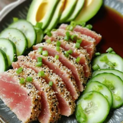 - 2 Ahi tuna steaks (about 6 oz each) - 1/4 cup sesame seeds (a mix of white and black) - 2 tablespoons soy sauce (low sodium) - 1 tablespoon sesame oil - 1 tablespoon olive oil - 1 teaspoon fresh ginger, grated - 2 green onions, chopped - 1 avocado, sliced - 1 cucumber, thinly sliced - Sea salt and black pepper to taste You can switch the Ahi tuna for other fish like salmon or swordfish. If you need a gluten-free option, use tamari instead of soy sauce. For the fresh ingredients, try using radishes instead of cucumbers. Fresh herbs like cilantro can also add a nice touch. Using fresh ingredients is key for this dish. Fresh fish tastes better and has more nutrients. When you use seasonal produce, you get the best flavor and quality. Fresh ingredients really lift the dish and make it shine. How to marinate the tuna To start, make the marinade. In a small bowl, whisk together soy sauce, sesame oil, grated ginger, and a pinch of black pepper. This mix adds flavor to the tuna. Place the Ahi tuna steaks in a shallow dish. Pour the marinade over them and cover. Let them sit for 15-20 minutes. This lets the tuna soak up the flavors well. The process of preparing the sesame coating While the tuna marinates, prepare the sesame coating. On a plate, combine white and black sesame seeds. This colorful mix will create a beautiful crust. Make sure to have enough seeds to coat both sides of the tuna steaks evenly. This step is key for that crunchy texture. Searing the tuna for the perfect doneness Heat a non-stick skillet over medium-high heat. Add olive oil once hot. Carefully place the coated tuna steaks in the skillet. Sear each side for 1-2 minutes. For rare, the center should stay pink. Keep an eye on them for the best results. Resting and slicing the tuna After searing, remove the tuna from the skillet. Let it rest for a minute. This helps keep the juices inside. Once rested, slice the tuna against the grain into thin pieces. This makes each bite tender and easy to eat. Best practices for presenting the dish Arrange the thin slices of tuna on a plate. Fan them out for a lovely look. Surround the tuna with avocado and cucumber slices. This adds color and freshness to the dish. Suggestions for garnishing Top the tuna with chopped green onions for a nice crunch. You can drizzle some leftover soy sauce for extra flavor. A sprinkle of sea salt may also enhance the taste. Enjoy your sesame-crusted Ahi tuna as a beautiful meal! For the full recipe, check out the details above. Use a non-stick skillet for easy searing. A cast-iron skillet is also great. Heat the skillet over medium-high heat before adding oil. This helps the tuna crust stay crispy. Aim for rare doneness; the center should stay pink. Sear each side for just 1-2 minutes. Marinate the tuna for at least 15-20 minutes. This allows the flavors to soak in well. Avoid marinating for too long, or the fish may get mushy. If you need to marinate longer, keep it under 30 minutes. Pair your sesame-crusted Ahi tuna with sides like avocado and cucumber. These fresh veggies balance the dish well. For sauces, try extra soy sauce or wasabi for a spicy kick. You can also serve it with a light salad for a refreshing touch. Enjoy it all together for a great meal! {{image_2}} You can change the seeds in your crust for more flavor. Try using pumpkin seeds or flaxseeds. Each will give a unique taste and crunch to your tuna. You can also switch up the marinade. Instead of soy sauce, use teriyaki for a sweeter touch. A bit of lime juice can add a nice zing too. You can grill the tuna for a smoky flavor. Brush the steaks with olive oil first. Just be careful not to overcook them. Pan-searing is quick and gives a nice crust. If you want a healthier option, try baking the tuna. Bake at 375°F for about 10 minutes. This keeps the fish moist and tender. For a fresh side, consider a mixed salad with greens and herbs. Add cherry tomatoes for sweetness. You can also serve the tuna with grains. Quinoa or brown rice works well. Both add a hearty base and absorb the flavors of the dish. For a light touch, serve with steamed broccoli or asparagus. These veggies make a great contrast to the rich tuna. Enjoy exploring these variations in your cooking! To store your sesame-crusted Ahi tuna, first, let it cool. Place it in an airtight container. This keeps it fresh and helps prevent drying. Store it in the fridge. Make sure to eat it within two days for the best taste. If you need to store it longer, freezing is a better option. When you reheat Ahi tuna, do it gently. I recommend using a skillet over low heat. This keeps the fish moist and tasty. You can also use a microwave, but use low power. Avoid cooking it too long, or it will dry out. Do not use high heat or the oven, as it will ruin the texture. To freeze cooked Ahi tuna, wrap it tightly in plastic wrap. Then, place it in a freezer-safe bag. This helps prevent freezer burn. It can last up to three months in the freezer. When ready to use it, thaw it in the fridge overnight. You can then slice it and add it to salads or bowls. Can I cook Ahi tuna from frozen? Yes, you can cook Ahi tuna from frozen. However, it’s best to thaw it first. Place the fish in the fridge overnight for safe thawing. For a quicker method, seal the tuna in a bag and submerge it in cold water for about an hour. This way, you keep the texture and flavor intact. What is the best way to know if tuna is done? To check if your tuna is done, use a fork to gently flake the fish. The center should remain pink for rare. If you prefer it cooked more, aim for a slight pink hue. Remember, overcooking can dry out the fish, so keep a close eye on it. Can I prepare the sesame-crusted tuna in advance? Yes, you can prepare the sesame-crusted tuna in advance. You can marinate the tuna for up to an hour before cooking. However, avoid coating the fish in sesame seeds until just before cooking. This keeps the coating fresh and crisp. How spicy is the dish with the suggested sauces? The dish is not very spicy with the suggested sauces. The soy sauce adds flavor without heat. If you want more spice, add wasabi or chili sauce on the side. Adjust to your taste for a better experience. Is Ahi tuna sustainable to eat? Yes, Ahi tuna can be sustainable to eat, but it depends on the source. Look for tuna that is certified by organizations like the Marine Stewardship Council. This ensures responsible fishing methods and helps protect fish populations. What are the health benefits of consuming tuna? Consuming tuna offers many health benefits. It’s high in protein, low in calories, and rich in omega-3 fatty acids. These fats support heart health and brain function. Plus, tuna provides vitamins and minerals like B12, selenium, and potassium, which are great for your overall health. This blog post covered all you need to know about making sesame-crusted Ahi tuna. We explored the ingredients, including fresh fish and useful substitutes. You learned step-by-step cooking methods and tips for perfect results. We also discussed variations and how to store your leftovers. Enjoying fresh ingredients is key for taste and health. With these insights, your cooking can be fun and flavorful. Now, you can create a dish that impresses everyone!