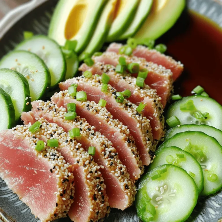 - 2 Ahi tuna steaks (about 6 oz each) - 1/4 cup sesame seeds (a mix of white and black) - 2 tablespoons soy sauce (low sodium) - 1 tablespoon sesame oil - 1 tablespoon olive oil - 1 teaspoon fresh ginger, grated - 2 green onions, chopped - 1 avocado, sliced - 1 cucumber, thinly sliced - Sea salt and black pepper to taste You can switch the Ahi tuna for other fish like salmon or swordfish. If you need a gluten-free option, use tamari instead of soy sauce. For the fresh ingredients, try using radishes instead of cucumbers. Fresh herbs like cilantro can also add a nice touch. Using fresh ingredients is key for this dish. Fresh fish tastes better and has more nutrients. When you use seasonal produce, you get the best flavor and quality. Fresh ingredients really lift the dish and make it shine. How to marinate the tuna To start, make the marinade. In a small bowl, whisk together soy sauce, sesame oil, grated ginger, and a pinch of black pepper. This mix adds flavor to the tuna. Place the Ahi tuna steaks in a shallow dish. Pour the marinade over them and cover. Let them sit for 15-20 minutes. This lets the tuna soak up the flavors well. The process of preparing the sesame coating While the tuna marinates, prepare the sesame coating. On a plate, combine white and black sesame seeds. This colorful mix will create a beautiful crust. Make sure to have enough seeds to coat both sides of the tuna steaks evenly. This step is key for that crunchy texture. Searing the tuna for the perfect doneness Heat a non-stick skillet over medium-high heat. Add olive oil once hot. Carefully place the coated tuna steaks in the skillet. Sear each side for 1-2 minutes. For rare, the center should stay pink. Keep an eye on them for the best results. Resting and slicing the tuna After searing, remove the tuna from the skillet. Let it rest for a minute. This helps keep the juices inside. Once rested, slice the tuna against the grain into thin pieces. This makes each bite tender and easy to eat. Best practices for presenting the dish Arrange the thin slices of tuna on a plate. Fan them out for a lovely look. Surround the tuna with avocado and cucumber slices. This adds color and freshness to the dish. Suggestions for garnishing Top the tuna with chopped green onions for a nice crunch. You can drizzle some leftover soy sauce for extra flavor. A sprinkle of sea salt may also enhance the taste. Enjoy your sesame-crusted Ahi tuna as a beautiful meal! For the full recipe, check out the details above. Use a non-stick skillet for easy searing. A cast-iron skillet is also great. Heat the skillet over medium-high heat before adding oil. This helps the tuna crust stay crispy. Aim for rare doneness; the center should stay pink. Sear each side for just 1-2 minutes. Marinate the tuna for at least 15-20 minutes. This allows the flavors to soak in well. Avoid marinating for too long, or the fish may get mushy. If you need to marinate longer, keep it under 30 minutes. Pair your sesame-crusted Ahi tuna with sides like avocado and cucumber. These fresh veggies balance the dish well. For sauces, try extra soy sauce or wasabi for a spicy kick. You can also serve it with a light salad for a refreshing touch. Enjoy it all together for a great meal! {{image_2}} You can change the seeds in your crust for more flavor. Try using pumpkin seeds or flaxseeds. Each will give a unique taste and crunch to your tuna. You can also switch up the marinade. Instead of soy sauce, use teriyaki for a sweeter touch. A bit of lime juice can add a nice zing too. You can grill the tuna for a smoky flavor. Brush the steaks with olive oil first. Just be careful not to overcook them. Pan-searing is quick and gives a nice crust. If you want a healthier option, try baking the tuna. Bake at 375°F for about 10 minutes. This keeps the fish moist and tender. For a fresh side, consider a mixed salad with greens and herbs. Add cherry tomatoes for sweetness. You can also serve the tuna with grains. Quinoa or brown rice works well. Both add a hearty base and absorb the flavors of the dish. For a light touch, serve with steamed broccoli or asparagus. These veggies make a great contrast to the rich tuna. Enjoy exploring these variations in your cooking! To store your sesame-crusted Ahi tuna, first, let it cool. Place it in an airtight container. This keeps it fresh and helps prevent drying. Store it in the fridge. Make sure to eat it within two days for the best taste. If you need to store it longer, freezing is a better option. When you reheat Ahi tuna, do it gently. I recommend using a skillet over low heat. This keeps the fish moist and tasty. You can also use a microwave, but use low power. Avoid cooking it too long, or it will dry out. Do not use high heat or the oven, as it will ruin the texture. To freeze cooked Ahi tuna, wrap it tightly in plastic wrap. Then, place it in a freezer-safe bag. This helps prevent freezer burn. It can last up to three months in the freezer. When ready to use it, thaw it in the fridge overnight. You can then slice it and add it to salads or bowls. Can I cook Ahi tuna from frozen? Yes, you can cook Ahi tuna from frozen. However, it’s best to thaw it first. Place the fish in the fridge overnight for safe thawing. For a quicker method, seal the tuna in a bag and submerge it in cold water for about an hour. This way, you keep the texture and flavor intact. What is the best way to know if tuna is done? To check if your tuna is done, use a fork to gently flake the fish. The center should remain pink for rare. If you prefer it cooked more, aim for a slight pink hue. Remember, overcooking can dry out the fish, so keep a close eye on it. Can I prepare the sesame-crusted tuna in advance? Yes, you can prepare the sesame-crusted tuna in advance. You can marinate the tuna for up to an hour before cooking. However, avoid coating the fish in sesame seeds until just before cooking. This keeps the coating fresh and crisp. How spicy is the dish with the suggested sauces? The dish is not very spicy with the suggested sauces. The soy sauce adds flavor without heat. If you want more spice, add wasabi or chili sauce on the side. Adjust to your taste for a better experience. Is Ahi tuna sustainable to eat? Yes, Ahi tuna can be sustainable to eat, but it depends on the source. Look for tuna that is certified by organizations like the Marine Stewardship Council. This ensures responsible fishing methods and helps protect fish populations. What are the health benefits of consuming tuna? Consuming tuna offers many health benefits. It’s high in protein, low in calories, and rich in omega-3 fatty acids. These fats support heart health and brain function. Plus, tuna provides vitamins and minerals like B12, selenium, and potassium, which are great for your overall health. This blog post covered all you need to know about making sesame-crusted Ahi tuna. We explored the ingredients, including fresh fish and useful substitutes. You learned step-by-step cooking methods and tips for perfect results. We also discussed variations and how to store your leftovers. Enjoying fresh ingredients is key for taste and health. With these insights, your cooking can be fun and flavorful. Now, you can create a dish that impresses everyone!