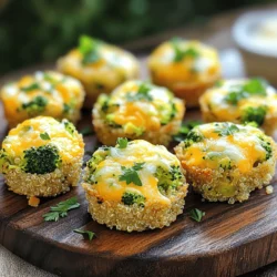 To make Broccoli Cheddar Quinoa Bites, you need simple ingredients. You can find the full recipe above. This dish is both tasty and nutritious. It combines quinoa, broccoli, and cheese in a fun way. Here are the key ingredients you will need: - 1 cup quinoa, rinsed and drained - 2 cups vegetable broth (or water) - 1 cup broccoli florets, finely chopped - 1 cup shredded sharp cheddar cheese - 1/2 cup grated Parmesan cheese - 2 large eggs - 1/4 cup all-purpose flour (or gluten-free flour) - 1/2 teaspoon garlic powder - 1/2 teaspoon onion powder - Salt and pepper to taste - 2 tablespoons olive oil (for greasing) These ingredients work together to create a flavorful snack. The quinoa gives it a nice texture, while the cheese adds creaminess. You can swap some ingredients if needed. Here are some easy swaps: - Use chicken broth instead of vegetable broth for a richer flavor. - If you want a vegan option, replace eggs with flaxseed meal or chia seeds. - Try using a different cheese, like mozzarella or feta, for a unique twist. - If you need a gluten-free version, use gluten-free flour instead of all-purpose flour. These substitutions keep the dish tasty while catering to your needs. Enjoy creating your own version of this snack! To make Broccoli Cheddar Quinoa Bites, start by gathering your ingredients. You will need quinoa, vegetable broth, broccoli, cheeses, eggs, flour, and spices. First, preheat your oven to 375°F (190°C). Lightly grease a muffin tin with olive oil. This helps the bites come out easily after baking. Next, rinse and drain 1 cup of quinoa. In a medium saucepan, combine the quinoa with 2 cups of vegetable broth. Bring it to a boil. Once it boils, lower the heat, cover, and let it simmer for about 15 minutes. The quinoa will absorb all the liquid and become fluffy. While the quinoa cooks, steam 1 cup of broccoli florets until they are tender. This should take about 3-4 minutes. After steaming, let the broccoli cool a bit, then chop it finely. This will mix well with the quinoa. In a large bowl, mix the cooked quinoa, chopped broccoli, 1 cup of shredded sharp cheddar, and 1/2 cup of grated Parmesan cheese. Add 2 large eggs, 1/4 cup of flour, 1/2 teaspoon of garlic powder, and 1/2 teaspoon of onion powder. Season with salt and pepper to taste. Stir everything until well combined. Now, spoon the mixture into the prepared muffin tin. Fill each cup about ¾ full. Bake the bites in the preheated oven for 20-25 minutes. They should turn golden brown and feel firm to the touch when done. Once baked, take them out of the oven. Let them cool for about 5 minutes. Gently remove the bites from the muffin tin. They will hold their shape well if you let them cool a little. For a great presentation, arrange the quinoa bites on a serving platter. You can garnish them with fresh parsley or a sprinkle of extra cheddar cheese. This adds color and a nice touch. Serve them with a zesty sauce or yogurt-based sauce for a tasty dip. Enjoy every bite of your delicious snack! To get a great texture in your quinoa bites, make sure to cook the quinoa properly. Use two cups of vegetable broth for one cup of rinsed quinoa. This adds flavor while keeping it moist. When the quinoa is done, let it cool before mixing in the other ingredients. This helps bind the bites together better. One common mistake is overcooking the quinoa. If you cook it too long, it can turn mushy. Make sure to check it at 15 minutes. Another mistake is not chopping the broccoli finely. Large pieces can make the bites fall apart. Aim for tiny bits to mix in well. Also, don’t skip the eggs. They help hold everything together. For this recipe, you’ll need a few key tools. A medium saucepan works best for cooking quinoa. A large bowl is great for mixing your ingredients. Use a muffin tin to bake the bites evenly. Silicone muffin pans are handy because they make it easy to pop out the bites without sticking. You can find the full recipe [here](#). {{image_2}} You can make your broccoli cheddar quinoa bites even tastier with some add-ins! Try adding cooked bacon bits for a smoky flavor. Chopped sun-dried tomatoes can bring a sweet, tangy taste. You could also mix in some diced bell peppers or jalapeños for a bit of heat. Fresh herbs like parsley or basil can add a fresh touch. Experiment with different cheeses, too! Feta or gouda can add a unique twist. You can easily adapt this recipe to fit your diet. To make it vegan, replace the eggs with flax eggs. Mix one tablespoon of ground flaxseed with three tablespoons of water and let it sit for five minutes. For gluten-free bites, swap all-purpose flour for almond or chickpea flour. Both options work well and keep the bites moist. These quinoa bites are great as a snack or meal. I love serving them warm with a side of marinara sauce. You can also pair them with a creamy ranch dip. For a light meal, serve with a fresh salad. Arrange the bites on a platter and sprinkle some extra cheese on top. A quick squeeze of lemon juice can brighten up the flavors. Try these ideas to make your bites shine! For the full recipe, check out the Broccoli Cheddar Quinoa Bites. To keep your Broccoli Cheddar Quinoa Bites fresh, store them in an airtight container. Let them cool completely before sealing. This helps prevent moisture buildup. Place the container in the fridge. They can last up to four days. If you notice any moisture, use a paper towel to absorb it. Reheating is easy. You can use the oven or microwave. For the oven, set it to 350°F (175°C). Place the bites on a baking sheet. Heat for about 10-15 minutes, until warm. If you use the microwave, heat for 30 seconds at a time. Check often to avoid overcooking. You can freeze Broccoli Cheddar Quinoa Bites for longer storage. After baking, let them cool completely. Then, wrap each bite in plastic wrap. Place the wrapped bites in a freezer bag. They can last for up to three months in the freezer. When you're ready to eat, thaw them in the fridge overnight before reheating. This keeps them tasty and fresh. For full details, check the Full Recipe. Yes, you can use frozen broccoli. Just thaw it first. Chop it finely after thawing. This saves time and still gives great flavor in your broccoli cheddar quinoa bites. These bites last about 4 days in the fridge. Store them in an airtight container. Make sure they cool down before you put them in. This keeps them fresh and tasty for your snack cravings. You can serve these bites with a simple salad or a yogurt dip. A zesty dipping sauce pairs well too. They are great as a snack or a light meal. Enjoy them warm for the best flavor! If you want the full recipe, check out the Full Recipe section above. This blog post covered every aspect of making Broccoli Cheddar Quinoa Bites. We explored the essential ingredients and substitutions. I provided clear, step-by-step cooking instructions for ease. Tips and tricks helped you avoid mistakes and improve texture. We also looked at fun variations and smart storage info. In short, these bites are simple and tasty. You have everything you need to enjoy them! Now, it's your turn to try this easy recipe. Happy cooking!