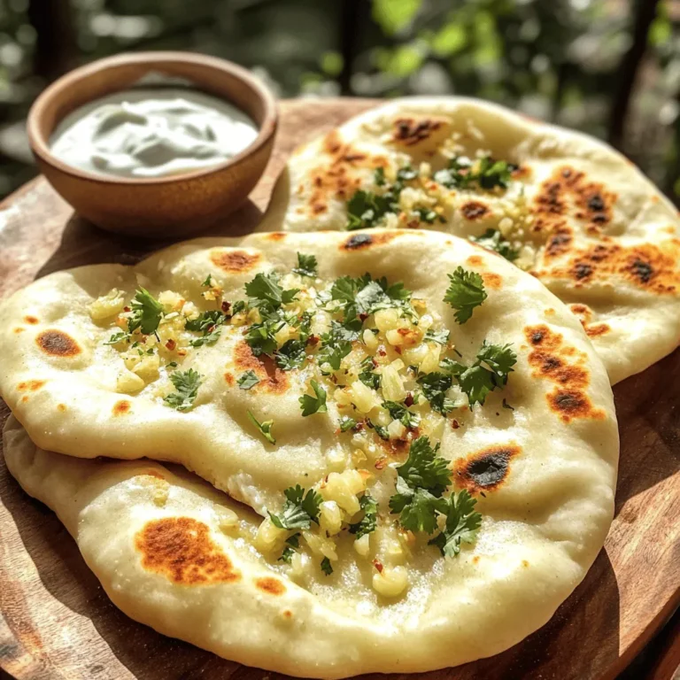 To make quick garlic naan bread, you need these basic items: - 2 cups all-purpose flour - 1 teaspoon baking powder - 1 teaspoon sugar - 1 teaspoon salt - 3/4 cup warm water - 2 tablespoons plain yogurt - 2 tablespoons olive oil - 3 cloves garlic, finely minced - Fresh cilantro or parsley, chopped (for garnish) These ingredients come together to create a soft and tasty naan. The flour is the base, and the warm water helps form the dough. Yogurt adds a nice tang and moisture. If you want to add more flavor, consider these options: - Extra garlic for a stronger taste - A pinch of chili powder for heat - A sprinkle of cumin for a warm note - Fresh herbs like dill or oregano for a twist Feel free to mix and match these extras to make the naan your own. You will need a few tools to make this easy recipe: - A large mixing bowl - A rolling pin for shaping the dough - A skillet for cooking the naan - A spatula for flipping Having these tools ready will help you cook quickly and efficiently. For the full recipe, check out the details above. Enjoy making your naan! To make your garlic naan, start by gathering your ingredients. In a large bowl, mix 2 cups of all-purpose flour, 1 teaspoon of baking powder, 1 teaspoon of sugar, and 1 teaspoon of salt. This mix creates a nice base for your dough. Next, make a well in the center of the dry mix. Pour in 3/4 cup of warm water, 2 tablespoons of yogurt, and 2 tablespoons of olive oil. Stir these together until they form a soft dough. If the dough feels too sticky, add a bit more flour. Knead the dough on a floured surface for about 5 minutes. You want it to be smooth and pliable. Once done, cover it with a damp cloth and let it rest for 15-20 minutes. Resting helps the dough rise and get fluffy. After resting, divide the dough into 4 equal pieces. Roll each piece into a ball. Preheat a skillet over medium-high heat without any oil. Roll out one ball on a floured surface to about 1/4 inch thick. Shape it into an oval for that classic naan look. Place the rolled dough in the hot skillet. Cook for 1-2 minutes or until bubbles form on the top. Flip it over and sprinkle minced garlic on top. Cook for another 1-2 minutes, pressing lightly with a spatula. You want it to be golden brown. Once cooked, remove it from the skillet and brush it with olive oil or melted butter. Repeat the cooking steps with the remaining dough balls. Once done, garnish your naan with chopped cilantro or parsley. This adds a fresh touch! Serve your warm garlic naan with a side of your favorite curry or yogurt sauce. You can arrange them on a platter for a lovely presentation. Enjoy the delightful flavors! For the full recipe, check the section above. To get that soft and chewy texture, use warm water. It helps the dough rise better. Knead the dough until it's smooth. This step is key for the right feel. Let the dough rest for 15-20 minutes. This makes it easier to roll out. I prefer using a skillet on the stovetop. The heat is easy to control. It also gives the naan a nice char. You can use an oven, but I find the skillet gives better flavor. Heat the skillet until it's very hot. This helps the naan cook quickly. Don’t skip the resting time for the dough. It’s important for texture. Also, avoid using too much flour when rolling. This can make the naan tough. Lastly, watch the heat. Too hot, and the bread burns; too low, and it won't cook fast enough. For more delicious ideas, check out the Full Recipe. {{image_2}} You can make garlic naan even better with new flavors. Try adding herbs like oregano or thyme. These herbs blend well with garlic. You can also add spices like cumin or coriander. Just mix them into the dough for a tasty twist. For a spicy kick, try adding red pepper flakes. The heat will make your naan exciting. If you need a gluten-free naan, use gluten-free flour. Almond flour or a gluten-free blend works great. Just follow the same steps in the recipe. The texture may change a bit, but it will still taste good. Remember to add a bit more water if the dough feels dry. Naan pairs well with many dishes. Serve it with a rich curry, like butter chicken or chickpea masala. You can also enjoy it with yogurt dip or hummus. The naan will soak up all the flavors. Try arranging it on a platter with fresh herbs on top. This makes it look pretty and inviting. For the full recipe, click here. To keep your naan fresh, wrap it in foil or parchment paper. Place it in a zip-top bag. This method helps keep it moist. Store it at room temperature for up to two days. If you have more, refrigerate it. Just remember, refrigeration can dry it out. When you want to eat your naan, reheat it carefully. The best way is to use a skillet. Heat the skillet on medium-low. Place the naan in the pan for about 30 seconds. Flip and heat for another 30 seconds. This method helps keep it soft and warm. You can also wrap it in a damp paper towel and microwave it for 15-20 seconds. If you want to keep naan for longer, freezing is a great option. After it cools, stack the naan with parchment paper in between. Wrap the stack in plastic wrap and then in foil. Label it with the date. You can freeze naan for up to three months. When you're ready to eat, thaw it overnight in the fridge. Then reheat as mentioned above. Enjoy your naan just like fresh! Yes, you can make Quick Garlic Naan Bread in advance. After preparing the dough, shape it into balls. Then, wrap them in plastic wrap and store in the fridge for up to 24 hours. This saves time when you want to serve it fresh later. Just roll and cook the naan when you're ready. You can use many herbs to enhance the flavor of the naan. Fresh basil, dill, or thyme work well. Each herb adds a unique taste. Experiment with your favorites to find the perfect mix. Just chop them finely and add them to the dough or sprinkle on top while cooking. If you want to skip yogurt, you can use milk or buttermilk instead. This keeps the naan soft. You can also add a bit of vinegar to regular milk to mimic buttermilk. Another option is to use a vegan yogurt alternative if you prefer a dairy-free option. To reheat naan, use a skillet for the best results. Heat the skillet over medium heat. Add the naan and cover it with a lid for a few minutes. This keeps it soft and warm. You can also use the oven. Wrap the naan in foil and heat at 350°F (175°C) for about 10 minutes. This guide showed you how to make Quick Garlic Naan Bread from scratch. We covered the simple ingredients you need and the tools that can help. Step-by-step, I detailed how to prepare the dough, cook the naan, and add final touches. We also shared tips to get the best texture and avoid common mistakes. Plus, you learned fun variations and how to store leftovers. Now you're ready to impress your family with homemade naan! Enjoy each bite and have fun exploring your own flavors.