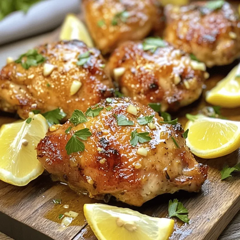 To make this simple lemon garlic chicken, gather these ingredients: - 4 boneless, skinless chicken breasts - 4 cloves garlic, minced - 2 lemons (zested and juiced) - 3 tablespoons olive oil - 1 teaspoon dried thyme - 1 teaspoon dried oregano - Salt and pepper to taste - Fresh parsley, chopped (for garnish) These ingredients work together to create a bright and zesty flavor. The lemon and garlic blend perfectly, making every bite a treat. You can enhance your dish with some optional add-ins. Consider these: - A pinch of red pepper flakes for heat - Fresh rosemary for a fragrant twist - Sliced olives for a briny kick - Cherry tomatoes for added sweetness These add-ins can give your chicken a unique touch and make it more exciting. For this recipe, you'll need some basic kitchen tools: - A large mixing bowl - A baking dish - A sharp knife for slicing - A cutting board - A whisk for mixing the marinade Having these tools ready will help make your cooking process smooth and easy. - Step 1: Preheat the oven Start by preheating your oven to 400°F (200°C). This step warms up the space for even cooking. - Step 2: Marinade preparation In a small bowl, mix together the minced garlic, lemon zest, lemon juice, olive oil, dried thyme, dried oregano, salt, and pepper. This blend creates a bright and tasty marinade. - Step 3: Marinating the chicken Take the chicken breasts and place them in a large resealable plastic bag or a shallow dish. Pour the marinade over the chicken, making sure each piece gets coated. Seal the bag or cover the dish. Let it sit in the fridge for at least 30 minutes. You can also marinate it for up to 2 hours for even more flavor. Once the chicken is marinated, take it out of the fridge. Place the chicken in a baking dish. Bake it in the preheated oven for 25 to 30 minutes. Check for doneness by ensuring the center is no longer pink. The internal temperature should reach 165°F (75°C). After baking, remove the chicken from the oven. Let it rest for about 5 minutes before slicing. For a beautiful presentation, garnish with fresh parsley and add a squeeze of lemon juice. Serve it alongside roasted vegetables or a fresh garden salad for a colorful meal. This dish looks and tastes amazing! You can find the full recipe details in the [Full Recipe]. To cook chicken just right, follow a few key steps. First, let the chicken marinate well. This adds flavor and keeps it juicy. Marinate for at least 30 minutes, but two hours gives the best taste. When cooking, check the internal temperature. Use a meat thermometer. Aim for 165°F (75°C). If you don’t have a thermometer, cut the thickest part to check for pink. You can easily boost the flavor of your lemon garlic chicken. Try adding fresh herbs like rosemary or basil. These add a nice touch. You can also mix in some red pepper flakes for heat. If you like a sweet twist, add honey or maple syrup. This balances the lemon's acidity. How you serve the chicken can make a big difference. After baking, let the chicken rest for five minutes. This keeps it moist. Slice the chicken and arrange it on a colorful plate. Add a side of roasted vegetables or a fresh salad. Place lemon wedges around the chicken for a pop of color. This makes your meal look inviting and tasty. For the full recipe, check the details above! {{image_2}} You can change up the flavors of your lemon garlic chicken. Try adding herbs like rosemary or basil for a fresh taste. For a spicy kick, mix in some red pepper flakes. If you love sweetness, drizzle honey over the chicken before baking. You can also add mustard for a tangy twist. Each change can make a new dish! Not all recipes need the same ingredients. You can swap chicken breasts for thighs if you prefer. If you don’t have fresh lemons, use bottled lemon juice instead. Olive oil can be replaced with avocado oil for a different flavor. If you lack thyme or oregano, any dried herbs can work. Each swap allows you to make this dish your own. You don't have to bake this chicken. Grilling gives it a smoky taste and nice grill marks. Heat your grill to medium-high and cook the chicken for about 6-7 minutes on each side. For a skillet method, heat oil in a pan over medium heat. Cook the chicken for 5-6 minutes on each side, until it reaches 165°F. Each method gives a unique flavor and texture. For the full recipe, check out the complete details above. After you make the lemon garlic chicken, let it cool first. Place the chicken in an airtight container. This keeps it fresh. Store it in the fridge for up to three days. If you want to keep it longer, try freezing it. To reheat, use the oven or a microwave. If using an oven, set it to 350°F (175°C). Place the chicken in a baking dish. Cover it with foil to keep it moist. Heat for about 15 minutes. For the microwave, heat on medium for 2-3 minutes. Check to see if it's hot all the way through. For freezing, wrap each piece tightly in plastic wrap. Then, place the wrapped chicken in a freezer bag. Remove as much air as you can. Label the bag with the date. This chicken can last up to three months in the freezer. When ready to use, thaw it overnight in the fridge. By following these storage tips, you'll enjoy your simple lemon garlic chicken even after the first meal. For the full recipe, check out the earlier sections! The cooking time for chicken breasts is about 25 to 30 minutes at 400°F. This ensures the chicken cooks evenly and stays juicy. Use a meat thermometer to check. The internal temperature should reach 165°F. This way, you know it's safe to eat. Yes, you can use thighs instead of breasts. Thighs have more fat, which makes them tender and juicy. They may need a few extra minutes to cook. Check the internal temperature to be sure they reach 165°F. This will ensure your meal is safe and tasty. To marinate chicken overnight, mix the marinade ingredients as usual. Place the chicken in a resealable bag or a dish. Pour the marinade over the chicken, making sure it covers all sides. Seal the bag or cover the dish. Then, refrigerate it overnight. This adds great flavor to your chicken. Yes, this recipe is gluten-free. All the ingredients, like chicken, garlic, and lemon, have no gluten. If you add any sides or sauces, check their labels to be sure. This way, you can enjoy your meal without worry. If you want to see the complete recipe, check out the Full Recipe for all the details! This blog post covered the key steps to cook chicken perfectly. I shared the ingredients, preparation, and tips. You learned how to enhance flavors and present your dish well. Variations allow you to try different tastes and methods. Plus, proper storage will keep leftovers fresh. In conclusion, with practice and care, you can master cooking chicken every time. Enjoy exploring new flavors and techniques!