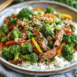 Here’s what you need for a tasty beef and broccoli stir-fry. Each ingredient plays a key role in flavor and texture. - 1 lb (450 g) flank steak, thinly sliced - 4 cups broccoli florets - 1 red bell pepper, sliced - 3 cloves garlic, minced - 2 tablespoons fresh ginger, grated - 3 tablespoons soy sauce - 1 tablespoon oyster sauce - 1 tablespoon cornstarch - 2 tablespoons sesame oil - 1 tablespoon vegetable oil - 1 tablespoon honey - Cooked jasmine rice, for serving - Sesame seeds and sliced green onions for garnish These ingredients combine to create a dish that is both savory and vibrant. The fresh ginger and garlic add depth, while soy and oyster sauce bring umami. I love using flank steak for its tenderness. The broccoli adds a nice crunch and bright color, making the dish visually appealing. For a complete guide on how to prepare this dish, check out the Full Recipe. First, we need to marinate the beef. Take the thinly sliced flank steak and mix it with: - 3 tablespoons soy sauce - 1 tablespoon oyster sauce - 1 tablespoon cornstarch - 1 tablespoon honey This mix makes the beef tender and flavorful. Let it sit for at least 15 minutes. This step is key for getting great taste. While the beef marinates, heat up 1 tablespoon of vegetable oil in a large skillet or wok. Use medium-high heat for the best results. Once hot, add the marinated beef in a single layer. Stir-fry for about 3-4 minutes until the beef turns brown and cooks through. When it’s done, remove the beef from the skillet and set it aside. Next, it’s time for the veggies! Boil some water in a pot. Blanch 4 cups of broccoli florets for about 2 minutes. This keeps them bright green and slightly tender. Drain the broccoli and set it aside. In the same skillet, add 2 tablespoons of sesame oil, 3 cloves of minced garlic, and 2 tablespoons of grated ginger. Stir-fry these for about 30 seconds until you can smell the amazing aroma. Now, toss in the sliced red bell pepper and the blanched broccoli. Stir-fry for another 2-3 minutes. This step coats the veggies in flavor and keeps them crunchy. Return the cooked beef to the skillet. Mix all the ingredients well and cook for another 2 minutes. This helps everything blend together. You can serve this delicious dish over bowls of warm jasmine rice. For a finishing touch, sprinkle sesame seeds and sliced green onions on top. This adds extra flavor and makes it look great too. For the complete recipe, check out the Full Recipe section. To make your beef and broccoli stir-fry stand out, choose the right cut of beef. I recommend flank steak for its tenderness and flavor. It cooks quickly and adds a nice chew. Marination is also key. Let the beef sit in the marinade for at least 15 minutes. This helps the flavors soak in and makes the beef taste amazing. The best method for stir-frying is using a hot skillet or wok. Start with medium-high heat to get a good sear on the beef. Stir-fry in small batches to avoid overcrowding. This keeps the meat juicy. For the veggies, blanch the broccoli first. This step keeps the crunch. Stir-fry the garlic and ginger shortly before adding the vegetables to keep them bright and fresh. Garnishing can elevate your dish. Use sesame seeds and sliced green onions for a pop of color. These small touches make the meal look fancy. For special occasions, serve the stir-fry over fluffy jasmine rice. You can even arrange the beef and broccoli neatly, making it a feast for the eyes. Try these tips to impress your guests! {{image_2}} You can change up the veggies in this dish. Try using snap peas, carrots, or bell peppers. Seasonal produce works great too. In spring, add asparagus. In fall, use Brussels sprouts. Just remember to cut your veggies into similar sizes. This helps them cook evenly. If you want a change from beef, use chicken, tofu, or shrimp. For chicken, use thin slices of breast or thigh. Tofu should be firm and cut into cubes. Shrimp cooks quickly, so reduce your cooking time. Each protein brings a new taste to this dish! To make this dish gluten-free, swap soy sauce for a gluten-free version. You can also use tamari. Check your oyster sauce too—some brands offer gluten-free options. Cornstarch is naturally gluten-free and helps thicken the sauce. Enjoy a tasty meal without worries! After you enjoy your Beef and Broccoli Stir-Fry, let it cool down first. This step helps keep your food safe and tasty. Aim for about 30 minutes at room temperature. Once it's cool, store it in airtight containers. Glass or BPA-free plastic containers work best. They keep your meal fresh and are easy to stack in the fridge. To reheat your leftovers, the best method is using a skillet. Heat it on medium and add a splash of water or broth. This keeps your beef and broccoli moist. Stir often for about 5 minutes until it’s hot. If you're in a hurry, you can also use a microwave. Heat on high for 1-2 minutes, stirring halfway through. Leftovers can last in the refrigerator for up to 3 days. If you want to keep them longer, consider freezing them. Just make sure to thaw them before reheating for the best taste. For more details, check out the Full Recipe. Yes, you can prepare this dish ahead. Marinate the beef in the sauce for up to 24 hours. This will enhance the flavor. Blanch the broccoli and store it in the fridge. You can also chop the garlic and ginger in advance. Keep everything in separate containers. When you’re ready to cook, just stir-fry it all together. This saves you time during a busy weeknight. This stir-fry pairs well with several sides. Cooked jasmine rice is a classic choice. It soaks up the sauce and complements the beef. You could also serve it with steamed rice or fried rice for a twist. A light salad or some spring rolls would add a fresh touch. Consider pickled vegetables for a crunchy contrast. All these sides enhance the meal. If you like heat, there are easy ways to spice it up. Add sliced fresh chili peppers when you stir-fry. You can use jalapeños or serranos for a nice kick. Another option is to mix in chili paste or sauce during cooking. Sriracha also works well. Adjust the amount to your taste. Remember, it’s always best to start small and add more if needed. Yes, this dish is quite healthy. It features lean beef and lots of broccoli. Broccoli is rich in vitamins and fiber. The stir-fry method uses less oil compared to frying. You can also control the amount of soy sauce, keeping sodium in check. This meal is balanced and provides protein, veggies, and healthy fats. Enjoy it guilt-free! For the full recipe, check out the details above. This beef and broccoli stir-fry shines with fresh veggies and tasty flavors. You learned about marinating, cooking, and serving for the best results. With simple tips, you can boost the taste and make it look nice. Swap proteins or veggies for fun variations. Store any leftovers right to enjoy later. Now, you’re ready to create a great meal that will impress everyone! Enjoy your cooking!