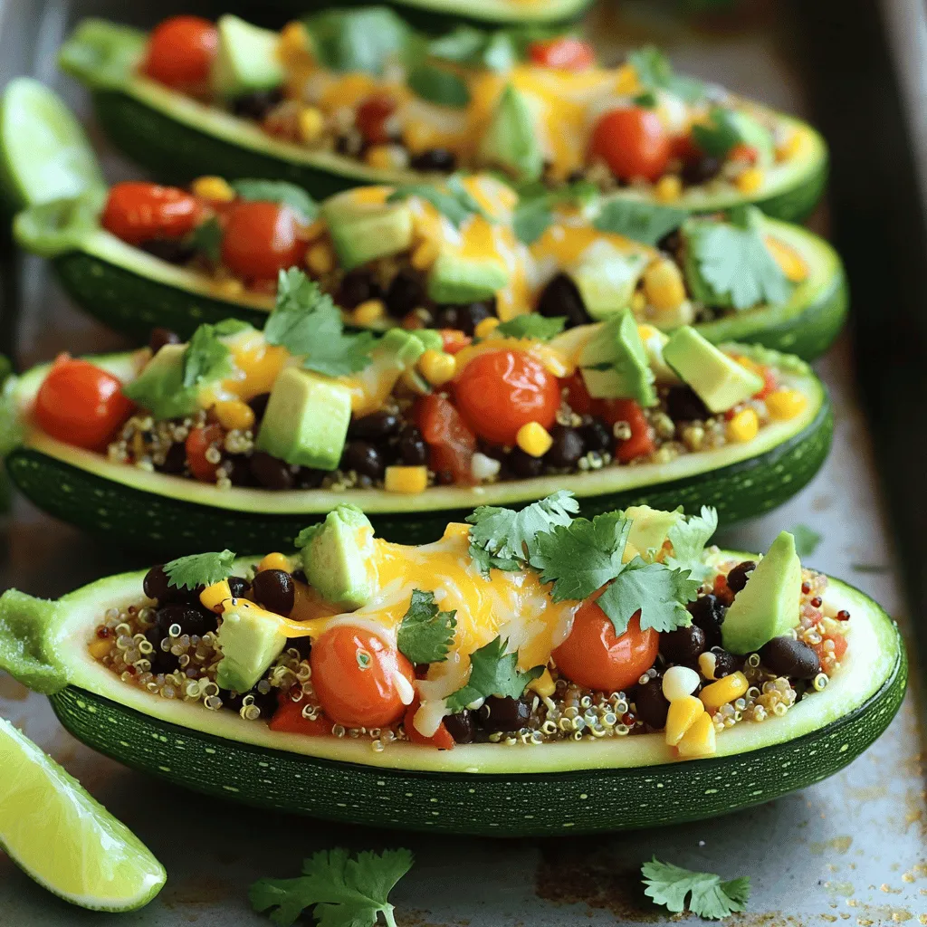 To make delicious zucchini taco boats, gather these items: - 4 medium zucchinis - 1 cup cooked quinoa - 1 can (15 oz) black beans, rinsed and drained - 1 cup corn (fresh or frozen) - 1 cup cherry tomatoes, halved - 1 avocado, diced - 1 teaspoon chili powder - 1 teaspoon cumin - 1 teaspoon garlic powder - Salt and pepper to taste - ½ cup shredded cheese (cheddar or Mexican blend) - ¼ cup fresh cilantro, chopped - Lime wedges for serving These zucchini taco boats are not just tasty; they are also healthy. Each serving offers a good mix of nutrients. You get protein from quinoa and beans. Zucchini adds fiber and vitamins. Avocado gives healthy fats. If you want to count calories, one serving has about 350 calories. This makes it a great meal for lunch or dinner. You can make your zucchini taco boats even better with some fun toppings. Here are a few suggestions: - Salsa for a fresh kick - Sour cream for creaminess - Sliced jalapeños for heat - Extra avocado for richness - Crumbled feta or goat cheese for a tangy flavor Feel free to get creative. The toppings can make each bite unique and exciting! If you want the full recipe, check out the detailed steps above. Start by preheating your oven to 375°F (190°C). Take your zucchinis and slice them in half lengthwise. Use a spoon to scoop out the seeds. This creates the perfect little boats for your filling. Place the zucchini halves cut side up on a baking sheet. This step is key for even cooking. In a large mixing bowl, combine 1 cup of cooked quinoa, 1 can of rinsed black beans, and 1 cup of corn. Add 1 cup of halved cherry tomatoes and 1 diced avocado. Sprinkle in 1 teaspoon of chili powder, cumin, and garlic powder. Don't forget to add salt and pepper to taste. Mix everything well. This filling is colorful and packed with flavor. Now, it’s time to fill those zucchini boats! Spoon the filling into each half, packing it down lightly. Top them with ½ cup of shredded cheese. Bake the zucchini in the preheated oven for 25-30 minutes. You want them tender, and the cheese should be melted and bubbly. After baking, let them cool for a few minutes. Garnish with fresh cilantro and serve with lime wedges for that zesty finish. Enjoy your flavorful meal! For the complete recipe, check out the full recipe section. When picking zucchini, look for firm, shiny skin. Choose smaller zucchinis, as they taste sweeter. Avoid ones that feel soft or have dark spots. Fresh zucchini has a bright color and no blemishes. This ensures the best flavor for your taco boats. You can change up the filling based on what you have. Here are some ideas: - Use cooked rice or farro instead of quinoa. - Add ground turkey or beef for more protein. - Try different beans, like pinto or kidney beans. - Mix in diced bell peppers or onions for extra crunch. The options are endless, so feel free to get creative! Serve your zucchini taco boats with fresh lime wedges. The juice brightens the dish. You can also add toppings like: - Diced jalapeños for heat. - Sour cream or Greek yogurt for creaminess. - Sliced radishes for a nice crunch. - Fresh salsa or guacamole for added flavor. These extras make each bite a delight. For the full recipe, check out the recipe section. {{image_2}} Zucchini taco boats are very easy to make vegetarian or vegan. For a vegetarian twist, use cheese made from milk. You can also add more veggies for flavor. Try bell peppers, mushrooms, or spinach. For a vegan option, skip the cheese. Use a plant-based cheese or leave it out completely. The filling remains delicious without it! Want more heat? Add diced jalapeños or a dash of hot sauce to your filling. If you like it milder, reduce the chili powder. You can also replace it with smoked paprika for a nice flavor without the heat. Adjust the spice level to match your taste buds! Get creative with your fillings! You can add cooked lentils for more protein. Swap black beans for pinto beans or chickpeas if you prefer. Try adding spices like oregano or fresh herbs like basil for a fresh touch. You can even mix in some diced bell peppers or shredded carrots for extra crunch. The options are endless, so have fun experimenting! For the full recipe, check the main section. After enjoying your Zucchini Taco Boats, let them cool down. Place any leftovers in an airtight container. Store them in the fridge. They will stay fresh for about 3 to 4 days. If you want to keep them longer, freezing is a great option. When you're ready to enjoy your leftovers, preheat your oven to 350°F (175°C). Place the zucchini boats on a baking sheet. Cover them with foil to keep them moist. Heat for about 15 to 20 minutes or until warm. You can also use a microwave. Just heat them for about 1 to 2 minutes. Check if they are hot enough before serving. To freeze Zucchini Taco Boats, first, let them cool completely. Wrap each boat tightly in plastic wrap. Then put them in a freezer-safe bag. Remove as much air as possible. They will keep well for up to 3 months. When you’re ready to eat, thaw them overnight in the fridge before reheating. This way, they’ll taste fresh and delicious. Enjoy your meal anytime! For the full recipe, check out the details above. Yes, you can use different proteins in zucchini taco boats. Ground beef, turkey, or chicken work great. If you prefer plant-based options, try lentils or tempeh. Mix and match to fit your taste. Just make sure the protein is cooked before adding it to the filling. Leftover zucchini taco boats last about three days in the fridge. Store them in an airtight container. This keeps the flavors fresh. If you notice any change in smell or texture, it’s best to toss them out. You can make zucchini taco boats ahead of time. Prepare the filling and stuff the zucchini boats. Cover and store them in the fridge for up to 24 hours. When ready to eat, just bake them. This makes dinner quick and easy! For the full recipe, check out the details above. Zucchini taco boats are an easy and tasty dish. We covered the best ingredients, steps to prepare them, and fun toppings. I shared tips for choosing zucchini and creative filling ideas. You can also store leftovers and reheat them easily. Whether you're vegetarian or want to change the spice level, these boats fit your needs. Enjoy making this dish and experimenting with new flavors. Keep it simple, and have fun in the kitchen!