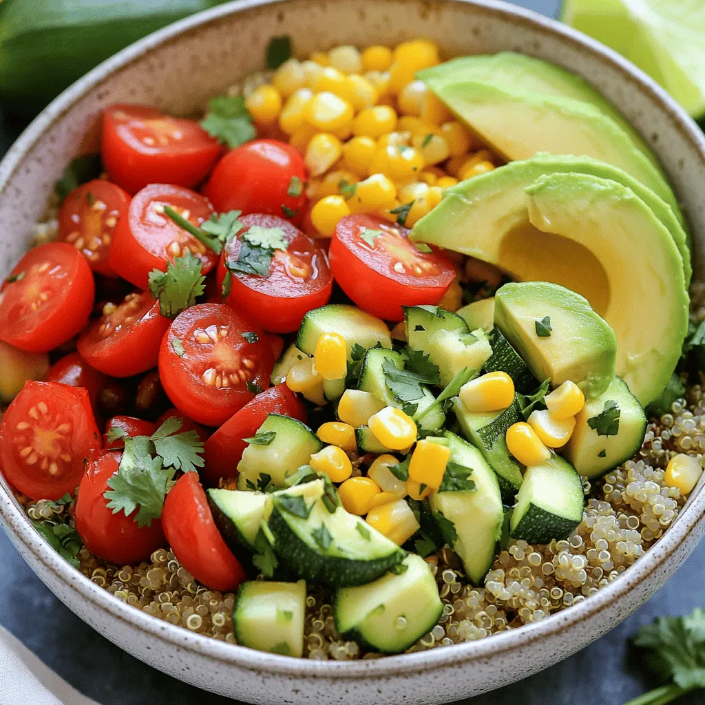 - 1 cup cooked quinoa - 1 red bell pepper, diced - 1 small zucchini, diced - 1 cup cherry tomatoes, halved - 1 avocado, sliced - 1 cup leafy greens (spinach or romaine) - 1 cup corn kernels (fresh, frozen, or canned) - Fresh cilantro (for garnish) - Lime wedges (for serving) - 1 can black beans, rinsed and drained - 1 teaspoon ground cumin - 1 teaspoon paprika - 1 tablespoon olive oil - Salt and pepper to taste Each serving of this veggie burrito bowl has about: - Calories: 350 - Protein: 12g - Carbohydrates: 50g - Fat: 14g - Fiber: 10g Start by gathering all your fresh veggies. Wash them well. Dice the red bell pepper and zucchini into small pieces. This helps them cook evenly. Halve the cherry tomatoes. Set all these aside. They will add color and flavor to your bowl. Heat a large skillet over medium heat. Pour in the olive oil. Once the oil is hot, add the diced bell pepper and zucchini. Sauté them for about 5 minutes until they are soft. Then, add the corn and black beans. Sprinkle in the ground cumin, paprika, salt, and pepper. Stir well to mix everything. Cook this mixture for another 3-4 minutes. Make sure it is heated through. Now, it’s time to build your burrito bowls! Start with a layer of cooked quinoa at the bottom of each serving bowl. Next, add the sautéed veggie and bean mixture on top of the quinoa. Then, pile on some leafy greens and the halved cherry tomatoes. Finish with slices of avocado for creaminess. Don’t forget to garnish with fresh cilantro. Serve with lime wedges on the side for a zesty kick. For the complete recipe, check out the Full Recipe. You can make your veggie burrito bowl unique. Swap quinoa for brown rice or cauliflower rice. Use your favorite beans like pinto or kidney beans. Add different veggies like carrots or broccoli. For a spicy kick, toss in jalapeños. You can even add fruits like mango or pineapple for sweetness. Mix and match until you find your perfect flavor! For the best taste, sauté your vegetables. This method brings out their natural sweetness. Use medium heat so they cook evenly. Stir often to prevent burning. Adding spices early helps infuse flavors. Don't forget to drizzle olive oil when you cook; it makes everything richer. Let the mixture sit for a minute to enhance the taste before serving. Toppings can take your bowl to the next level. Try crunchy tortilla strips or crushed tortilla chips for a crisp bite. Fresh herbs like cilantro or parsley add brightness. A dollop of sour cream or Greek yogurt can add creaminess. For extra zest, squeeze lime juice over the top. You can even sprinkle cheese for a touch of richness. Feel free to experiment with toppings and find what you love! For the complete recipe, check out the Full Recipe section. {{image_2}} You can easily make this dish vegan. All the ingredients in the Easy Veggie Burrito Bowls are plant-based. Use firm tofu in place of beans for extra protein. You can also add more veggies like mushrooms or carrots for variety. This recipe is already gluten-free! Quinoa is a great base that fits this need. If you want more options, try using rice or cauliflower rice instead. Both work well and keep your meal gluten-free. Love heat? Add diced jalapeños or serrano peppers to the veggie mix. You can also use spicy salsa or hot sauce as a topping. For an extra kick, sprinkle in some cayenne pepper while cooking. This will give your burrito bowl a warm, zesty flavor. To keep your veggie burrito bowls fresh, store them in airtight containers. Divide the bowls into single servings. This makes it easy to grab one when you need a quick meal. Keep the toppings, like avocado and cilantro, separate to prevent them from getting mushy. Refrigerate the containers right after the meal to maintain freshness. When you’re ready to enjoy your leftovers, reheat them in the microwave. Place the bowl in for about 1-2 minutes. Stir halfway through to ensure even heating. If you prefer, you can also heat them on the stove. Just add a splash of water and cover the pan. This keeps everything moist and tasty. The cooked quinoa and veggie mixture will last 3-4 days in the fridge. The avocado should be eaten within a day or two for the best flavor and texture. If you want to keep ingredients longer, freeze the quinoa and beans. They can last up to 3 months in the freezer. Just remember to label your containers with the date. Yes, you can use other beans in this recipe. Pinto beans, kidney beans, or chickpeas work well. Each type adds a unique taste and texture. Just remember to rinse and drain canned beans to reduce sodium. You can prep this recipe ahead of time easily. Cook the quinoa and veggies first. Store them in separate containers in the fridge. When you're ready to eat, just combine everything in a bowl. This makes meal time faster and keeps the flavors fresh. Pair your veggie burrito bowl with simple sides. Some great options are tortilla chips with salsa or a fresh fruit salad. You can also serve it with a side of guacamole or a light soup. Each side adds a nice touch to your meal. For the full recipe, check out the Easy Veggie Burrito Bowls instructions above! This post covered all you need to make delicious burrito bowls. We started with fresh ingredients and pantry staples, plus nutrition details. Then, I showed you how to prep veggies, cook the base, and assemble. Customization tips and cooking techniques helped you find your perfect flavor. We also explored vegan options and storage tips to keep meals fresh. You can enjoy these bowls anytime, making them your own. I hope you’re ready to cook up amazing burrito bowls!