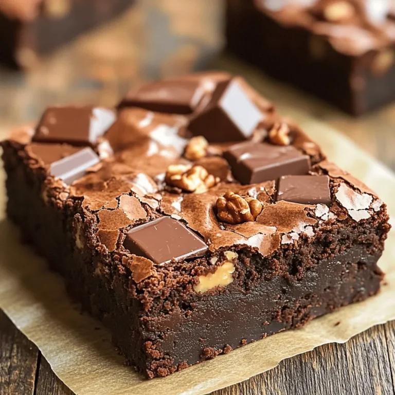 - 1 cup unsalted butter - 1 cup granulated sugar - 1/2 cup packed brown sugar - 4 large eggs - 1 teaspoon vanilla extract - 1 cup all-purpose flour - 1/2 cup unsweetened cocoa powder - 1/2 teaspoon salt - 1/2 teaspoon baking powder - 1 cup chocolate hazelnut spread - 1/2 cup chopped hazelnuts (optional) I love using simple, fresh ingredients to create delicious treats. Each one plays a key role in the flavor and texture of these brownies. The butter gives them richness, while the sugars add sweetness. Eggs make them moist and fluffy. The cocoa powder brings that deep chocolate flavor. I often pick high-quality chocolate hazelnut spread for the best taste. If you want a crunchy bite, add chopped hazelnuts. They also add a nice nutty flavor. - 9x13-inch baking pan - Parchment paper - Medium saucepan - Mixing bowls - Whisk and spatula You need a few basic tools to make this recipe. A 9x13-inch baking pan is perfect for these brownies. Parchment paper helps with easy removal. Use a medium saucepan for melting the butter. Mixing bowls are great for combining wet and dry ingredients. A whisk and spatula make mixing easy and fun. - Prep Time: 15 mins - Cook Time: 25-30 mins - Servings: 16 brownies These brownies are quick to make. You can prep them in just 15 minutes. Once baked, they take 25 to 30 minutes in the oven. You’ll end up with 16 delicious brownies to share or enjoy on your own. Check out the Full Recipe for more details! - Preheat the oven to 350°F (175°C). - Grease and line the baking pan with parchment paper. This helps with easy removal later. - Melt butter in a saucepan over low heat. Keep an eye on it so it doesn't burn. - Stir in granulated and brown sugar until combined. You want it smooth. - Add the eggs one at a time and mix well after each. Then, stir in the vanilla extract. - In another bowl, whisk together flour, cocoa powder, salt, and baking powder. Make sure no lumps remain. - Gradually add the dry mixture to the wet ingredients. Mix just until combined. Overmixing can make the brownies tough. - Fold in the chocolate hazelnut spread. This gives rich flavor and a gooey texture. - Optionally, mix in chopped hazelnuts for extra crunch. They add a nice contrast to the soft brownies. - Pour the batter into the prepared pan. Spread it evenly for even baking. - Bake for 25-30 minutes or until the toothpick test is clean. A few moist crumbs are fine. - Let cool in the pan for 10 minutes. This helps them set. - Transfer to a wire rack to cool completely. Cut into squares for serving. Enjoy your delicious brownies! For the full recipe, check the section above. To make the best brownies, you need to avoid overmixing. Mix just until the ingredients blend well. This keeps your brownies soft and fudgy. The right baking time is also key. Check them at 25 minutes. If a toothpick comes out with moist crumbs, they are done. For a richer taste, add a pinch of espresso powder. This small touch makes a big difference. You can also try different nuts or chocolate chips. Each type brings its own flavor to the brownies. Serve your brownies warm with a scoop of vanilla ice cream. The cold ice cream melts into the warm brownie, creating a perfect treat. You can also drizzle chocolate or caramel sauce on top. This adds extra sweetness and makes your brownies look fancy. For the full recipe, check the section above. {{image_2}} You can easily make these brownies gluten-free. Just substitute the all-purpose flour with a gluten-free blend. Many stores sell good blends. Ensure you check the ingredients for any added flavors or sugars. If you follow a vegan diet, you can still enjoy these brownies. Use a dairy-free butter alternative. Instead of eggs, use flax eggs. To make a flax egg, mix one tablespoon of ground flaxseed with two and a half tablespoons of water. Let it sit for a few minutes until it thickens. Feel free to play with flavors! Try using different chocolate spreads. Almond or peanut butter spreads can add unique twists. Each spread changes the taste and texture. Experiment to find your favorite flavor! Store brownies in an airtight container at room temperature for up to 3 days. This keeps them fresh and tasty. I love to enjoy them on the first day when they are soft and chewy. You can refrigerate brownies for up to a week. If you want to keep them longer, freeze them for up to 3 months. Just wrap each brownie in plastic wrap and place them in a freezer bag. You can enjoy a sweet treat whenever you like! To bring back that warm, fresh-baked taste, warm brownies in the microwave for 10-15 seconds. This makes them soft and gooey, just like when you first baked them. If you want to get fancy, add a scoop of ice cream on top! It’s a delightful way to enjoy your chocolate hazelnut spread brownies. For the complete recipe, check out the Full Recipe section. Yes, you can substitute with hazelnut or peanut butter spreads. Each spread adds a unique flavor. Hazelnut spread gives a rich, nutty taste that pairs well with chocolate. Peanut butter adds a creamy, salty twist. Experiment to find your favorite! Use the toothpick test: insert into the center and ensure it comes out with a few moist crumbs. If it comes out clean, the brownies may be overcooked. Aim for that perfect balance of gooey and set. This method works every time! Absolutely, they keep well in the fridge and can be made a few days before serving. Just store them in an airtight container. This makes it easy for parties or gatherings. You can enjoy them fresh, even days later! Excellent with ice cream, whipped cream, or fresh berries. Ice cream adds cold creaminess. Whipped cream adds lightness. Fresh berries give a fruity contrast. Each pairing enhances the rich brownie flavor. Enjoy creating your perfect dessert plate! We explored how to make delicious chocolate hazelnut spread brownies. You learned about key ingredients, tools, and even variations. Remember, the right mix of wet and dry ingredients makes the best brownies. With a few tips, you can enhance flavor and texture. Enjoy these treats fresh or store them for later. No matter how you serve them, these brownies will impress. You now have everything you need to bake perfectly fudgy brownies!